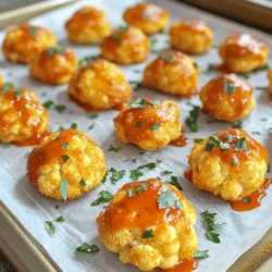 To make Buffalo Cauliflower Bites, you need fresh ingredients. Here’s what you will need: - 1 large head of cauliflower, cut into bite-sized florets - 1 cup all-purpose flour (or gluten-free flour) - 1 cup water - 1 teaspoon garlic powder - 1 teaspoon onion powder - 1 teaspoon smoked paprika - 1/2 teaspoon salt - 1/2 teaspoon black pepper - 1 cup Buffalo sauce (store-bought or homemade) - 2 tablespoons melted butter (optional, for richness) - Fresh parsley, finely chopped (for garnish) These ingredients come together to create a tasty snack. Cauliflower is the star here. It absorbs the spicy sauce well. You can use gluten-free flour for a different option. The garlic and onion powders give good flavor. Smoked paprika adds a nice touch. Melted butter makes the sauce richer, but it's not a must. Fresh parsley brightens the dish and adds color. These ingredients are easy to find, making this recipe fun to prepare. For the full recipe, check out the link provided. First, gather your ingredients. You will need a large head of cauliflower and some basic pantry items. This recipe is quick and easy, making it perfect for any snack time. Set your oven to 450°F (230°C) and line your baking sheet with parchment paper. 1. In a large bowl, whisk together the flour, water, garlic powder, onion powder, smoked paprika, salt, and black pepper. Mix until smooth. The batter should be thick enough to coat the cauliflower. 2. Cut the cauliflower into bite-sized florets. Dip each floret into the batter. Make sure to let any extra batter drip off. 3. Place the coated florets on the baking sheet. Do not overcrowd them; this helps them get crispy. 4. Bake the cauliflower for 20-25 minutes. You want them golden brown and crispy on the outside. 5. While the cauliflower bakes, mix the Buffalo sauce with melted butter in a bowl until combined. This adds richness to the sauce. 6. Once the cauliflower is done baking, take it out and toss the florets in the Buffalo sauce mixture. Make sure each piece is fully coated. 7. Return the coated florets to the baking sheet and bake again for 10 more minutes. This step crisps up the sauce. After the second bake, remove the cauliflower from the oven. Let them cool slightly, then garnish with freshly chopped parsley. This adds a nice pop of color. Serve with ranch or blue cheese dressing for dipping. Enjoy your Buffalo Cauliflower Bites! For the complete recipe, check the Full Recipe link. To get that perfect crunch, you need the right batter. Use equal parts flour and water for a thick coat. If you want more crispiness, add a little cornstarch to the flour. Make sure to preheat your oven to 450°F (230°C). This heat helps the batter fry and crisp nicely. Spread the cauliflower florets out on the baking sheet. If they touch, they won’t crisp up well. Bake until golden brown, then toss in the sauce for a crispy finish. Buffalo sauce is key, but you can amp up the flavor. Try adding more spices to the batter. Cumin, cayenne, or even a splash of lemon juice can work wonders. Want a kick? Add more garlic powder. If you love smoke, use smoked paprika or a dash of liquid smoke. You can also mix in a bit of ranch seasoning to the sauce for extra zest. Experiment with different sauces for new flavors, too! Using the right tools makes cooking easier. A large mixing bowl helps when making the batter. A whisk ensures no lumps and a smooth mix. Use a baking sheet lined with parchment paper for easy cleanup. A good-quality baking sheet will help with even cooking. If you own an air fryer, that’s a great option too! It can give you the same crispy texture with less oil. For serving, small bowls for dips like ranch or blue cheese are perfect. For the full recipe, check out the [Full Recipe]. {{image_2}} You can change up the flavor of your Buffalo cauliflower bites by using different sauces. If you love heat, try a spicy sriracha sauce. For a smoky twist, use a chipotle sauce. You can even mix BBQ sauce with Buffalo sauce for a sweet and spicy kick. Don't be afraid to experiment! Each sauce gives a unique taste that can please any crowd. Making Buffalo cauliflower bites gluten-free is easy. Just swap out the all-purpose flour for a good gluten-free flour blend. For a vegan version, you can skip the melted butter or use a plant-based butter. Your bites will still be tasty and full of flavor. These simple swaps allow everyone to enjoy this snack without worry. Want to boost the flavor? Add more spices to the batter! Try using cayenne pepper for heat, or add cumin for a warm, earthy note. You might also sprinkle in some dried herbs like oregano or thyme. Mixing in nutritional yeast can give a cheesy flavor without the dairy. These small changes can take your Buffalo cauliflower bites to a whole new level. For the complete recipe, see [Full Recipe]. After you enjoy your Buffalo cauliflower bites, store leftovers in an airtight container. They will stay fresh in the fridge for about 3 to 4 days. Make sure they cool down before sealing them. This keeps them from getting soggy. If you want to keep them longer, consider freezing. To reheat your bites, use an oven for the best results. Preheat your oven to 350°F (175°C). Place the cauliflower bites on a baking sheet. Heat them for about 10 to 15 minutes. This will help make them crispy again. You can also use a toaster oven if you prefer. Avoid the microwave, as it can make them soft. If you want to freeze your Buffalo cauliflower bites, do it before adding the sauce. Place the uncooked battered florets on a baking sheet. Freeze them for about an hour to set. Then, transfer them to a freezer bag. They can stay frozen for up to 3 months. When you’re ready to cook, bake them straight from the freezer. Just add a few extra minutes to the cooking time. For the sauce, you can make it fresh or freeze it separately. This way, you have a quick snack ready whenever you want. For the full recipe, check out the original instructions above. To add heat, use more Buffalo sauce. You can also mix in cayenne pepper. Another option is to choose a hotter sauce. If you enjoy extra flavor, try adding crushed red pepper flakes to the batter. Yes, you can prepare the batter ahead of time. Just keep it in the fridge. Make sure to stir it before using. This will keep the flavors fresh. However, I recommend using it within 24 hours for the best taste. Buffalo Cauliflower Bites pair well with many sides. Here are some favorites: - Celery sticks with ranch dressing - Carrot sticks for crunch - A fresh garden salad for balance - Homemade potato wedges for a hearty option - A creamy coleslaw for a cool contrast These sides enhance the tasty bites and make a lovely spread. For the full recipe, check out the complete guide to Buffalo Cauliflower Bites. Buffalo cauliflower bites are easy to make with a few ingredients. You learned how to prep, cook, and serve them for a tasty dish. Remember tips for the best texture and flavor. You can swap in different sauces and adjust for diets. Store leftovers correctly and reheat for the best taste. Enjoy these bites at your next gathering or snack time. They are sure to impress!