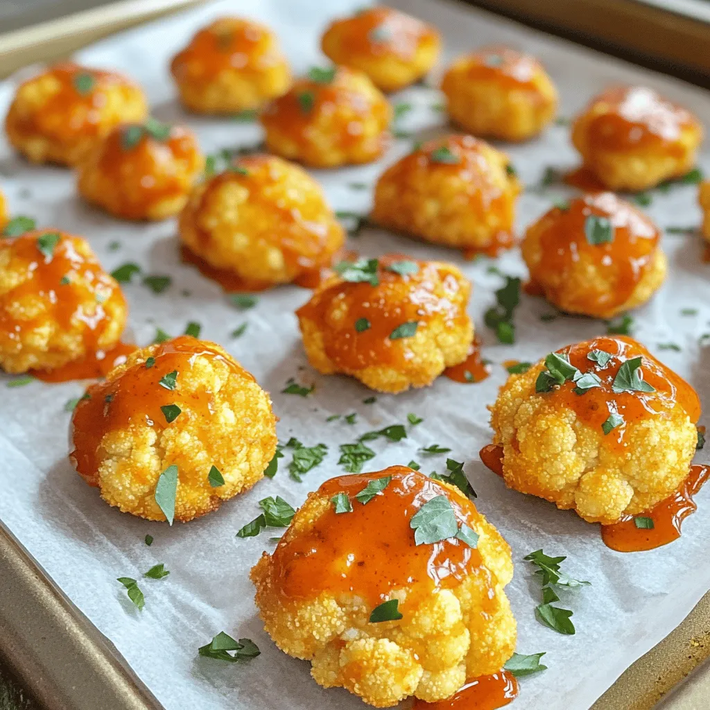 To make Buffalo Cauliflower Bites, you need fresh ingredients. Here’s what you will need: - 1 large head of cauliflower, cut into bite-sized florets - 1 cup all-purpose flour (or gluten-free flour) - 1 cup water - 1 teaspoon garlic powder - 1 teaspoon onion powder - 1 teaspoon smoked paprika - 1/2 teaspoon salt - 1/2 teaspoon black pepper - 1 cup Buffalo sauce (store-bought or homemade) - 2 tablespoons melted butter (optional, for richness) - Fresh parsley, finely chopped (for garnish) These ingredients come together to create a tasty snack. Cauliflower is the star here. It absorbs the spicy sauce well. You can use gluten-free flour for a different option. The garlic and onion powders give good flavor. Smoked paprika adds a nice touch. Melted butter makes the sauce richer, but it's not a must. Fresh parsley brightens the dish and adds color. These ingredients are easy to find, making this recipe fun to prepare. For the full recipe, check out the link provided. First, gather your ingredients. You will need a large head of cauliflower and some basic pantry items. This recipe is quick and easy, making it perfect for any snack time. Set your oven to 450°F (230°C) and line your baking sheet with parchment paper. 1. In a large bowl, whisk together the flour, water, garlic powder, onion powder, smoked paprika, salt, and black pepper. Mix until smooth. The batter should be thick enough to coat the cauliflower. 2. Cut the cauliflower into bite-sized florets. Dip each floret into the batter. Make sure to let any extra batter drip off. 3. Place the coated florets on the baking sheet. Do not overcrowd them; this helps them get crispy. 4. Bake the cauliflower for 20-25 minutes. You want them golden brown and crispy on the outside. 5. While the cauliflower bakes, mix the Buffalo sauce with melted butter in a bowl until combined. This adds richness to the sauce. 6. Once the cauliflower is done baking, take it out and toss the florets in the Buffalo sauce mixture. Make sure each piece is fully coated. 7. Return the coated florets to the baking sheet and bake again for 10 more minutes. This step crisps up the sauce. After the second bake, remove the cauliflower from the oven. Let them cool slightly, then garnish with freshly chopped parsley. This adds a nice pop of color. Serve with ranch or blue cheese dressing for dipping. Enjoy your Buffalo Cauliflower Bites! For the complete recipe, check the Full Recipe link. To get that perfect crunch, you need the right batter. Use equal parts flour and water for a thick coat. If you want more crispiness, add a little cornstarch to the flour. Make sure to preheat your oven to 450°F (230°C). This heat helps the batter fry and crisp nicely. Spread the cauliflower florets out on the baking sheet. If they touch, they won’t crisp up well. Bake until golden brown, then toss in the sauce for a crispy finish. Buffalo sauce is key, but you can amp up the flavor. Try adding more spices to the batter. Cumin, cayenne, or even a splash of lemon juice can work wonders. Want a kick? Add more garlic powder. If you love smoke, use smoked paprika or a dash of liquid smoke. You can also mix in a bit of ranch seasoning to the sauce for extra zest. Experiment with different sauces for new flavors, too! Using the right tools makes cooking easier. A large mixing bowl helps when making the batter. A whisk ensures no lumps and a smooth mix. Use a baking sheet lined with parchment paper for easy cleanup. A good-quality baking sheet will help with even cooking. If you own an air fryer, that’s a great option too! It can give you the same crispy texture with less oil. For serving, small bowls for dips like ranch or blue cheese are perfect. For the full recipe, check out the [Full Recipe]. {{image_2}} You can change up the flavor of your Buffalo cauliflower bites by using different sauces. If you love heat, try a spicy sriracha sauce. For a smoky twist, use a chipotle sauce. You can even mix BBQ sauce with Buffalo sauce for a sweet and spicy kick. Don't be afraid to experiment! Each sauce gives a unique taste that can please any crowd. Making Buffalo cauliflower bites gluten-free is easy. Just swap out the all-purpose flour for a good gluten-free flour blend. For a vegan version, you can skip the melted butter or use a plant-based butter. Your bites will still be tasty and full of flavor. These simple swaps allow everyone to enjoy this snack without worry. Want to boost the flavor? Add more spices to the batter! Try using cayenne pepper for heat, or add cumin for a warm, earthy note. You might also sprinkle in some dried herbs like oregano or thyme. Mixing in nutritional yeast can give a cheesy flavor without the dairy. These small changes can take your Buffalo cauliflower bites to a whole new level. For the complete recipe, see [Full Recipe]. After you enjoy your Buffalo cauliflower bites, store leftovers in an airtight container. They will stay fresh in the fridge for about 3 to 4 days. Make sure they cool down before sealing them. This keeps them from getting soggy. If you want to keep them longer, consider freezing. To reheat your bites, use an oven for the best results. Preheat your oven to 350°F (175°C). Place the cauliflower bites on a baking sheet. Heat them for about 10 to 15 minutes. This will help make them crispy again. You can also use a toaster oven if you prefer. Avoid the microwave, as it can make them soft. If you want to freeze your Buffalo cauliflower bites, do it before adding the sauce. Place the uncooked battered florets on a baking sheet. Freeze them for about an hour to set. Then, transfer them to a freezer bag. They can stay frozen for up to 3 months. When you’re ready to cook, bake them straight from the freezer. Just add a few extra minutes to the cooking time. For the sauce, you can make it fresh or freeze it separately. This way, you have a quick snack ready whenever you want. For the full recipe, check out the original instructions above. To add heat, use more Buffalo sauce. You can also mix in cayenne pepper. Another option is to choose a hotter sauce. If you enjoy extra flavor, try adding crushed red pepper flakes to the batter. Yes, you can prepare the batter ahead of time. Just keep it in the fridge. Make sure to stir it before using. This will keep the flavors fresh. However, I recommend using it within 24 hours for the best taste. Buffalo Cauliflower Bites pair well with many sides. Here are some favorites: - Celery sticks with ranch dressing - Carrot sticks for crunch - A fresh garden salad for balance - Homemade potato wedges for a hearty option - A creamy coleslaw for a cool contrast These sides enhance the tasty bites and make a lovely spread. For the full recipe, check out the complete guide to Buffalo Cauliflower Bites. Buffalo cauliflower bites are easy to make with a few ingredients. You learned how to prep, cook, and serve them for a tasty dish. Remember tips for the best texture and flavor. You can swap in different sauces and adjust for diets. Store leftovers correctly and reheat for the best taste. Enjoy these bites at your next gathering or snack time. They are sure to impress!