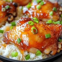 To make Honey Garlic Chicken Thighs, you need a few simple ingredients. Each one plays a vital role in creating that sweet and savory flavor. - 4 bone-in, skin-on chicken thighs - 1/4 cup honey - 1/4 cup soy sauce (low sodium) - 4 cloves garlic, minced - 1 tablespoon fresh ginger, grated - 1 tablespoon apple cider vinegar - 1 teaspoon sesame oil - Salt and black pepper to taste - 2 tablespoons chopped green onions (for garnish) - Cooked jasmine rice (for serving) These ingredients come together to create a dish that is full of flavor. The honey provides sweetness, while the soy sauce adds depth. Garlic and ginger bring warmth and zest. The vinegar and sesame oil add balance and richness. This recipe is both easy and quick, making it perfect for any weeknight dinner. You can find the full recipe above to guide you through the cooking process. To start, we need to make the marinade. Grab a mixing bowl and whisk together these ingredients: - 1/4 cup honey - 1/4 cup low-sodium soy sauce - 4 cloves garlic, minced - 1 tablespoon fresh ginger, grated - 1 tablespoon apple cider vinegar - 1 teaspoon sesame oil - Salt and black pepper to taste Whisk until everything mixes well. This balance of sweet and salty gives the chicken great flavor. Now it's time to marinate the chicken thighs. Place 4 bone-in, skin-on chicken thighs in a large resealable bag or dish. Pour half of the marinade over them. Make sure each thigh gets coated. You can save the other half for later. Seal the bag or cover the dish, then refrigerate it for at least 30 minutes. For the best flavor, marinate for up to 2 hours. First, preheat your oven to 400°F (200°C). This will help cook the chicken evenly. Next, heat a drizzle of oil in an oven-safe skillet over medium-high heat. Take the chicken thighs out of the marinade and place them skin-side down in the skillet. Sear them for about 5-7 minutes. You want the skin golden brown and crispy. After that, flip the chicken thighs over. Pour the reserved marinade over the chicken thighs. Move the skillet to the oven and bake for 25-30 minutes. The chicken should be cooked through, reaching an internal temperature of 165°F (75°C). For a nice glaze, switch the oven to broil. Broil the chicken for an extra 3-5 minutes. This makes the sauce bubbly and caramelized. Watch closely so it doesn't burn. After cooking, let the chicken rest for a few minutes before serving. Enjoy your meal over cooked jasmine rice, drizzled with sauce, and garnished with chopped green onions. To get tender chicken, start with the right cooking temperature. Aim for an internal temperature of 165°F. Use a meat thermometer to check. This ensures your chicken is safe to eat. Resting the chicken is also key. Let it sit for a few minutes after cooking. This helps the juices stay inside, making each bite moist. Want to kick up the taste? Add spices like crushed red pepper or black pepper. A pinch of smoked paprika can give a nice depth. Fresh ingredients always beat dried ones. Fresh garlic and ginger are great choices. They boost flavor more than dried versions. Pair your honey garlic chicken thighs with jasmine rice. The rice soaks up all the tasty sauce. You can also try serving it with steamed veggies. For a nice touch, garnish with chopped green onions. A sprinkle adds color and a fresh taste. Enjoy your beautiful meal! If you want the full recipe, check it out! {{image_2}} You can swap regular honey for low-sugar honey alternatives. Look for brands that cut sugar but keep taste. For soy sauce, choose gluten-free options. This way, you can enjoy the meal without gluten. If you want to use chicken breasts or drumsticks, it works well too. Chicken breasts cook faster, so watch the time carefully. Drumsticks need a bit more heat and time to cook through. To add a kick, try adding spices like red pepper flakes or smoked paprika. Fresh herbs like basil or cilantro can brighten the dish. Experimenting with flavors can make this meal exciting. For the full recipe, check the link and get cooking! To keep your honey garlic chicken thighs fresh, start by refrigerating leftovers right away. Place them in an airtight container. This way, they stay juicy and flavorful. You can store them in the fridge for up to four days. If you want to save them for longer, freezing is a great option. Use freezer-safe bags or containers. Make sure to remove as much air as possible before sealing. When it's time to enjoy your leftovers, reheating properly is key. The best method is to use an oven or stovetop. Preheat your oven to 350°F (175°C). Place the chicken thighs in a baking dish. Add a splash of water or broth to keep them moist. Cover with foil to avoid drying out. Heat for about 20 minutes or until hot. If using the stovetop, warm them in a skillet over medium heat. Flip occasionally to keep them juicy and flavorful. In the fridge, honey garlic chicken thighs last up to four days. If you freeze them, they can stay safe for about three months. Always check for signs of spoilage before eating. Look for off smells, discoloration, or a slimy texture. If you notice any of these, it's best to toss them. Keeping an eye on these factors helps ensure that your meal remains tasty and safe. To check if chicken thighs are cooked, use a meat thermometer. Insert it into the thickest part of the thigh. The safe internal temperature is 165°F (75°C). If you don't have a thermometer, cut into the meat. The juices should run clear, and the meat should no longer be pink. Yes, you can use boneless chicken thighs. You will need to adjust cooking time. Boneless thighs cook faster. Bake them for about 20-25 minutes at 400°F (200°C). Make sure they also reach 165°F (75°C) before serving. The best way to marinate chicken is to use a zip-top bag or a shallow dish. Pour the marinade over the chicken, making sure it coats all sides. Let it sit in the fridge for at least 30 minutes. For more flavor, marinate for up to 2 hours. This helps the chicken absorb the tastes. You can find the full recipe for Honey Garlic Chicken Thighs in the recipe section. It includes all the steps and tips for making this dish perfectly. This article covered everything you need for making Honey Garlic Chicken Thighs. We explored ingredients, marinade steps, and cooking methods. Remember, the key to tender, juicy chicken is proper cooking and resting. You can add spices and herbs for your unique flavor. For leftovers, store and reheat wisely for the best taste. Enjoy experimenting with variations or serving it with your favorite sides. This dish is simple, tasty, and sure to impress!