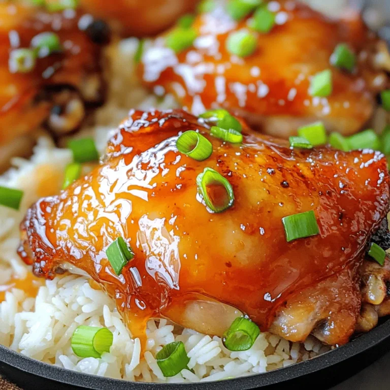 To make Honey Garlic Chicken Thighs, you need a few simple ingredients. Each one plays a vital role in creating that sweet and savory flavor. - 4 bone-in, skin-on chicken thighs - 1/4 cup honey - 1/4 cup soy sauce (low sodium) - 4 cloves garlic, minced - 1 tablespoon fresh ginger, grated - 1 tablespoon apple cider vinegar - 1 teaspoon sesame oil - Salt and black pepper to taste - 2 tablespoons chopped green onions (for garnish) - Cooked jasmine rice (for serving) These ingredients come together to create a dish that is full of flavor. The honey provides sweetness, while the soy sauce adds depth. Garlic and ginger bring warmth and zest. The vinegar and sesame oil add balance and richness. This recipe is both easy and quick, making it perfect for any weeknight dinner. You can find the full recipe above to guide you through the cooking process. To start, we need to make the marinade. Grab a mixing bowl and whisk together these ingredients: - 1/4 cup honey - 1/4 cup low-sodium soy sauce - 4 cloves garlic, minced - 1 tablespoon fresh ginger, grated - 1 tablespoon apple cider vinegar - 1 teaspoon sesame oil - Salt and black pepper to taste Whisk until everything mixes well. This balance of sweet and salty gives the chicken great flavor. Now it's time to marinate the chicken thighs. Place 4 bone-in, skin-on chicken thighs in a large resealable bag or dish. Pour half of the marinade over them. Make sure each thigh gets coated. You can save the other half for later. Seal the bag or cover the dish, then refrigerate it for at least 30 minutes. For the best flavor, marinate for up to 2 hours. First, preheat your oven to 400°F (200°C). This will help cook the chicken evenly. Next, heat a drizzle of oil in an oven-safe skillet over medium-high heat. Take the chicken thighs out of the marinade and place them skin-side down in the skillet. Sear them for about 5-7 minutes. You want the skin golden brown and crispy. After that, flip the chicken thighs over. Pour the reserved marinade over the chicken thighs. Move the skillet to the oven and bake for 25-30 minutes. The chicken should be cooked through, reaching an internal temperature of 165°F (75°C). For a nice glaze, switch the oven to broil. Broil the chicken for an extra 3-5 minutes. This makes the sauce bubbly and caramelized. Watch closely so it doesn't burn. After cooking, let the chicken rest for a few minutes before serving. Enjoy your meal over cooked jasmine rice, drizzled with sauce, and garnished with chopped green onions. To get tender chicken, start with the right cooking temperature. Aim for an internal temperature of 165°F. Use a meat thermometer to check. This ensures your chicken is safe to eat. Resting the chicken is also key. Let it sit for a few minutes after cooking. This helps the juices stay inside, making each bite moist. Want to kick up the taste? Add spices like crushed red pepper or black pepper. A pinch of smoked paprika can give a nice depth. Fresh ingredients always beat dried ones. Fresh garlic and ginger are great choices. They boost flavor more than dried versions. Pair your honey garlic chicken thighs with jasmine rice. The rice soaks up all the tasty sauce. You can also try serving it with steamed veggies. For a nice touch, garnish with chopped green onions. A sprinkle adds color and a fresh taste. Enjoy your beautiful meal! If you want the full recipe, check it out! {{image_2}} You can swap regular honey for low-sugar honey alternatives. Look for brands that cut sugar but keep taste. For soy sauce, choose gluten-free options. This way, you can enjoy the meal without gluten. If you want to use chicken breasts or drumsticks, it works well too. Chicken breasts cook faster, so watch the time carefully. Drumsticks need a bit more heat and time to cook through. To add a kick, try adding spices like red pepper flakes or smoked paprika. Fresh herbs like basil or cilantro can brighten the dish. Experimenting with flavors can make this meal exciting. For the full recipe, check the link and get cooking! To keep your honey garlic chicken thighs fresh, start by refrigerating leftovers right away. Place them in an airtight container. This way, they stay juicy and flavorful. You can store them in the fridge for up to four days. If you want to save them for longer, freezing is a great option. Use freezer-safe bags or containers. Make sure to remove as much air as possible before sealing. When it's time to enjoy your leftovers, reheating properly is key. The best method is to use an oven or stovetop. Preheat your oven to 350°F (175°C). Place the chicken thighs in a baking dish. Add a splash of water or broth to keep them moist. Cover with foil to avoid drying out. Heat for about 20 minutes or until hot. If using the stovetop, warm them in a skillet over medium heat. Flip occasionally to keep them juicy and flavorful. In the fridge, honey garlic chicken thighs last up to four days. If you freeze them, they can stay safe for about three months. Always check for signs of spoilage before eating. Look for off smells, discoloration, or a slimy texture. If you notice any of these, it's best to toss them. Keeping an eye on these factors helps ensure that your meal remains tasty and safe. To check if chicken thighs are cooked, use a meat thermometer. Insert it into the thickest part of the thigh. The safe internal temperature is 165°F (75°C). If you don't have a thermometer, cut into the meat. The juices should run clear, and the meat should no longer be pink. Yes, you can use boneless chicken thighs. You will need to adjust cooking time. Boneless thighs cook faster. Bake them for about 20-25 minutes at 400°F (200°C). Make sure they also reach 165°F (75°C) before serving. The best way to marinate chicken is to use a zip-top bag or a shallow dish. Pour the marinade over the chicken, making sure it coats all sides. Let it sit in the fridge for at least 30 minutes. For more flavor, marinate for up to 2 hours. This helps the chicken absorb the tastes. You can find the full recipe for Honey Garlic Chicken Thighs in the recipe section. It includes all the steps and tips for making this dish perfectly. This article covered everything you need for making Honey Garlic Chicken Thighs. We explored ingredients, marinade steps, and cooking methods. Remember, the key to tender, juicy chicken is proper cooking and resting. You can add spices and herbs for your unique flavor. For leftovers, store and reheat wisely for the best taste. Enjoy experimenting with variations or serving it with your favorite sides. This dish is simple, tasty, and sure to impress!