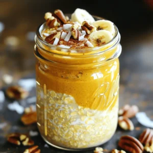 - 1 cup rolled oats - 1 cup almond milk (or any milk of choice) - 1/2 cup canned pumpkin puree - 1 tablespoon maple syrup (adjust to taste) - 1 teaspoon pumpkin spice (or a mix of cinnamon, nutmeg, and ginger) - 1/4 teaspoon vanilla extract - 1 tablespoon chia seeds - A pinch of salt To create these pumpkin spice overnight oats, I love using rolled oats. They soak up the flavors well. Almond milk gives it a creamy texture, but feel free to use any milk you enjoy. Canned pumpkin puree adds that rich, fall flavor. Maple syrup sweetens the oats just right. I always add pumpkin spice to bring warmth and depth. For extra flavor, I use a splash of vanilla extract. Chia seeds add texture and healthy fats. A pinch of salt balances the sweetness. - Chopped pecans - Sliced banana - Coconut flakes I often top my oats with chopped pecans for crunch. Sliced bananas add natural sweetness and creaminess. Coconut flakes bring a tropical twist. You can mix and match to suit your taste. This recipe is so flexible. You can adjust ingredients based on what you have. Want more sweetness? Add more maple syrup. Want it heartier? Toss in some nuts. You can find the full recipe for these delicious oats above. To make pumpkin spice overnight oats, start by gathering your ingredients. You will need rolled oats, almond milk, canned pumpkin puree, maple syrup, pumpkin spice, vanilla extract, chia seeds, and a pinch of salt. 1. In a medium-sized mixing bowl, combine the rolled oats, almond milk, pumpkin puree, maple syrup, pumpkin spice, vanilla extract, chia seeds, and salt. 2. Stir all the ingredients together until well combined. Make sure there are no clumps of oats or pumpkin. This will help the flavors blend well. After mixing, it's time to store your oats. 1. Transfer the mixture into an airtight container or individual jars. This makes it easy to serve later. 2. Seal the containers tightly and refrigerate. Let them soak overnight, or for at least four hours. This soaking lets the oats absorb the liquid and flavors, making them creamy and tasty. In the morning, you can enjoy your delicious oats. 1. Give the oats a good stir before serving. If they feel too thick, add a splash of almond milk. This will help reach your desired consistency. 2. Top your oats with freshly chopped pecans, sliced bananas, or a sprinkle of coconut flakes. These add great texture and flavor. You can enjoy your pumpkin spice overnight oats straight from the jar or transfer them to a bowl. This recipe truly makes breakfast cozy and nourishing. For the full recipe, check out the details above. To get the right texture, focus on the oats' absorption. Use rolled oats, as they soak up liquid well. If the mixture feels too thick, add a splash of almond milk in the morning. This makes it creamier. For sweetness, start with one tablespoon of maple syrup. Taste the mix before adding more. You can adjust it based on your preference. A little goes a long way, so add slowly. Spices can take your oats to the next level. Besides pumpkin spice, try adding a pinch of cinnamon or nutmeg. These spices add warmth and depth. You can also mix in nut butter for a richer flavor. Almond or peanut butter works great. Just stir in a tablespoon when you mix the ingredients. It adds creaminess and healthy fats. Making a batch saves time on busy mornings. You can prepare these oats for the week. Just double or triple the recipe. Store each serving in jars or containers. For storage, keep them in the fridge. They stay fresh for up to five days. When you're ready to eat, just stir and add toppings. These oats are super easy to grab and go. For the full recipe, check out the details above. {{image_2}} You can change pumpkin spice overnight oats to fit the season. For a twist, try apple pie spice overnight oats. Just swap the pumpkin spice with apple pie spice. This gives you that warm, sweet flavor of fall. You can add chopped apples for extra texture. Another fun option is chocolate pumpkin spice oats. Mix in cocoa powder with your pumpkin puree. This adds a rich chocolatey taste. It's a great way to enjoy two flavors at once. If you're vegan, you can easily swap the milk. Use almond milk or oat milk instead. For sweetening, agave syrup works well too. This keeps your oats plant-based and tasty. Need gluten-free options? Use gluten-free oats. They taste just as good and keep your recipe safe for everyone. Always check the labels to ensure no gluten sneaks in. Toppings can make your oats even better. Try adding nuts and seeds like almonds or sunflower seeds. They add crunch and healthy fats. You can also mix in different fruits. Berries, sliced apples, or even bananas work great. This adds freshness and a boost of flavor to your oats. These variations let you enjoy pumpkin spice overnight oats in many ways. Check out the Full Recipe for more details and tips! Pumpkin spice overnight oats are a great make-ahead breakfast. When stored correctly, they last up to five days in the fridge. Always use an airtight container to keep them fresh. To check for spoilage, look for any off smell or change in color. If the oats seem dry or hard, they may not be good to eat. You can freeze prepared oats if you want to store them longer. Just pour the mixture into freezer-safe containers. Leave some space at the top because they will expand as they freeze. To thaw, move them to the fridge overnight. If you need them fast, you can leave them out for a couple of hours. When ready to eat, reheat in the microwave. Add a splash of milk to get the right texture. Enjoy your cozy pumpkin spice overnight oats! For the full recipe, check out the ingredients and instructions above. Pumpkin spice overnight oats can last for up to five days in the fridge. Store them in airtight containers to keep them fresh. Always check for any signs of spoilage before eating. If they smell off or look strange, toss them out. Yes, you can use quick oats. However, quick oats absorb more liquid and may become mushy. Rolled oats give a heartier texture and hold up well overnight. If you prefer a softer texture, quick oats work fine. Just remember the difference in texture when choosing your oats. Absolutely! These oats are perfect for meal prep. You can make a batch for the week. Just prepare them in jars and store them in the fridge. In the morning, grab a jar and enjoy a quick, healthy breakfast. It saves time on busy mornings and keeps you nourished. For the full recipe, check out the earlier section. Pumpkin spice overnight oats are simple to make and tasty to enjoy. You learned about the main ingredients and how to prepare them step-by-step. I shared tips for the best texture and flavor, plus ideas for personal touches. These oats are great for any time of year, not just fall. With easy storage options, you can have breakfast ready all week. Enjoy making your own version and savor each bite!