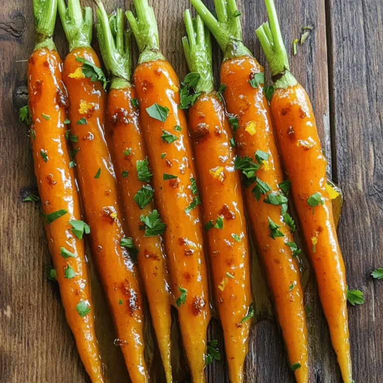 - 1 lb baby carrots or whole carrots (cut into sticks) - 1/4 cup freshly squeezed orange juice - 2 tablespoons honey - 1 tablespoon butter - 1/2 teaspoon ground cinnamon - 1/4 teaspoon nutmeg - Salt and pepper to taste - 1 tablespoon fresh parsley (for garnish) - Medium saucepan - Cutting board and knife - Measuring cups and spoons To make orange glazed carrots, you need simple and fresh ingredients. I like using baby carrots for their sweet taste and tender bite. If you choose whole carrots, cut them into sticks. Freshly squeezed orange juice adds brightness. Honey gives a nice sweetness. Butter adds richness to the glaze. Ground cinnamon and nutmeg bring warmth and depth. Don't forget salt and pepper to balance the flavors. Lastly, fresh parsley makes a lovely garnish. To prepare your ingredients, you need a few tools. A medium saucepan is essential for cooking the carrots and making the glaze. A cutting board and knife help you chop the carrots easily. Measuring cups and spoons ensure you get the right amounts for each ingredient. With these tools and ingredients, you can create a tasty side dish for any meal. Check out the Full Recipe for step-by-step instructions. To start, you need to prepare the carrots. If you choose whole carrots, first peel them with a vegetable peeler. Then, slice them into sticks about 1/4 inch thick. This size helps them cook evenly. For baby carrots, the job is even easier. Just wash them under cold water. There’s no need to peel or cut them. They are ready to go as they are. Next, it’s time to cook the carrots. Fill a medium saucepan with water and bring it to a boil. Once boiling, add the carrots. Cook them for about 5 to 7 minutes. You want them tender but still a bit crisp. To check if the carrots are done, poke one with a fork. It should go in easily but still have a little bite. If they are too soft, they may lose their nice texture. Now, let’s make the orange glaze. In the same saucepan, melt 1 tablespoon of butter over medium heat. Once melted, add 1/4 cup of freshly squeezed orange juice and 2 tablespoons of honey. Next, stir in 1/2 teaspoon of ground cinnamon and 1/4 teaspoon of nutmeg. Keep stirring until everything mixes well. Bring the glaze to a simmer. Simmer it for about 3 to 5 minutes until it thickens slightly. You want a nice, smooth glaze that coats the back of a spoon. Finally, it’s time to glaze the carrots. Add your drained carrots to the saucepan with the glaze. Cook them for another 5 minutes while gently stirring. This helps the glaze coat the carrots evenly. Once done, transfer the glazed carrots to a serving dish. For a pop of color, sprinkle 1 tablespoon of chopped fresh parsley on top. This adds freshness and makes your dish look lovely. For the full recipe, check the details above. Enjoy your tasty orange glazed carrots! To get the best glaze, cooking times matter. If you use baby carrots, boil them for 5-7 minutes. For whole carrots, cut them into sticks and cook for 8-10 minutes. This helps them stay crisp and bright. You can adjust the sweetness with honey. If you like it sweeter, add more honey. If you want it less sweet, use less. Remember, the orange juice already adds a nice touch of sweetness. Orange glazed carrots pair well with many main dishes. Try them with roasted chicken or grilled fish. They also work great with a cozy beef stew. For a special touch, serve the carrots on a colorful plate. A sprinkle of fresh parsley adds a nice pop of color. Overcooking is a common mistake. Carrots should be tender but still firm. Keep an eye on them while cooking. Balancing flavors is key. Too much spice can overpower the dish. Use just enough salt and pepper to enhance the sweetness. If you feel adventurous, add a pinch of ginger for extra zing. {{image_2}} You can switch up the sweetener if you want. Maple syrup works well. It adds a nice flavor. Brown sugar is another option. Both give the carrots a rich taste. You can also try different herbs and spices. Thyme or rosemary can add depth. They pair well with the orange flavor. A pinch of ginger can bring a spicy kick. Experiment to find what you like best! Want to make this dish vegan? Simply swap honey for agave syrup. It gives the same sweetness without the honey. If you need a gluten-free option, there’s good news! The recipe is naturally gluten-free. Just make sure all ingredients are gluten-free. This way, everyone can enjoy them! Get creative with your carrots! You can add other veggies for color and taste. Try green beans or peas. They blend well with the orange glaze. For family gatherings or holiday dinners, serve these carrots in a nice bowl. Add some extra parsley on top for a pop of green. You can even put them on a large platter with other sides. This makes your table look festive and inviting! To store leftover orange glazed carrots, place them in an airtight container. This keeps them fresh. You can refrigerate them for up to four days. If you want to keep them longer, freezing is an option. When reheating, avoid losing texture. You can warm them on the stove over low heat. Stir gently to keep the glaze intact. Aim for a temperature of 165°F for best results. This ensures they are safe to eat and delicious. You can freeze orange glazed carrots, but they may lose some texture. To freeze, place them in a freezer-safe bag. Remove as much air as possible. When ready to eat, defrost in the fridge overnight. Reheat them gently on the stove or in the microwave. This method helps maintain flavor and quality. To balance the sweetness, cut back on honey. You can also add a splash of vinegar, like apple cider vinegar. This will bring a nice tang to the dish. Another idea is to add spices like black pepper or cayenne pepper. They can help cut through the sweetness and give the dish more depth. Yes, you can use frozen carrots! They are handy and save time. Frozen carrots are often blanched, so they cook quicker than fresh ones. Keep in mind they may be softer. If you prefer a firmer bite, reduce the cooking time. Presentation matters! Use a white serving dish for contrast. Arrange the carrots in a circular pattern for a nice look. Sprinkle fresh parsley on top for color. This adds a pop of green and makes the dish more inviting. You can prepare them a day before. Just cook the carrots and glaze them. Then, store them in an airtight container in the fridge. When ready to serve, reheat them on the stove. Add a splash of water to prevent them from drying out. Absolutely! Orange glazed carrots are great for meal prep. They keep well in the fridge and taste good reheated. You can pair them with many dishes, making them a versatile side. Just store them in single-serving containers for easy access during the week. Orange glazed carrots are a simple, tasty dish. You learned about the key ingredients, like carrots and orange juice. I shared step-by-step instructions for prepping, cooking, and glazing. Tips helped you avoid common mistakes and achieve the perfect flavor. You can also explore variations to suit your taste or diet. These carrots are great for any meal. Their vibrant color and sweet taste can brighten up your table. Enjoy making and serving this dish at gatherings or weeknight dinners. Happy cooking!
