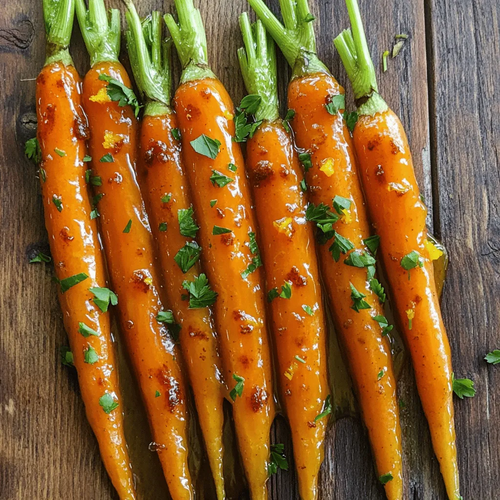 - 1 lb baby carrots or whole carrots (cut into sticks) - 1/4 cup freshly squeezed orange juice - 2 tablespoons honey - 1 tablespoon butter - 1/2 teaspoon ground cinnamon - 1/4 teaspoon nutmeg - Salt and pepper to taste - 1 tablespoon fresh parsley (for garnish) - Medium saucepan - Cutting board and knife - Measuring cups and spoons To make orange glazed carrots, you need simple and fresh ingredients. I like using baby carrots for their sweet taste and tender bite. If you choose whole carrots, cut them into sticks. Freshly squeezed orange juice adds brightness. Honey gives a nice sweetness. Butter adds richness to the glaze. Ground cinnamon and nutmeg bring warmth and depth. Don't forget salt and pepper to balance the flavors. Lastly, fresh parsley makes a lovely garnish. To prepare your ingredients, you need a few tools. A medium saucepan is essential for cooking the carrots and making the glaze. A cutting board and knife help you chop the carrots easily. Measuring cups and spoons ensure you get the right amounts for each ingredient. With these tools and ingredients, you can create a tasty side dish for any meal. Check out the Full Recipe for step-by-step instructions. To start, you need to prepare the carrots. If you choose whole carrots, first peel them with a vegetable peeler. Then, slice them into sticks about 1/4 inch thick. This size helps them cook evenly. For baby carrots, the job is even easier. Just wash them under cold water. There’s no need to peel or cut them. They are ready to go as they are. Next, it’s time to cook the carrots. Fill a medium saucepan with water and bring it to a boil. Once boiling, add the carrots. Cook them for about 5 to 7 minutes. You want them tender but still a bit crisp. To check if the carrots are done, poke one with a fork. It should go in easily but still have a little bite. If they are too soft, they may lose their nice texture. Now, let’s make the orange glaze. In the same saucepan, melt 1 tablespoon of butter over medium heat. Once melted, add 1/4 cup of freshly squeezed orange juice and 2 tablespoons of honey. Next, stir in 1/2 teaspoon of ground cinnamon and 1/4 teaspoon of nutmeg. Keep stirring until everything mixes well. Bring the glaze to a simmer. Simmer it for about 3 to 5 minutes until it thickens slightly. You want a nice, smooth glaze that coats the back of a spoon. Finally, it’s time to glaze the carrots. Add your drained carrots to the saucepan with the glaze. Cook them for another 5 minutes while gently stirring. This helps the glaze coat the carrots evenly. Once done, transfer the glazed carrots to a serving dish. For a pop of color, sprinkle 1 tablespoon of chopped fresh parsley on top. This adds freshness and makes your dish look lovely. For the full recipe, check the details above. Enjoy your tasty orange glazed carrots! To get the best glaze, cooking times matter. If you use baby carrots, boil them for 5-7 minutes. For whole carrots, cut them into sticks and cook for 8-10 minutes. This helps them stay crisp and bright. You can adjust the sweetness with honey. If you like it sweeter, add more honey. If you want it less sweet, use less. Remember, the orange juice already adds a nice touch of sweetness. Orange glazed carrots pair well with many main dishes. Try them with roasted chicken or grilled fish. They also work great with a cozy beef stew. For a special touch, serve the carrots on a colorful plate. A sprinkle of fresh parsley adds a nice pop of color. Overcooking is a common mistake. Carrots should be tender but still firm. Keep an eye on them while cooking. Balancing flavors is key. Too much spice can overpower the dish. Use just enough salt and pepper to enhance the sweetness. If you feel adventurous, add a pinch of ginger for extra zing. {{image_2}} You can switch up the sweetener if you want. Maple syrup works well. It adds a nice flavor. Brown sugar is another option. Both give the carrots a rich taste. You can also try different herbs and spices. Thyme or rosemary can add depth. They pair well with the orange flavor. A pinch of ginger can bring a spicy kick. Experiment to find what you like best! Want to make this dish vegan? Simply swap honey for agave syrup. It gives the same sweetness without the honey. If you need a gluten-free option, there’s good news! The recipe is naturally gluten-free. Just make sure all ingredients are gluten-free. This way, everyone can enjoy them! Get creative with your carrots! You can add other veggies for color and taste. Try green beans or peas. They blend well with the orange glaze. For family gatherings or holiday dinners, serve these carrots in a nice bowl. Add some extra parsley on top for a pop of green. You can even put them on a large platter with other sides. This makes your table look festive and inviting! To store leftover orange glazed carrots, place them in an airtight container. This keeps them fresh. You can refrigerate them for up to four days. If you want to keep them longer, freezing is an option. When reheating, avoid losing texture. You can warm them on the stove over low heat. Stir gently to keep the glaze intact. Aim for a temperature of 165°F for best results. This ensures they are safe to eat and delicious. You can freeze orange glazed carrots, but they may lose some texture. To freeze, place them in a freezer-safe bag. Remove as much air as possible. When ready to eat, defrost in the fridge overnight. Reheat them gently on the stove or in the microwave. This method helps maintain flavor and quality. To balance the sweetness, cut back on honey. You can also add a splash of vinegar, like apple cider vinegar. This will bring a nice tang to the dish. Another idea is to add spices like black pepper or cayenne pepper. They can help cut through the sweetness and give the dish more depth. Yes, you can use frozen carrots! They are handy and save time. Frozen carrots are often blanched, so they cook quicker than fresh ones. Keep in mind they may be softer. If you prefer a firmer bite, reduce the cooking time. Presentation matters! Use a white serving dish for contrast. Arrange the carrots in a circular pattern for a nice look. Sprinkle fresh parsley on top for color. This adds a pop of green and makes the dish more inviting. You can prepare them a day before. Just cook the carrots and glaze them. Then, store them in an airtight container in the fridge. When ready to serve, reheat them on the stove. Add a splash of water to prevent them from drying out. Absolutely! Orange glazed carrots are great for meal prep. They keep well in the fridge and taste good reheated. You can pair them with many dishes, making them a versatile side. Just store them in single-serving containers for easy access during the week. Orange glazed carrots are a simple, tasty dish. You learned about the key ingredients, like carrots and orange juice. I shared step-by-step instructions for prepping, cooking, and glazing. Tips helped you avoid common mistakes and achieve the perfect flavor. You can also explore variations to suit your taste or diet. These carrots are great for any meal. Their vibrant color and sweet taste can brighten up your table. Enjoy making and serving this dish at gatherings or weeknight dinners. Happy cooking!