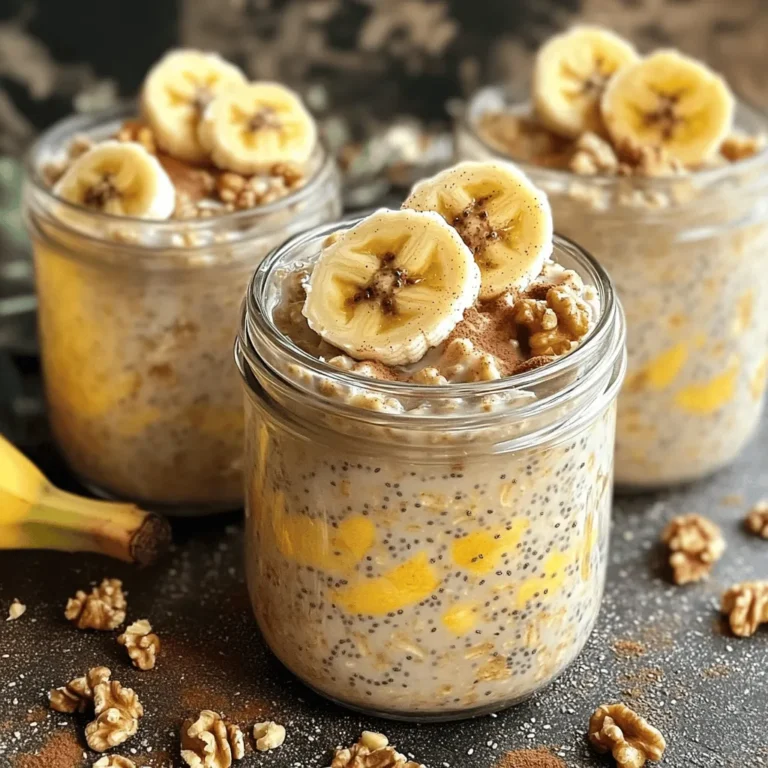 - 1 cup rolled oats - 1 ripe banana, mashed - 1 cup almond milk (or milk of choice) - 1/2 teaspoon cinnamon - 1 tablespoon maple syrup (or honey) - 1 tablespoon chia seeds - 1/4 cup walnuts, chopped - 1/4 cup raisins (optional) - Pinch of salt - Additional banana slices and sprinkle of cinnamon for topping Banana bread overnight oats combine flavors we all love. These ingredients create a fun and simple meal. The oats give you good fiber. The banana adds sweetness. You can use almond milk, but any milk works well. I use cinnamon to give it warmth. Maple syrup or honey adds extra sweetness. Chia seeds help thicken the mix and add nutrition. Walnuts add crunch, and raisins can be a sweet surprise. When you gather these items, the magic begins. You will mix the ingredients and let them sit. The oats soak up the flavors, and the chia seeds expand. This makes for a filling breakfast. You can find the full recipe for making banana bread overnight oats. Enjoy making this tasty dish! To make banana bread overnight oats, start by gathering your ingredients. In a medium bowl, combine: - 1 cup rolled oats - 1 ripe banana, mashed - 1 cup almond milk (or milk of choice) - 1/2 teaspoon cinnamon - 1 tablespoon maple syrup (or honey) - 1 tablespoon chia seeds - Pinch of salt Mix these ingredients well. Ensure everything is evenly incorporated. Next, fold in: - 1/4 cup walnuts, chopped - 1/4 cup raisins (optional) This step adds crunch and sweetness to your oats. Now, it’s time to store your mixture. Divide it into two jars or airtight containers. Seal them well after filling. Place the jars in the refrigerator overnight. This allows the oats to soak up the liquid and the chia seeds to thicken the mix. In the morning, take out your jars. Stir the oats well. If the mixture seems too thick, add a splash more almond milk for your desired consistency. For a tasty finish, top your oats with some banana slices and a sprinkle of cinnamon. This adds flavor and makes your dish look beautiful. Enjoy your healthy breakfast! To make your banana bread overnight oats truly shine, start with ripe bananas. They add natural sweetness and great flavor. If you want it sweeter, adjust the maple syrup. You can add more or less, based on your taste. Serve the oats in clear jars. This shows off the lovely layers. Garnish them with banana slices and walnuts for extra flair. A sprinkle of cinnamon on top makes it look even better. If your oats turn out too thick, simply add more milk. This will help reach your desired consistency. For a creamier texture, let the oats soak longer in the fridge. The longer they sit, the creamier they become. {{image_2}} You can easily change the taste of your banana bread overnight oats. One fun twist is to add cocoa powder. This gives your oats a rich chocolate flavor, making breakfast feel like dessert. Just mix in one tablespoon of cocoa powder with the other ingredients. Another great way is to incorporate nut butter. This makes your oats creamier and adds a nutty taste. Almond butter or peanut butter works well. Simply stir in a tablespoon of your favorite nut butter before refrigerating. If you need a vegan option, you can use dairy-free milk. Almond milk, oat milk, or coconut milk are all great choices. They keep the oats creamy and tasty. For those avoiding nuts, you can substitute walnuts with seeds. Sunflower seeds or pumpkin seeds add a nice crunch and are nut-free. Just swap the walnuts for the seeds in the same amount. You can also play with seasonal flavors. In fall, try adding pumpkin puree. This gives your oats a warm, cozy taste. Just mix in 1/4 cup of pumpkin puree with the other ingredients before chilling. In summer, include fresh berries. Blueberries, strawberries, or raspberries add a burst of flavor. Toss in a handful of your favorite berries just before serving for a refreshing touch. For the full recipe, check the section above! You can store banana bread overnight oats in the fridge for up to five days. This makes it a great meal prep choice. I recommend using airtight containers or jars. They help keep your oats fresh and tasty. Glass jars work best because they are easy to clean and look nice. Yes, you can freeze banana bread overnight oats! It’s a smart way to save time. To freeze, place the oats in a freezer-safe container. Leave some space at the top, as they will expand when frozen. When you’re ready to eat, thaw them in the fridge overnight. For quick thawing, you can use the microwave. Just heat in short bursts and stir. To tell if your oats have gone bad, check for smell and texture. If they smell sour or look moldy, throw them away. Always use clean hands or utensils when serving to keep them safe. If you see any signs of spoilage, it’s best to skip eating them. Enjoy your banana bread overnight oats fresh and safe! To make banana bread overnight oats, follow these steps: 1. In a medium bowl, combine the rolled oats, mashed banana, almond milk, cinnamon, maple syrup, chia seeds, and a pinch of salt. Mix well until everything is blended. 2. Fold in the chopped walnuts and raisins. This adds texture and flavor. 3. Divide the oat mixture into two jars or airtight containers. Seal them tightly after filling. 4. Refrigerate the jars overnight or for at least four hours. This lets the oats soak up the liquid. 5. In the morning, stir the oats. If the mixture feels too thick, add a little more almond milk until you like the texture. 6. Top with banana slices and a sprinkle of cinnamon before you enjoy. This recipe is easy and quick, taking just about ten minutes to prepare. You can find the full recipe above. Yes, you can prepare banana bread overnight oats in advance. The best way is to make them the night before. This gives the oats time to soak and thicken. You can store the jars in the fridge for up to three days. Just keep the toppings separate until you serve. This way, they stay fresh and look nice. Banana bread overnight oats are packed with nutrition. Here are some benefits: - Fiber: Oats and bananas provide a good source of fiber. This helps digestion and keeps you full. - Vitamins: Bananas are rich in vitamins like B6 and C. They also add natural sweetness. - Healthy Fats: Walnuts add healthy fats and protein. This supports heart health. - Calcium: Almond milk gives you calcium, which is good for bones. Overall, this dish is a balanced meal that fuels your day. If you do not have chia seeds, don't worry! You can use several options to thicken your oats: - Flaxseeds: Ground flaxseeds work well. They add fiber and omega-3s. - Greek Yogurt: This adds creaminess and protein. Just mix it in with the other ingredients. - Mashed Avocado: For a unique twist, try mashed avocado. It gives healthy fats and a smooth texture. These substitutes keep your oats thick and tasty! You can create delicious banana bread overnight oats with simple ingredients and steps. First, combine oats, banana, almond milk, and spices. Then, let them chill overnight. Enjoy your oats topped with fresh banana slices or other fun add-ins. Remember, you can adapt this recipe to your taste. Experiment with flavors and storage options. These oats are easy, healthy, and great for busy days. With just a bit of creativity, you make a satisfying breakfast every time. Happy preparing!