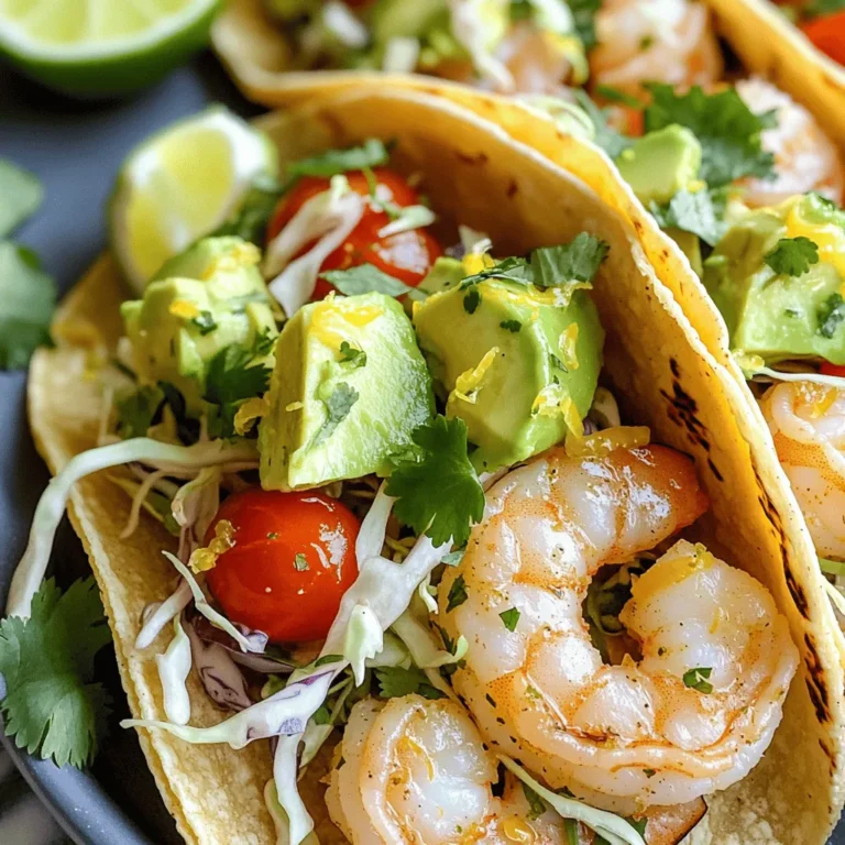 For Zesty Lemon Garlic Shrimp Tacos, you will need: - 1 pound large shrimp, peeled and deveined - 3 tablespoons olive oil - 4 cloves garlic, minced - Zest and juice of 2 lemons - 1 teaspoon smoked paprika - 1 teaspoon cumin - Salt and black pepper to taste - 8 small corn tortillas - 1 cup cabbage, finely shredded - ½ cup cherry tomatoes, halved - 1 avocado, sliced - Fresh cilantro, for garnish - Lime wedges, for serving Start with fresh shrimp for the best taste. Peel and devein them before cooking. Mince the garlic finely; this helps it mix well with the shrimp. Grate the lemon zest lightly. Zesting too hard can give a bitter flavor. Use fresh lemons for juice, as they give the best flavor. Slice the avocado just before serving to keep it fresh. You can add a few extra ingredients for more flavor. Try diced jalapeños for some heat. Add a splash of lime juice for extra tang. You can also sprinkle some queso fresco for a creamy touch. Fresh radishes can give a nice crunch, too. If you like herbs, try adding some fresh dill or mint. These options can make your tacos even tastier! For the full recipe, check the details provided above. To make these zesty lemon garlic shrimp tacos, start by mixing the shrimp and marinade. In a bowl, combine: - 1 pound large shrimp, peeled and deveined - 3 tablespoons olive oil - 4 cloves garlic, minced - Zest and juice of 2 lemons - 1 teaspoon smoked paprika - 1 teaspoon cumin - Salt and black pepper to taste Mix well so the shrimp gets coated. Next, heat a large skillet over medium-high heat. Add the shrimp in a single layer. Cook for 2-3 minutes on each side. You want them to turn opaque. Once done, take them off the heat. While the shrimp cooks, warm the tortillas. You can do this in a separate skillet or over an open flame. Just heat them until they are soft and warm. To assemble your tacos, take a tortilla and place a few pieces of shrimp inside. Add shredded cabbage, halved cherry tomatoes, and sliced avocado on top. To cook shrimp perfectly, avoid overcrowding the skillet. Give each piece space to cook evenly. Use medium-high heat for a nice sear. Make sure the shrimp turn pink and opaque. This shows they are done. Cooking shrimp too long makes them chewy. Warming tortillas is simple but key. You can use a skillet or an open flame. For a skillet, heat it on medium for a minute. Place the tortilla in for a few seconds on each side. If using the flame, hold the tortilla with tongs for a few seconds. Both methods make them soft and warm. Enjoy your tacos with fresh lime wedges and zesty flavors. For the full recipe, check the above section. To make the best Zesty Lemon Garlic Shrimp Tacos, use fresh shrimp. Fresh shrimp gives a better taste than frozen. When cooking, don’t overcrowd the pan. This helps the shrimp cook evenly. Use high heat to get a nice sear on them. It adds flavor and keeps them juicy. One common mistake is overcooking shrimp. Cook them just until they turn opaque. This usually takes 2-3 minutes per side. Another mistake is not seasoning enough. Make sure to add salt and pepper to taste. Don't skip the lemon juice; it brightens all the flavors. Start with a good marinade. Combine olive oil, garlic, lemon zest, lemon juice, smoked paprika, and cumin. Let the shrimp sit in this mix for at least 15 minutes. This allows the flavors to soak in. When cooking, taste a piece. Adjust seasoning as needed; you want it vibrant and zesty. For the full recipe, check out the Zesty Lemon Garlic Shrimp Tacos. {{image_2}} You can add heat easily. Just mix in some sliced jalapeños or red pepper flakes. This makes your tacos pop with flavor. The spice balances well with the lemon and garlic. You will love the kick! Adjust the heat to your taste. Not a fan of shrimp? No problem! Swap shrimp for grilled veggies like zucchini or bell peppers. You can also use hearty mushrooms. They absorb the lemon and garlic flavors nicely. This change keeps the dish zesty and fun. It's an easy way to enjoy the same great taste without seafood. Toppings can change your taco game. Try adding fresh mango salsa for sweetness. It pairs well with the zesty shrimp. You can also use a spicy chipotle sauce for an extra punch. Don't forget about sour cream or Greek yogurt for creaminess. Each topping adds a new layer of flavor. Feel free to mix and match until you find your favorite combo. Enjoy exploring! To keep your leftover tacos, wrap them tightly in foil or plastic wrap. This keeps them fresh and tasty. Store them in the fridge for up to two days. If you have extra shrimp, store them in an airtight container. They will last for three days. When you're ready to eat the tacos, remove them from the fridge. Heat a skillet over medium heat. Place the tacos in the skillet for about 2-3 minutes. This warms them nicely. If you only have shrimp, heat them in the skillet until they are warm. You can also use the microwave, but this may make the tortillas soft. You can freeze the shrimp for later use. Place the cooked shrimp in a freezer bag. Make sure to remove as much air as possible. They can stay in the freezer for up to three months. When you're ready to use them, thaw in the fridge overnight. Then, reheat as mentioned above. For the full recipe, check out Zesty Lemon Garlic Shrimp Tacos. To make Zesty Lemon Garlic Shrimp Tacos from scratch, start with fresh shrimp. You’ll need to mix shrimp with olive oil, minced garlic, lemon zest, lemon juice, smoked paprika, cumin, salt, and black pepper. Let the shrimp marinate for at least 10 minutes. Cook the shrimp in a hot skillet for 2-3 minutes per side. Warm corn tortillas until soft. Finally, fill the tortillas with shrimp, cabbage, cherry tomatoes, and avocado. You can find the [Full Recipe] for detailed steps. You can serve many sides with these tacos. I like to pair them with fresh salsa. A simple corn salad adds a nice crunch too. Chips and guacamole are a fun option as well. For a drink, try a limeade or a light beer. These sides balance the flavors and make your meal special. Yes, you can use frozen shrimp for this recipe. Just make sure to thaw them first. Place frozen shrimp in the fridge overnight or run them under cold water for quick thawing. Once thawed, pat them dry before marinating. This helps the flavors stick better, giving you tasty tacos. To stop shrimp from turning rubbery, avoid overcooking them. Cook shrimp until they turn opaque and curl slightly. This usually takes 2-3 minutes per side. Also, marinating shrimp helps keep them tender. Use fresh shrimp whenever you can, as they cook better than older ones. We covered everything you need to make Zesty Lemon Garlic Shrimp Tacos. I shared a list of ingredients, cooking tips, and special touches to elevate your dish. You'll also know how to store leftovers and reheat them perfectly. As you cook, remember to avoid common mistakes. Enjoy trying different flavors and toppings too. With these steps, you'll be ready to impress anyone with your cooking skills!