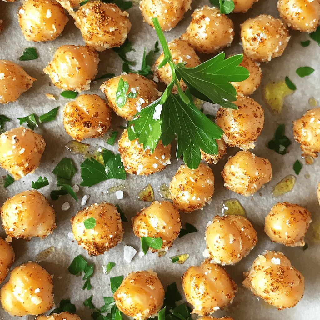 To make crispy baked chickpeas, you need these simple ingredients. - 1 can (15 oz) chickpeas, drained and rinsed - 1 tablespoon olive oil - 1 teaspoon garlic powder - 1 teaspoon smoked paprika - 1/2 teaspoon cumin - 1/2 teaspoon chili powder - Salt to taste - Fresh parsley for garnish (optional) Each item plays an important role. Chickpeas are protein-packed, making them healthy. Olive oil helps them crisp up nicely. Garlic powder adds a tasty kick. Smoked paprika gives a deep, rich flavor. Cumin and chili powder add warmth and spice. Adjust the salt to fit your taste. If you want, use parsley to add color. You can find the complete recipe in the section above. Happy cooking! Start by preheating your oven to 400°F (200°C). This step is key for getting those chickpeas crispy. Take one can of chickpeas. Drain and rinse them well. After rinsing, spread them on a clean towel. Pat them dry gently. This helps remove moisture, which is crucial for crispiness. In a large bowl, add the dried chickpeas. Pour in one tablespoon of olive oil. Then, add one teaspoon of garlic powder, one teaspoon of smoked paprika, half a teaspoon of cumin, and half a teaspoon of chili powder. Sprinkle in some salt to taste. Toss everything well until the chickpeas are coated evenly. Line a baking sheet with parchment paper. Spread the chickpea mixture in a single layer on the sheet. Bake in the preheated oven for 25-30 minutes. Shake the pan halfway through to ensure even cooking. Keep an eye on them to avoid burning. They should look golden brown and crispy. Once they are baked, take the chickpeas out of the oven. Let them cool for a few minutes. They will become crunchier as they cool. Serve warm or at room temperature. You can garnish with fresh parsley if you want. Enjoy this simple and flavorful snack! For the complete recipe, check out the Full Recipe section. To get your chickpeas extra crispy, dry them well. After rinsing, spread them on a towel. Pat them gently until no moisture remains. Moisture will make them soggy, so this step is key. Use a hot oven at 400°F (200°C). Baking them evenly helps achieve that perfect, crunchy bite. Shake the pan halfway through baking. This allows them to cook evenly and crisp up all sides. A common mistake is not drying the chickpeas enough. If they are wet, they won’t crisp. Another mistake is overcrowding the baking sheet. If the chickpeas are too close, they steam. Spread them in a single layer for the best texture. Lastly, don’t skip the shaking step. It helps them roast evenly. Keep an eye on them while baking to prevent burning. For more flavor, try adding herbs or spices you love. Rosemary or thyme can bring freshness. You can also adjust the spice level. Add more chili powder for heat or less for a milder taste. Experiment with different oils too. Coconut oil can add a unique taste. Lastly, try mixing in a bit of lemon zest after baking. It brightens up the flavor nicely. For the full recipe, you can check out the entire process. {{image_2}} If you love heat, try a spicy version of crispy baked chickpeas. Start by adding extra chili powder or cayenne pepper. You can also mix in some crushed red pepper flakes. This adds a nice kick. Toss the chickpeas well to coat them in spice. Bake as usual for a fiery crunch. For a fresh twist, go for herb-infused chickpeas. Use dried herbs like rosemary or thyme. You can also add some Italian seasoning for a savory flavor. Mix the herbs in with the other spices before baking. The aroma will fill your kitchen and make your snack feel gourmet. Looking for something sweet? Try adding a touch of cinnamon and a drizzle of honey. This mix gives a nice balance to the savory chickpeas. You can also sprinkle in some brown sugar for extra sweetness. Bake until crispy, and enjoy a unique treat that satisfies all cravings. For the full recipe, check out the details above. To keep your crispy baked chickpeas fresh, store them in an airtight container. This will help maintain their crunch. If you leave them out, they may become soft. You can also use a zip-top bag. Just squeeze out the air before sealing. If you want to enjoy your chickpeas warm again, preheat your oven to 350°F (175°C). Spread the chickpeas on a baking sheet and heat them for about 5-10 minutes. This will bring back their crispiness. Avoid the microwave, as it can make them chewy. Crispy baked chickpeas can last for 3-5 days when stored properly. For the best taste, try to eat them within the first few days. If you notice any softening, it’s best to reheat them. For long-term storage, consider freezing them, but this might change their texture. You can find the full recipe for crispy baked chickpeas above. Yes, you can use dried chickpeas. However, you must soak and cook them first. Soak them overnight in water. This will help them soften. After soaking, boil the chickpeas until tender. This takes about one to two hours. Once cooked, you can follow the same steps in the full recipe. Just remember that dried chickpeas need more time to prepare. To cut down on salt, reduce the amount you add. You can also rinse the canned chickpeas well. Rinsing removes some salt. If you want more flavor, try using herbs or spices instead. For example, add lemon juice or a splash of vinegar. This adds taste without extra salt. Chickpeas are very healthy. They are high in protein and fiber. This helps keep you full longer. They also have vitamins and minerals, like iron and folate. Eating chickpeas may help with heart health and digestion. They are a great choice for a healthy snack. You can change the spices to fit your taste. Add more garlic powder for stronger flavor. Try curry powder for an Indian twist. For a zesty kick, use lime zest or chili flakes. Mix and match until you find your favorite blend. This makes the recipe fun and unique for you. Yes, an air fryer is a great tool for this recipe. It can make the chickpeas very crispy. Follow the same steps to season them. Then, place them in the air fryer basket. Cook at 400°F (200°C) for about 15-20 minutes. Shake the basket halfway through to get even crispiness. Enjoy your tasty snack! This blog post covered making crispy baked chickpeas from simple ingredients. We discussed each step, from preheating the oven to cooling and serving. I shared tips to get them perfectly crispy and common mistakes to avoid. You also learned variations, storage info, and answered various FAQs. Crispy chickpeas are a fun snack. With a few changes, you can make them your own. Enjoy experimenting with flavors!