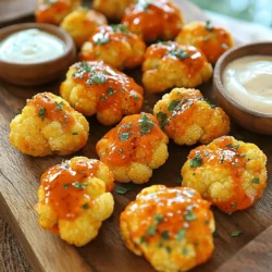 - 1 medium head of cauliflower, cut into bite-sized florets - 1 cup all-purpose flour - 1 teaspoon garlic powder - 1 teaspoon onion powder - 1 teaspoon smoked paprika - 1/2 teaspoon cayenne pepper (adjust for heat preference) - 1 cup water (or plant-based milk for extra creaminess) - 1 cup hot sauce (preferably Frank's RedHot or similar) - 1 tablespoon melted vegan butter (optional) - Salt and black pepper to taste - Fresh parsley, chopped (for garnish) These ingredients blend to create the perfect mix of heat and flavor. The cauliflower acts as a great base, absorbing the spices well. - Nutritional yeast for a cheesy taste - Lemon juice for brightness - Chopped green onions for extra freshness - Smoked sea salt for added depth Adding these can elevate your dish. Nutritional yeast gives a savory twist, while lemon juice adds zing. - Baking sheet - Parchment paper - Mixing bowls - Whisk - Tongs for flipping the cauliflower Having the right tools makes cooking easier. A baking sheet lined with parchment helps with easy cleanup. Grab your whisk for mixing the batter smoothly. For the best results, use tongs to handle the cauliflower without breaking it. You can find the full recipe for these spicy buffalo cauliflower bites in the recipe section above. Enjoy creating this tasty snack! Start by washing the cauliflower. Cut it into bite-sized florets. Each piece should be roughly the same size for even cooking. Smaller pieces will cook faster, while larger ones may take longer. This step makes sure every bite is crispy and tasty. In a large bowl, mix the flour, garlic powder, onion powder, smoked paprika, cayenne pepper, salt, and black pepper. Stir all the dry ingredients well. Slowly add water or plant-based milk. Whisk until the batter is smooth and thick enough to coat the cauliflower. This batter is the secret to that crunchy texture. Preheat your oven to 450°F (230°C). Line a baking sheet with parchment paper. Dip each cauliflower floret into the batter. Make sure it's fully coated. Shake off any extra batter and place the florets on the baking sheet in a single layer. This helps them bake evenly. Bake the cauliflower for 20-25 minutes until crispy and golden. Flip them halfway through for that perfect crunch. While the cauliflower is baking, mix the hot sauce and melted vegan butter in a bowl. Once the cauliflower is done, drizzle the sauce over the florets. Toss them gently to coat every piece. Return them to the oven for an extra 10 minutes. This final bake lets the sauce set and adds extra flavor. When the bites are done, let them cool slightly before serving. They taste great on their own but pair well with dips like ranch or blue cheese. You can also sprinkle fresh parsley on top for a pop of color. Enjoy these tasty bites as a snack or appetizer. They are perfect for game day or a fun night in! For the full recipe, check the earlier section. To get a crispy batter, use cold water or plant-based milk. Cold liquid keeps the batter thick and helps it cling to the cauliflower. Make sure to shake off extra batter after coating each floret. This step prevents sogginess. Also, spread the florets out on the baking sheet. Crowding them traps steam and leads to soft bites. The spice level can change with your taste. Use less cayenne pepper for a milder snack. If you want more heat, add an extra dash. You can also mix in some chili powder or hot sauce to the batter. This way, you can customize the flavor to suit your guests or family. Buffalo cauliflower bites taste great with a variety of dips. Classic ranch or blue cheese dressing works well. You can make a vegan ranch by blending cashews, garlic, and herbs. For a twist, try a creamy avocado dip. The coolness of the sauce balances the heat of the buffalo flavor. Each bite becomes even more tasty. {{image_2}} You can change the flavor of your Buffalo cauliflower bites. If you want spicy bites, use more cayenne pepper. For a sweet twist, add honey or maple syrup to the sauce. A smoky flavor comes from adding chipotle powder. You can also try different hot sauces for unique tastes. Experiment with flavors to find what you love best. If you need gluten-free bites, swap all-purpose flour for a gluten-free blend. Almond flour or chickpea flour works well too. Just make sure the flour you use is certified gluten-free. This way, everyone can enjoy these tasty snacks without worry. These buffalo bites can be made vegan easily. Use plant-based milk instead of water in the batter. For the sauce, choose vegan butter or skip it entirely. You can use coconut oil as a great alternative. These options keep your bites delicious while keeping them dairy-free. For the full recipe, check back to make sure you have everything you need. To keep your Buffalo Cauliflower Bites fresh, let them cool first. Place them in an airtight container. Store them in the fridge for up to three days. This helps maintain their flavor and texture. If you want to keep them longer, freezing is a great option. Just remember, they taste best right after baking. When you reheat these bites, you want them crispy again. The oven is the best choice. Preheat it to 400°F (200°C). Spread the bites on a baking sheet. Bake them for about 10 minutes. This will help restore their crispiness. You can also use an air fryer. Set it to 350°F (175°C) and cook for about 5-7 minutes. This keeps them crunchy on the outside. To freeze Buffalo Cauliflower Bites, first cool them completely. After cooling, place them in a single layer on a baking sheet. Freeze for about two hours. Once they're firm, transfer them to a freezer-safe bag or container. They can stay frozen for up to three months. When you're ready to eat, just bake them straight from the freezer. Follow the same reheating method for the best results. Buffalo cauliflower bites pair well with many sides. I love serving them with fresh veggies like carrots and celery. They also taste great with creamy dips like ranch or blue cheese. You can even serve them on a bed of lettuce for a fun salad twist. Yes, you can prep buffalo cauliflower bites ahead of time. You can coat the florets in the batter and store them in the fridge for up to 24 hours. When you’re ready, just bake them as directed. This makes it easy for a party or busy weeknight meal. To add more heat, increase the cayenne pepper in the batter. You can also choose a spicier hot sauce, like a habanero blend. Another option is to sprinkle crushed red pepper flakes on top before serving. Adjust the spice to fit your taste! For the complete recipe, check out the Full Recipe section. You'll find all the details you need to make these delicious bites! Buffalo cauliflower bites are a tasty snack. You learned about the main and optional ingredients, plus the tools you'll need. We covered step-by-step how to prepare, batter, and bake them. Tips help you achieve crispiness and customize the heat. You can also explore different flavors and ensure they fit your diet. Don’t forget the best ways to store and reheat them. These bites are a fun dish to share, so enjoy creating your own version!