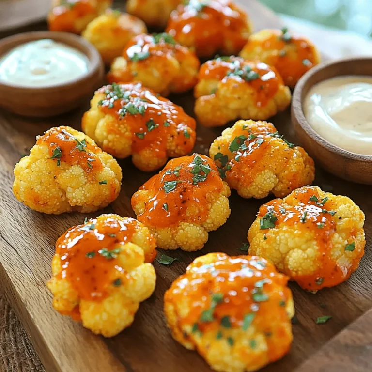 - 1 medium head of cauliflower, cut into bite-sized florets - 1 cup all-purpose flour - 1 teaspoon garlic powder - 1 teaspoon onion powder - 1 teaspoon smoked paprika - 1/2 teaspoon cayenne pepper (adjust for heat preference) - 1 cup water (or plant-based milk for extra creaminess) - 1 cup hot sauce (preferably Frank's RedHot or similar) - 1 tablespoon melted vegan butter (optional) - Salt and black pepper to taste - Fresh parsley, chopped (for garnish) These ingredients blend to create the perfect mix of heat and flavor. The cauliflower acts as a great base, absorbing the spices well. - Nutritional yeast for a cheesy taste - Lemon juice for brightness - Chopped green onions for extra freshness - Smoked sea salt for added depth Adding these can elevate your dish. Nutritional yeast gives a savory twist, while lemon juice adds zing. - Baking sheet - Parchment paper - Mixing bowls - Whisk - Tongs for flipping the cauliflower Having the right tools makes cooking easier. A baking sheet lined with parchment helps with easy cleanup. Grab your whisk for mixing the batter smoothly. For the best results, use tongs to handle the cauliflower without breaking it. You can find the full recipe for these spicy buffalo cauliflower bites in the recipe section above. Enjoy creating this tasty snack! Start by washing the cauliflower. Cut it into bite-sized florets. Each piece should be roughly the same size for even cooking. Smaller pieces will cook faster, while larger ones may take longer. This step makes sure every bite is crispy and tasty. In a large bowl, mix the flour, garlic powder, onion powder, smoked paprika, cayenne pepper, salt, and black pepper. Stir all the dry ingredients well. Slowly add water or plant-based milk. Whisk until the batter is smooth and thick enough to coat the cauliflower. This batter is the secret to that crunchy texture. Preheat your oven to 450°F (230°C). Line a baking sheet with parchment paper. Dip each cauliflower floret into the batter. Make sure it's fully coated. Shake off any extra batter and place the florets on the baking sheet in a single layer. This helps them bake evenly. Bake the cauliflower for 20-25 minutes until crispy and golden. Flip them halfway through for that perfect crunch. While the cauliflower is baking, mix the hot sauce and melted vegan butter in a bowl. Once the cauliflower is done, drizzle the sauce over the florets. Toss them gently to coat every piece. Return them to the oven for an extra 10 minutes. This final bake lets the sauce set and adds extra flavor. When the bites are done, let them cool slightly before serving. They taste great on their own but pair well with dips like ranch or blue cheese. You can also sprinkle fresh parsley on top for a pop of color. Enjoy these tasty bites as a snack or appetizer. They are perfect for game day or a fun night in! For the full recipe, check the earlier section. To get a crispy batter, use cold water or plant-based milk. Cold liquid keeps the batter thick and helps it cling to the cauliflower. Make sure to shake off extra batter after coating each floret. This step prevents sogginess. Also, spread the florets out on the baking sheet. Crowding them traps steam and leads to soft bites. The spice level can change with your taste. Use less cayenne pepper for a milder snack. If you want more heat, add an extra dash. You can also mix in some chili powder or hot sauce to the batter. This way, you can customize the flavor to suit your guests or family. Buffalo cauliflower bites taste great with a variety of dips. Classic ranch or blue cheese dressing works well. You can make a vegan ranch by blending cashews, garlic, and herbs. For a twist, try a creamy avocado dip. The coolness of the sauce balances the heat of the buffalo flavor. Each bite becomes even more tasty. {{image_2}} You can change the flavor of your Buffalo cauliflower bites. If you want spicy bites, use more cayenne pepper. For a sweet twist, add honey or maple syrup to the sauce. A smoky flavor comes from adding chipotle powder. You can also try different hot sauces for unique tastes. Experiment with flavors to find what you love best. If you need gluten-free bites, swap all-purpose flour for a gluten-free blend. Almond flour or chickpea flour works well too. Just make sure the flour you use is certified gluten-free. This way, everyone can enjoy these tasty snacks without worry. These buffalo bites can be made vegan easily. Use plant-based milk instead of water in the batter. For the sauce, choose vegan butter or skip it entirely. You can use coconut oil as a great alternative. These options keep your bites delicious while keeping them dairy-free. For the full recipe, check back to make sure you have everything you need. To keep your Buffalo Cauliflower Bites fresh, let them cool first. Place them in an airtight container. Store them in the fridge for up to three days. This helps maintain their flavor and texture. If you want to keep them longer, freezing is a great option. Just remember, they taste best right after baking. When you reheat these bites, you want them crispy again. The oven is the best choice. Preheat it to 400°F (200°C). Spread the bites on a baking sheet. Bake them for about 10 minutes. This will help restore their crispiness. You can also use an air fryer. Set it to 350°F (175°C) and cook for about 5-7 minutes. This keeps them crunchy on the outside. To freeze Buffalo Cauliflower Bites, first cool them completely. After cooling, place them in a single layer on a baking sheet. Freeze for about two hours. Once they're firm, transfer them to a freezer-safe bag or container. They can stay frozen for up to three months. When you're ready to eat, just bake them straight from the freezer. Follow the same reheating method for the best results. Buffalo cauliflower bites pair well with many sides. I love serving them with fresh veggies like carrots and celery. They also taste great with creamy dips like ranch or blue cheese. You can even serve them on a bed of lettuce for a fun salad twist. Yes, you can prep buffalo cauliflower bites ahead of time. You can coat the florets in the batter and store them in the fridge for up to 24 hours. When you’re ready, just bake them as directed. This makes it easy for a party or busy weeknight meal. To add more heat, increase the cayenne pepper in the batter. You can also choose a spicier hot sauce, like a habanero blend. Another option is to sprinkle crushed red pepper flakes on top before serving. Adjust the spice to fit your taste! For the complete recipe, check out the Full Recipe section. You'll find all the details you need to make these delicious bites! Buffalo cauliflower bites are a tasty snack. You learned about the main and optional ingredients, plus the tools you'll need. We covered step-by-step how to prepare, batter, and bake them. Tips help you achieve crispiness and customize the heat. You can also explore different flavors and ensure they fit your diet. Don’t forget the best ways to store and reheat them. These bites are a fun dish to share, so enjoy creating your own version!
