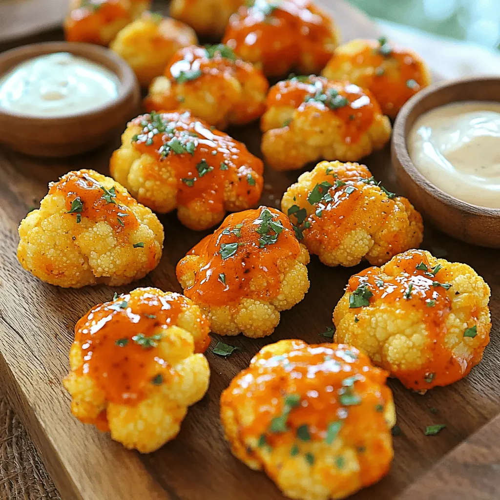 - 1 medium head of cauliflower, cut into bite-sized florets - 1 cup all-purpose flour - 1 teaspoon garlic powder - 1 teaspoon onion powder - 1 teaspoon smoked paprika - 1/2 teaspoon cayenne pepper (adjust for heat preference) - 1 cup water (or plant-based milk for extra creaminess) - 1 cup hot sauce (preferably Frank's RedHot or similar) - 1 tablespoon melted vegan butter (optional) - Salt and black pepper to taste - Fresh parsley, chopped (for garnish) These ingredients blend to create the perfect mix of heat and flavor. The cauliflower acts as a great base, absorbing the spices well. - Nutritional yeast for a cheesy taste - Lemon juice for brightness - Chopped green onions for extra freshness - Smoked sea salt for added depth Adding these can elevate your dish. Nutritional yeast gives a savory twist, while lemon juice adds zing. - Baking sheet - Parchment paper - Mixing bowls - Whisk - Tongs for flipping the cauliflower Having the right tools makes cooking easier. A baking sheet lined with parchment helps with easy cleanup. Grab your whisk for mixing the batter smoothly. For the best results, use tongs to handle the cauliflower without breaking it. You can find the full recipe for these spicy buffalo cauliflower bites in the recipe section above. Enjoy creating this tasty snack! Start by washing the cauliflower. Cut it into bite-sized florets. Each piece should be roughly the same size for even cooking. Smaller pieces will cook faster, while larger ones may take longer. This step makes sure every bite is crispy and tasty. In a large bowl, mix the flour, garlic powder, onion powder, smoked paprika, cayenne pepper, salt, and black pepper. Stir all the dry ingredients well. Slowly add water or plant-based milk. Whisk until the batter is smooth and thick enough to coat the cauliflower. This batter is the secret to that crunchy texture. Preheat your oven to 450°F (230°C). Line a baking sheet with parchment paper. Dip each cauliflower floret into the batter. Make sure it's fully coated. Shake off any extra batter and place the florets on the baking sheet in a single layer. This helps them bake evenly. Bake the cauliflower for 20-25 minutes until crispy and golden. Flip them halfway through for that perfect crunch. While the cauliflower is baking, mix the hot sauce and melted vegan butter in a bowl. Once the cauliflower is done, drizzle the sauce over the florets. Toss them gently to coat every piece. Return them to the oven for an extra 10 minutes. This final bake lets the sauce set and adds extra flavor. When the bites are done, let them cool slightly before serving. They taste great on their own but pair well with dips like ranch or blue cheese. You can also sprinkle fresh parsley on top for a pop of color. Enjoy these tasty bites as a snack or appetizer. They are perfect for game day or a fun night in! For the full recipe, check the earlier section. To get a crispy batter, use cold water or plant-based milk. Cold liquid keeps the batter thick and helps it cling to the cauliflower. Make sure to shake off extra batter after coating each floret. This step prevents sogginess. Also, spread the florets out on the baking sheet. Crowding them traps steam and leads to soft bites. The spice level can change with your taste. Use less cayenne pepper for a milder snack. If you want more heat, add an extra dash. You can also mix in some chili powder or hot sauce to the batter. This way, you can customize the flavor to suit your guests or family. Buffalo cauliflower bites taste great with a variety of dips. Classic ranch or blue cheese dressing works well. You can make a vegan ranch by blending cashews, garlic, and herbs. For a twist, try a creamy avocado dip. The coolness of the sauce balances the heat of the buffalo flavor. Each bite becomes even more tasty. {{image_2}} You can change the flavor of your Buffalo cauliflower bites. If you want spicy bites, use more cayenne pepper. For a sweet twist, add honey or maple syrup to the sauce. A smoky flavor comes from adding chipotle powder. You can also try different hot sauces for unique tastes. Experiment with flavors to find what you love best. If you need gluten-free bites, swap all-purpose flour for a gluten-free blend. Almond flour or chickpea flour works well too. Just make sure the flour you use is certified gluten-free. This way, everyone can enjoy these tasty snacks without worry. These buffalo bites can be made vegan easily. Use plant-based milk instead of water in the batter. For the sauce, choose vegan butter or skip it entirely. You can use coconut oil as a great alternative. These options keep your bites delicious while keeping them dairy-free. For the full recipe, check back to make sure you have everything you need. To keep your Buffalo Cauliflower Bites fresh, let them cool first. Place them in an airtight container. Store them in the fridge for up to three days. This helps maintain their flavor and texture. If you want to keep them longer, freezing is a great option. Just remember, they taste best right after baking. When you reheat these bites, you want them crispy again. The oven is the best choice. Preheat it to 400°F (200°C). Spread the bites on a baking sheet. Bake them for about 10 minutes. This will help restore their crispiness. You can also use an air fryer. Set it to 350°F (175°C) and cook for about 5-7 minutes. This keeps them crunchy on the outside. To freeze Buffalo Cauliflower Bites, first cool them completely. After cooling, place them in a single layer on a baking sheet. Freeze for about two hours. Once they're firm, transfer them to a freezer-safe bag or container. They can stay frozen for up to three months. When you're ready to eat, just bake them straight from the freezer. Follow the same reheating method for the best results. Buffalo cauliflower bites pair well with many sides. I love serving them with fresh veggies like carrots and celery. They also taste great with creamy dips like ranch or blue cheese. You can even serve them on a bed of lettuce for a fun salad twist. Yes, you can prep buffalo cauliflower bites ahead of time. You can coat the florets in the batter and store them in the fridge for up to 24 hours. When you’re ready, just bake them as directed. This makes it easy for a party or busy weeknight meal. To add more heat, increase the cayenne pepper in the batter. You can also choose a spicier hot sauce, like a habanero blend. Another option is to sprinkle crushed red pepper flakes on top before serving. Adjust the spice to fit your taste! For the complete recipe, check out the Full Recipe section. You'll find all the details you need to make these delicious bites! Buffalo cauliflower bites are a tasty snack. You learned about the main and optional ingredients, plus the tools you'll need. We covered step-by-step how to prepare, batter, and bake them. Tips help you achieve crispiness and customize the heat. You can also explore different flavors and ensure they fit your diet. Don’t forget the best ways to store and reheat them. These bites are a fun dish to share, so enjoy creating your own version!