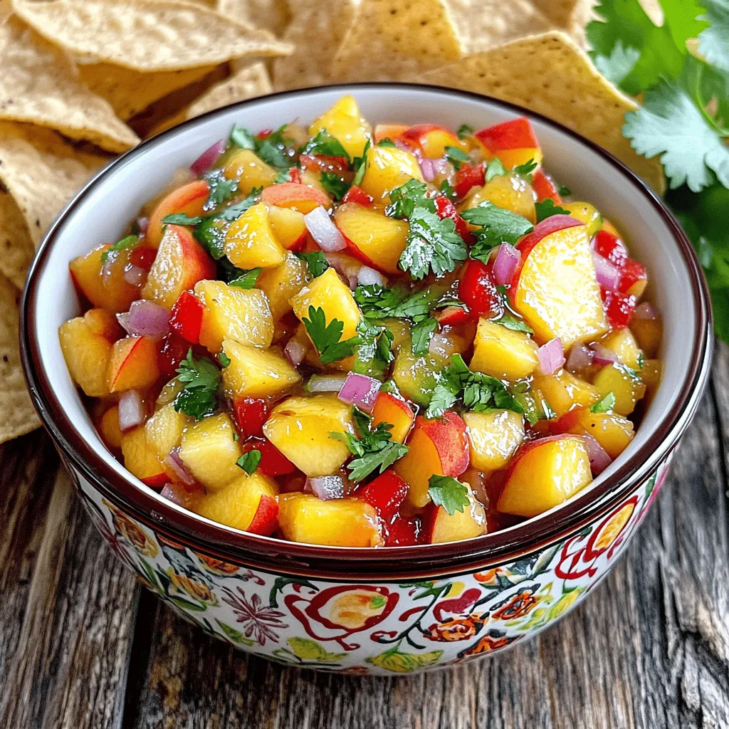 - Ripe peaches - Red bell pepper - Red onion - Jalapeño pepper - Fresh cilantro - Lime juice - Honey or agave syrup - Salt and pepper To make the best peach salsa, start with fresh, ripe peaches. They add sweetness and flavor. I prefer medium-sized peaches. Just three will do! Next, I use a red bell pepper. It gives the salsa a nice crunch and color. Chop it finely so it mixes well. A red onion adds a bit of bite. I usually use half of one, chopped small. It adds a nice zing to the mix. For some heat, I add a jalapeño pepper. Remember to remove the seeds. This way, it won’t be too spicy. Mince it finely to blend in with the other ingredients. Fresh cilantro is a must for that fresh taste. I chop about two tablespoons to mix in. Lime juice adds brightness to the salsa. Just one tablespoon is enough. To sweeten, I add one tablespoon of honey or agave syrup. It balances the flavors nicely. Finally, don’t forget salt and pepper. A little sprinkle brings all the flavors together. - Mixing bowl - Knife and cutting board - Measuring spoons You’ll need a few tools to make peach salsa. A mixing bowl is key for combining everything. A sharp knife and cutting board will help you chop and dice the fruits and veggies. Measuring spoons are great for precise amounts, especially for lime juice and honey. With these ingredients and tools, you’re ready to create a delicious peach salsa. For the full recipe, check out the Peachy Keen Salsa section above! Start by washing the peaches. Rinse them under cold water. This removes dirt and pesticides. Next, you can peel the peaches if you want. I usually skip peeling. Dice the peaches into small pieces. Aim for about half an inch in size. This helps the salsa mix well. Now, chop the red bell pepper and red onion. Cut them into small, fine pieces. Keep the size similar to the peaches. This way, every bite has a mix of flavors. Next, mince the jalapeño pepper. Remove the seeds first if you want less heat. Mince it finely so you get a nice, spicy kick without big chunks. In a large mixing bowl, combine all your prepared ingredients. Add the diced peaches, red bell pepper, red onion, and minced jalapeño. Now it’s time for the fun part! Add the chopped cilantro, lime juice, and honey. This brings a sweet and tangy flavor. Gently toss everything together. Make sure not to mash the peaches while mixing. You want a nice, chunky texture for your salsa. For the best taste, refrigerate your salsa for about 30 minutes. This lets the flavors meld together. When ready to serve, present your salsa in a decorative bowl. You can garnish it with a sprig of cilantro. This makes it look fresh and inviting. I love pairing peach salsa with tortilla chips or using it as a topping for grilled chicken or fish. It’s a perfect summer treat! Check out the Full Recipe for detailed steps and ingredient measurements. To make your peach salsa shine, timing matters. Let the salsa sit for about 30 minutes in the fridge. This wait allows the flavors to mix well. If you rush this step, you might miss out on that rich taste. Adjusting spice levels is also key. If you want a milder salsa, use less jalapeño. For more heat, add more jalapeño or even a dash of hot sauce. Always taste as you go. This way, you can find the right spice for your palate. Serving peach salsa in a fun way can make it even better. Use a colorful bowl that matches your kitchen vibe. It looks great and makes people want to dig in. Pair it with crunchy tortilla chips for a perfect snack. Garnishing is an art. A sprig of cilantro on top adds a nice touch. You can also sprinkle some lime zest for extra color. This simple trick makes the dish look fancy and inviting. {{image_2}} You can easily switch up your peach salsa. Adding fruits like mango or pineapple gives it a fun twist. These fruits add sweetness and a tropical feel. You can mix and match based on what you like. Try using a blend of peaches and mangos for a sweet treat. You can also add spices for a unique flavor. Cumin gives a warm taste, while smoked paprika adds a depth of flavor. Start with a small amount, then taste and adjust. This way, you can find the right balance for your taste buds. If you want a vegan option, swap honey for agave syrup. This keeps the sweetness without using animal products. Agave syrup blends well, so you won’t miss the honey at all. For those watching carbs, you can skip the honey or agave syrup. The natural sweetness of the peaches shines through even without added sugar. This keeps your salsa fresh and light while still being tasty. To keep peach salsa fresh, store it in the fridge. Use an airtight container to prevent air exposure. This helps keep the flavors bright and zesty. Peach salsa lasts about 3 to 5 days in the fridge. After this time, the peaches may become mushy. If you notice any off smells or colors, it's best to toss it. Yes, you can freeze peach salsa! This is a great way to save leftovers. Use a freezer-safe container or a resealable bag. Be sure to leave some space for it to expand as it freezes. When you're ready to use it, thaw it in the fridge overnight. For quick thawing, place the bag in cold water. After thawing, stir well before serving. The texture might change a bit, so use it in cooked dishes or as a topping. For the full recipe, check out the detailed instructions above. Enjoy your peach salsa! What are the health benefits of peach salsa? Peach salsa is low in calories and full of vitamins. Peaches provide vitamin C and fiber. The red bell pepper adds antioxidants. This salsa can aid digestion and boost your immune system. Can I make peach salsa ahead of time? Yes, you can make peach salsa ahead of time. It tastes better after sitting for a bit. I suggest chilling it for about 30 minutes before serving. This allows the flavors to blend well. Is peach salsa spicy? Peach salsa can be mild or spicy. The heat depends on the jalapeño pepper. If you prefer less spice, remove all the seeds. You can also use less jalapeño for a milder taste. What dishes go well with peach salsa? Peach salsa pairs well with many dishes. Serve it with grilled chicken, fish, or shrimp. It also works great as a dip with tortilla chips. You can even use it to top tacos or salads. How to make the best peach salsa? To make the best peach salsa, use ripe peaches. Fresh ingredients are key for bright flavors. I recommend letting it sit for 30 minutes before serving. This enhances the taste and texture. What other salsas can I create with similar ingredients? You can create many salsas with similar ingredients. Try mango salsa by swapping peaches for mangoes. For a tropical twist, add pineapple. You can also experiment with flavors by adding herbs or spices. For the full recipe, check the Full Recipe section above! In this post, we explored how to make a fresh and tasty peach salsa. We looked at the key ingredients, tools needed, and step-by-step instructions. I shared tips for perfecting the flavor and creative serving ideas. You can experiment with variations, adjust for diets, and learn the best way to store your salsa. This easy recipe adds joy to your meals. Dive in and enjoy the burst of flavor!