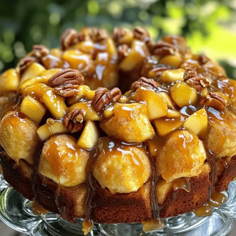 - 2 cans (16 oz each) refrigerated biscuit dough - 3 medium apples, peeled and diced (preferably Granny Smith) - 1 cup caramel sauce (store-bought or homemade) - 1 cup brown sugar, packed - 1 teaspoon cinnamon - 1/2 cup unsalted butter, melted - 1 cup chopped pecans (optional) - 1/2 teaspoon vanilla extract You can swap apples for your favorite type. Honeycrisp or Fuji work well too. For the caramel sauce, you can use store-bought or make your own. If you prefer a vegan option, use coconut oil or a plant-based butter. You need a bundt pan for baking. Mixing bowls help combine your ingredients. Use cooking spray or butter to grease your bundt pan. This step helps your monkey bread come out easily. Remember, the right tools make cooking more fun! Enjoy making your caramel apple monkey bread! 1. Preheat your oven to 350°F (175°C). Grease your bundt pan with cooking spray or butter. This helps prevent sticking and makes serving easier. 2. In a large bowl, mix the diced apples, brown sugar, and cinnamon. Toss well until the apples are coated evenly. This mix adds a sweet and spicy flavor to the bread. 1. On a clean surface, open the cans of biscuit dough. Separate each biscuit and cut them into quarters. This gives you small pieces that are easy to handle. 2. Roll each quartered biscuit into a ball. Dip the balls into the melted butter to coat them. This step makes your monkey bread rich and delicious. 3. After buttering, roll the biscuit balls in the cinnamon-sugar mixture. Make sure they are fully covered. This adds sweetness and a nice crunch to the outer layer. 1. In the prepared bundt pan, layer the dough balls and apple mixture. Start with a layer of biscuit balls, then sprinkle some apple mix on top. Repeat this until you use all the ingredients. 2. Drizzle the caramel sauce over the top of the layers. If you like, sprinkle chopped pecans for a crunchy touch. 3. Bake in the preheated oven for about 30-35 minutes. Check for doneness by inserting a toothpick in the center. It should come out clean. 4. Let the monkey bread cool in the pan for 10 minutes. Then, invert it onto a serving platter. Drizzle more caramel sauce over the top for extra sweetness. For the full recipe, refer to the specific section above. Enjoy making this fun and tasty treat! To make homemade caramel sauce, start with simple ingredients. You need sugar, butter, and cream. Heat the sugar in a pan until it melts and turns golden. Stir constantly to avoid burning. Once melted, add butter and cream slowly. This creates a smooth and rich sauce. To avoid burning, use medium heat. If the sugar starts to smoke, remove it from the heat. Keep stirring until the color is right. If it burns, you must start over. Take your time; good caramel takes patience. For that perfect golden brown finish, preheat your oven to 350°F. Bake the monkey bread for 30-35 minutes. Keep an eye on it during the last few minutes. When it’s golden and a toothpick comes out clean, it’s done. Using a bundt pan helps create even baking. The shape allows heat to circulate well. If you want a crispier exterior, try a metal pan. For softer bread, use a glass pan. Both give great results, so choose what you like. To present Caramel Apple Monkey Bread, serve it warm. Place it on a large platter. Pull apart pieces for sharing. Drizzle extra caramel over the top for a sweet touch. Pair it with a scoop of vanilla ice cream or a dollop of whipped cream. The cold cream mixes well with the warm bread. It adds a nice texture and flavor contrast. Enjoy every bite! {{image_2}} You can easily make this dish your own with different flavors. Try adding spices like nutmeg or allspice for an extra kick. These spices blend well with apples and caramel. You can also mix in nuts or chocolate chips. Pecans work great, but walnuts or almonds are tasty too. Chocolate chips add a sweet touch that kids love. If you need gluten-free options, look for gluten-free biscuit dough. Many brands offer great alternatives that work perfectly here. For those who want to cut sugar, you can find low-sugar or sugar-free biscuit dough. You can also reduce the brown sugar in the recipe. This way, you can enjoy this treat without too much sweetness. This recipe is fun to adapt for holidays. In fall, add pumpkin spice for a cozy touch. For winter, think about adding cranberries for a pop of color and flavor. You can switch the apples with other fruits too. Pears add a soft, sweet flavor, while peaches bring a juicy twist. Each fruit gives this dish a new vibe and keeps it exciting. To keep your Caramel Apple Monkey Bread fresh, store leftovers in the fridge. Place it in an airtight container or wrap it tightly with plastic wrap. This helps keep moisture in and prevents it from drying out. If you want to keep it longer, freezing is a great option. Wrap the monkey bread in plastic wrap, then in aluminum foil. This prevents freezer burn and keeps the flavor intact. When it’s time to enjoy your leftovers, reheating is key. The best method is to use the oven. Preheat your oven to 350°F (175°C). Place the bread on a baking sheet and cover it with foil. Heat for about 10-15 minutes. This keeps the texture soft and warm. You can use the microwave if you're in a rush. Heat it for about 30 seconds, but this may make it a bit soggy. Caramel Apple Monkey Bread lasts about 3 to 5 days in the fridge. If frozen, it can last up to 3 months. Look for signs of spoilage, like a sour smell or mold. If it looks or smells off, it’s best to throw it away. Enjoy your treat while it's fresh for the best taste! Yes, you can prepare this dish in advance. You can mix the apples and sugar the day before. Store this mixture in the fridge. You can also cut the biscuit dough and roll it into balls ahead of time. Just keep them in an airtight container. When you are ready to bake, layer the dough and apple mixture in the bundt pan. Bake as directed. If you want to reheat it, warm it in the oven at 350°F for about 10 minutes. If your monkey bread turns out soggy, don’t worry! This can happen if there is too much caramel or if you did not bake it long enough. Make sure you use the right amount of caramel sauce. If you suspect it’s too wet, cut down on the sauce next time. To fix it, you can bake it longer. Check it every few minutes until it turns golden brown and a toothpick comes out clean. Yes, you can double the recipe. If you do, use a larger bundt pan to hold all the dough. You may need to bake it longer, about 40-45 minutes. Always check for doneness by inserting a toothpick in the center. If it comes out clean, your monkey bread is ready! For the complete Caramel Apple Monkey Bread recipe, check out the [Full Recipe](#). Caramel Apple Monkey Bread is a fun and tasty treat. We dove into the key ingredients, tools, and detailed steps to make this delightful dish. I shared tips to enhance your baking, and variations to keep things fresh. Remember, you can swap ingredients for dietary needs or seasonal flavors. Store your leftovers well and enjoy them later. Whether you serve it warm with ice cream or at holiday gatherings, this recipe is sure to please. Now, it’s time to get baking and make some delicious memories!