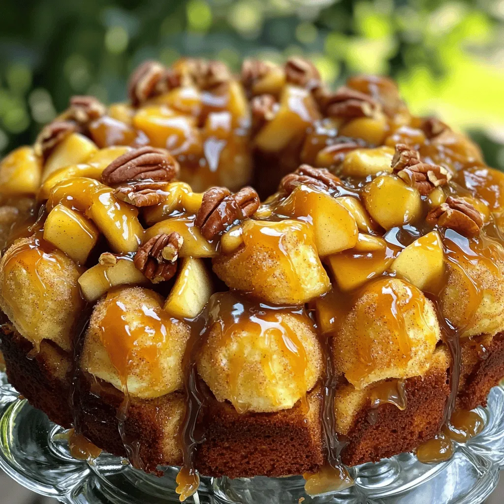 - 2 cans (16 oz each) refrigerated biscuit dough - 3 medium apples, peeled and diced (preferably Granny Smith) - 1 cup caramel sauce (store-bought or homemade) - 1 cup brown sugar, packed - 1 teaspoon cinnamon - 1/2 cup unsalted butter, melted - 1 cup chopped pecans (optional) - 1/2 teaspoon vanilla extract You can swap apples for your favorite type. Honeycrisp or Fuji work well too. For the caramel sauce, you can use store-bought or make your own. If you prefer a vegan option, use coconut oil or a plant-based butter. You need a bundt pan for baking. Mixing bowls help combine your ingredients. Use cooking spray or butter to grease your bundt pan. This step helps your monkey bread come out easily. Remember, the right tools make cooking more fun! Enjoy making your caramel apple monkey bread! 1. Preheat your oven to 350°F (175°C). Grease your bundt pan with cooking spray or butter. This helps prevent sticking and makes serving easier. 2. In a large bowl, mix the diced apples, brown sugar, and cinnamon. Toss well until the apples are coated evenly. This mix adds a sweet and spicy flavor to the bread. 1. On a clean surface, open the cans of biscuit dough. Separate each biscuit and cut them into quarters. This gives you small pieces that are easy to handle. 2. Roll each quartered biscuit into a ball. Dip the balls into the melted butter to coat them. This step makes your monkey bread rich and delicious. 3. After buttering, roll the biscuit balls in the cinnamon-sugar mixture. Make sure they are fully covered. This adds sweetness and a nice crunch to the outer layer. 1. In the prepared bundt pan, layer the dough balls and apple mixture. Start with a layer of biscuit balls, then sprinkle some apple mix on top. Repeat this until you use all the ingredients. 2. Drizzle the caramel sauce over the top of the layers. If you like, sprinkle chopped pecans for a crunchy touch. 3. Bake in the preheated oven for about 30-35 minutes. Check for doneness by inserting a toothpick in the center. It should come out clean. 4. Let the monkey bread cool in the pan for 10 minutes. Then, invert it onto a serving platter. Drizzle more caramel sauce over the top for extra sweetness. For the full recipe, refer to the specific section above. Enjoy making this fun and tasty treat! To make homemade caramel sauce, start with simple ingredients. You need sugar, butter, and cream. Heat the sugar in a pan until it melts and turns golden. Stir constantly to avoid burning. Once melted, add butter and cream slowly. This creates a smooth and rich sauce. To avoid burning, use medium heat. If the sugar starts to smoke, remove it from the heat. Keep stirring until the color is right. If it burns, you must start over. Take your time; good caramel takes patience. For that perfect golden brown finish, preheat your oven to 350°F. Bake the monkey bread for 30-35 minutes. Keep an eye on it during the last few minutes. When it’s golden and a toothpick comes out clean, it’s done. Using a bundt pan helps create even baking. The shape allows heat to circulate well. If you want a crispier exterior, try a metal pan. For softer bread, use a glass pan. Both give great results, so choose what you like. To present Caramel Apple Monkey Bread, serve it warm. Place it on a large platter. Pull apart pieces for sharing. Drizzle extra caramel over the top for a sweet touch. Pair it with a scoop of vanilla ice cream or a dollop of whipped cream. The cold cream mixes well with the warm bread. It adds a nice texture and flavor contrast. Enjoy every bite! {{image_2}} You can easily make this dish your own with different flavors. Try adding spices like nutmeg or allspice for an extra kick. These spices blend well with apples and caramel. You can also mix in nuts or chocolate chips. Pecans work great, but walnuts or almonds are tasty too. Chocolate chips add a sweet touch that kids love. If you need gluten-free options, look for gluten-free biscuit dough. Many brands offer great alternatives that work perfectly here. For those who want to cut sugar, you can find low-sugar or sugar-free biscuit dough. You can also reduce the brown sugar in the recipe. This way, you can enjoy this treat without too much sweetness. This recipe is fun to adapt for holidays. In fall, add pumpkin spice for a cozy touch. For winter, think about adding cranberries for a pop of color and flavor. You can switch the apples with other fruits too. Pears add a soft, sweet flavor, while peaches bring a juicy twist. Each fruit gives this dish a new vibe and keeps it exciting. To keep your Caramel Apple Monkey Bread fresh, store leftovers in the fridge. Place it in an airtight container or wrap it tightly with plastic wrap. This helps keep moisture in and prevents it from drying out. If you want to keep it longer, freezing is a great option. Wrap the monkey bread in plastic wrap, then in aluminum foil. This prevents freezer burn and keeps the flavor intact. When it’s time to enjoy your leftovers, reheating is key. The best method is to use the oven. Preheat your oven to 350°F (175°C). Place the bread on a baking sheet and cover it with foil. Heat for about 10-15 minutes. This keeps the texture soft and warm. You can use the microwave if you're in a rush. Heat it for about 30 seconds, but this may make it a bit soggy. Caramel Apple Monkey Bread lasts about 3 to 5 days in the fridge. If frozen, it can last up to 3 months. Look for signs of spoilage, like a sour smell or mold. If it looks or smells off, it’s best to throw it away. Enjoy your treat while it's fresh for the best taste! Yes, you can prepare this dish in advance. You can mix the apples and sugar the day before. Store this mixture in the fridge. You can also cut the biscuit dough and roll it into balls ahead of time. Just keep them in an airtight container. When you are ready to bake, layer the dough and apple mixture in the bundt pan. Bake as directed. If you want to reheat it, warm it in the oven at 350°F for about 10 minutes. If your monkey bread turns out soggy, don’t worry! This can happen if there is too much caramel or if you did not bake it long enough. Make sure you use the right amount of caramel sauce. If you suspect it’s too wet, cut down on the sauce next time. To fix it, you can bake it longer. Check it every few minutes until it turns golden brown and a toothpick comes out clean. Yes, you can double the recipe. If you do, use a larger bundt pan to hold all the dough. You may need to bake it longer, about 40-45 minutes. Always check for doneness by inserting a toothpick in the center. If it comes out clean, your monkey bread is ready! For the complete Caramel Apple Monkey Bread recipe, check out the [Full Recipe](#). Caramel Apple Monkey Bread is a fun and tasty treat. We dove into the key ingredients, tools, and detailed steps to make this delightful dish. I shared tips to enhance your baking, and variations to keep things fresh. Remember, you can swap ingredients for dietary needs or seasonal flavors. Store your leftovers well and enjoy them later. Whether you serve it warm with ice cream or at holiday gatherings, this recipe is sure to please. Now, it’s time to get baking and make some delicious memories!
