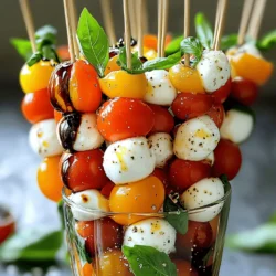 - Cherry tomatoes - Mozzarella balls (bocconcini) - Fresh basil leaves For Caprese Salad Skewers, fresh ingredients are key. Choose ripe cherry tomatoes. They should be bright and firm. These little gems add sweetness and color. Next, select fresh mozzarella balls, often called bocconcini. They should be soft and creamy. Their mild flavor balances the tomatoes. Finally, pick fresh basil leaves. They should be vibrant green and fragrant. The basil adds a fresh, herbal note. - Balsamic glaze - Extra virgin olive oil - Salt and pepper To enhance your skewers, you will need balsamic glaze. This sweet and tangy glaze adds depth. Extra virgin olive oil is also essential. It brings richness and a smooth finish. Lastly, sprinkle salt and pepper. These simple seasonings elevate the dish. They enhance the natural flavors of your fresh ingredients. - Wooden skewers - Knife and cutting board - Serving platter You will need wooden skewers to assemble the ingredients. These make it easy to grab and enjoy. A knife and cutting board will help you prepare your ingredients. Use them to halve the tomatoes and slice any other components, if needed. Finally, a serving platter will showcase your beautiful skewers. A nice display adds to the overall enjoyment. For the full recipe, check out Caprese Salad Skewers with a Twist 🥗. - Prepare cherry tomatoes and mozzarella: First, halve the cherry tomatoes. Next, drain the mozzarella balls if needed. This ensures they taste fresh and delicious. - Threading technique for skewers: Grab a wooden skewer. Start by placing one cherry tomato half on it, cut side up. This helps keep everything secure. - Order of ingredients on the skewer: After the tomato, add a fresh basil leaf. You can fold the leaf to fit better. Then, slide on a mozzarella ball. Follow this with another basil leaf and finish with another tomato half. - Recommended number of ingredient sets per skewer: Aim for 3 to 4 sets of ingredients per skewer. This allows for a great balance of flavors in each bite. - Drizzle and seasoning: Once all skewers are ready, drizzle them with extra virgin olive oil and balsamic glaze. Sprinkle a bit of salt and pepper on top. This enhances the taste and makes them even more enjoyable. - Presentation suggestions: Arrange the skewers upright in a tall glass or vase. This not only looks great but also makes it easy for guests to grab one. You can add extra basil leaves around the base for a pop of color. Enjoy your vibrant and fresh appetizer! - Choosing ripe tomatoes: Look for tomatoes that are firm, juicy, and bright in color. A ripe cherry tomato should feel slightly soft when you squeeze it gently. This gives the best flavor. - Storing ingredients before assembly: Keep your mozzarella in water until you're ready to use it. Store the tomatoes at room temperature. Basil likes warmth, so keep it in a cool, dry place. - Customizing with spices and herbs: Try adding crushed garlic or fresh oregano to your skewers. A sprinkle of red pepper flakes can also add a nice kick. - Tips for the perfect balsamic glaze drizzle: Use a thick balsamic glaze for better flavor. Drizzle it lightly over the skewers right before serving. This adds a sweet touch that enhances all the flavors. - Can you prepare skewers in advance? Yes, you can! Make the skewers a few hours early. This helps the flavors blend nicely. - Best storage methods before serving: Store skewers in an airtight container in the fridge. Lay a damp paper towel on top to keep them fresh and prevent them from drying out. {{image_2}} You can switch up the cheese in your Caprese salad skewers. Try using feta or goat cheese for a new twist. These cheeses add a different flavor that pairs well with the tomatoes and basil. You can also add seasonal fruits or veggies. Try using peaches in summer or roasted bell peppers in fall. These fresh additions bring bright flavors to your skewers. Caprese salad skewers can be more than just a snack. You can serve them as a main meal. Add grilled chicken or shrimp to the skewers for protein. This makes a complete meal that is still light and fresh. You can also serve them on a bed of mixed greens. This adds color and texture to your plate. If you want a vegan option, you can use plant-based cheese. Look for creamy cashew or almond cheese. These alternatives work well and keep your dish plant-based. You can also try different plant-based dressings. A simple lemon vinaigrette adds brightness. This keeps your skewers fresh and flavorful. For the full recipe, check out Caprese Salad Skewers with a Twist! To keep your Caprese salad skewers fresh, store any unused skewers in the fridge. Place them in an airtight container. This helps to lock in their flavor. They can last up to two days in the fridge. After that, the ingredients lose their crispness and taste. You can freeze Caprese salad skewers, but it's not the best option. Freezing can change the texture of the tomatoes and cheese. If you want to freeze, separate the components. Freeze the mozzarella and tomatoes in separate bags. This way, they stay fresh longer. Use glass or plastic containers with tight seals for storage. These containers keep air out and help maintain freshness. To avoid sogginess, place a paper towel in the container. This absorbs any extra moisture from the ingredients. Enjoy your Caprese salad skewers fresh and vibrant! For the complete recipe, check out the Full Recipe. What can I serve with Caprese Salad Skewers? You can serve these skewers with fresh bread or crackers. A light soup or pasta salad also works well. Pairing them with a crisp white wine enhances the flavors. Can I make Caprese Salad Skewers in advance? Yes, you can prepare these skewers ahead of time. Store them in the fridge for up to 24 hours. Just drizzle the balsamic glaze right before serving for the best taste. Can I use different kinds of tomatoes? Absolutely! You can use heirloom tomatoes or grape tomatoes. Just ensure they are ripe and juicy for the best flavor. Is it okay to use dried herbs instead of fresh? While fresh herbs give the best taste, dried herbs can work in a pinch. Use about one-third of the amount since dried herbs are more potent. How should I present the skewers for a party? For a party, stand the skewers in a tall glass or a vase. This creates a fun display. You can also surround them with extra basil leaves for color. Are there any dips that pair well with Caprese Salad Skewers? While the skewers are tasty on their own, a light pesto or hummus makes a great dip. You can also serve them with a creamy ranch dressing for a fun twist. Caprese Salad Skewers offer a simple yet flavorful dish. Using fresh ingredients like cherry tomatoes and mozzarella brings out bold tastes. You can customize these skewers with spices or different proteins for variety. Remember, proper storage keeps them fresh longer. Whether you serve them at a party or enjoy them at home, these skewers are a hit. Try these tips, and enjoy your delicious creations!