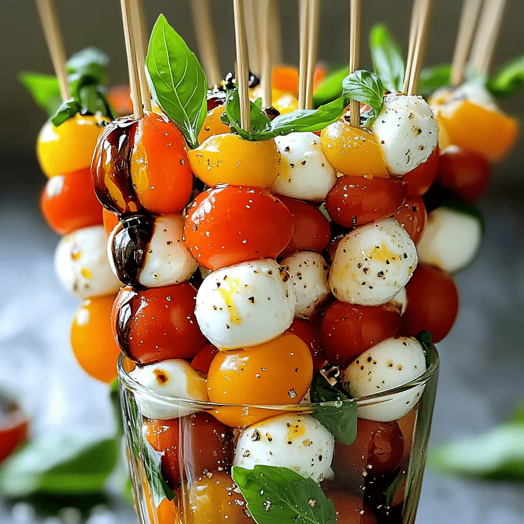 - Cherry tomatoes - Mozzarella balls (bocconcini) - Fresh basil leaves For Caprese Salad Skewers, fresh ingredients are key. Choose ripe cherry tomatoes. They should be bright and firm. These little gems add sweetness and color. Next, select fresh mozzarella balls, often called bocconcini. They should be soft and creamy. Their mild flavor balances the tomatoes. Finally, pick fresh basil leaves. They should be vibrant green and fragrant. The basil adds a fresh, herbal note. - Balsamic glaze - Extra virgin olive oil - Salt and pepper To enhance your skewers, you will need balsamic glaze. This sweet and tangy glaze adds depth. Extra virgin olive oil is also essential. It brings richness and a smooth finish. Lastly, sprinkle salt and pepper. These simple seasonings elevate the dish. They enhance the natural flavors of your fresh ingredients. - Wooden skewers - Knife and cutting board - Serving platter You will need wooden skewers to assemble the ingredients. These make it easy to grab and enjoy. A knife and cutting board will help you prepare your ingredients. Use them to halve the tomatoes and slice any other components, if needed. Finally, a serving platter will showcase your beautiful skewers. A nice display adds to the overall enjoyment. For the full recipe, check out Caprese Salad Skewers with a Twist 🥗. - Prepare cherry tomatoes and mozzarella: First, halve the cherry tomatoes. Next, drain the mozzarella balls if needed. This ensures they taste fresh and delicious. - Threading technique for skewers: Grab a wooden skewer. Start by placing one cherry tomato half on it, cut side up. This helps keep everything secure. - Order of ingredients on the skewer: After the tomato, add a fresh basil leaf. You can fold the leaf to fit better. Then, slide on a mozzarella ball. Follow this with another basil leaf and finish with another tomato half. - Recommended number of ingredient sets per skewer: Aim for 3 to 4 sets of ingredients per skewer. This allows for a great balance of flavors in each bite. - Drizzle and seasoning: Once all skewers are ready, drizzle them with extra virgin olive oil and balsamic glaze. Sprinkle a bit of salt and pepper on top. This enhances the taste and makes them even more enjoyable. - Presentation suggestions: Arrange the skewers upright in a tall glass or vase. This not only looks great but also makes it easy for guests to grab one. You can add extra basil leaves around the base for a pop of color. Enjoy your vibrant and fresh appetizer! - Choosing ripe tomatoes: Look for tomatoes that are firm, juicy, and bright in color. A ripe cherry tomato should feel slightly soft when you squeeze it gently. This gives the best flavor. - Storing ingredients before assembly: Keep your mozzarella in water until you're ready to use it. Store the tomatoes at room temperature. Basil likes warmth, so keep it in a cool, dry place. - Customizing with spices and herbs: Try adding crushed garlic or fresh oregano to your skewers. A sprinkle of red pepper flakes can also add a nice kick. - Tips for the perfect balsamic glaze drizzle: Use a thick balsamic glaze for better flavor. Drizzle it lightly over the skewers right before serving. This adds a sweet touch that enhances all the flavors. - Can you prepare skewers in advance? Yes, you can! Make the skewers a few hours early. This helps the flavors blend nicely. - Best storage methods before serving: Store skewers in an airtight container in the fridge. Lay a damp paper towel on top to keep them fresh and prevent them from drying out. {{image_2}} You can switch up the cheese in your Caprese salad skewers. Try using feta or goat cheese for a new twist. These cheeses add a different flavor that pairs well with the tomatoes and basil. You can also add seasonal fruits or veggies. Try using peaches in summer or roasted bell peppers in fall. These fresh additions bring bright flavors to your skewers. Caprese salad skewers can be more than just a snack. You can serve them as a main meal. Add grilled chicken or shrimp to the skewers for protein. This makes a complete meal that is still light and fresh. You can also serve them on a bed of mixed greens. This adds color and texture to your plate. If you want a vegan option, you can use plant-based cheese. Look for creamy cashew or almond cheese. These alternatives work well and keep your dish plant-based. You can also try different plant-based dressings. A simple lemon vinaigrette adds brightness. This keeps your skewers fresh and flavorful. For the full recipe, check out Caprese Salad Skewers with a Twist! To keep your Caprese salad skewers fresh, store any unused skewers in the fridge. Place them in an airtight container. This helps to lock in their flavor. They can last up to two days in the fridge. After that, the ingredients lose their crispness and taste. You can freeze Caprese salad skewers, but it's not the best option. Freezing can change the texture of the tomatoes and cheese. If you want to freeze, separate the components. Freeze the mozzarella and tomatoes in separate bags. This way, they stay fresh longer. Use glass or plastic containers with tight seals for storage. These containers keep air out and help maintain freshness. To avoid sogginess, place a paper towel in the container. This absorbs any extra moisture from the ingredients. Enjoy your Caprese salad skewers fresh and vibrant! For the complete recipe, check out the Full Recipe. What can I serve with Caprese Salad Skewers? You can serve these skewers with fresh bread or crackers. A light soup or pasta salad also works well. Pairing them with a crisp white wine enhances the flavors. Can I make Caprese Salad Skewers in advance? Yes, you can prepare these skewers ahead of time. Store them in the fridge for up to 24 hours. Just drizzle the balsamic glaze right before serving for the best taste. Can I use different kinds of tomatoes? Absolutely! You can use heirloom tomatoes or grape tomatoes. Just ensure they are ripe and juicy for the best flavor. Is it okay to use dried herbs instead of fresh? While fresh herbs give the best taste, dried herbs can work in a pinch. Use about one-third of the amount since dried herbs are more potent. How should I present the skewers for a party? For a party, stand the skewers in a tall glass or a vase. This creates a fun display. You can also surround them with extra basil leaves for color. Are there any dips that pair well with Caprese Salad Skewers? While the skewers are tasty on their own, a light pesto or hummus makes a great dip. You can also serve them with a creamy ranch dressing for a fun twist. Caprese Salad Skewers offer a simple yet flavorful dish. Using fresh ingredients like cherry tomatoes and mozzarella brings out bold tastes. You can customize these skewers with spices or different proteins for variety. Remember, proper storage keeps them fresh longer. Whether you serve them at a party or enjoy them at home, these skewers are a hit. Try these tips, and enjoy your delicious creations!