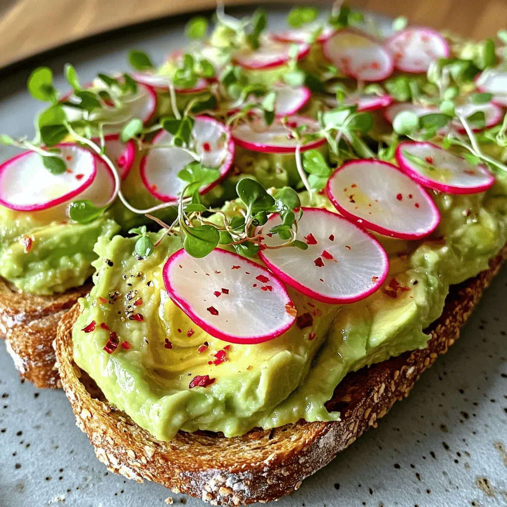 Here’s what you need to make savory avocado toast with radish. This simple list keeps cooking easy and fun. - 2 ripe avocados - 4 slices of whole grain bread - 5-6 radishes, thinly sliced - 1 tablespoon fresh lemon juice - 1 tablespoon olive oil - Salt and pepper to taste - 1 teaspoon red pepper flakes (optional) - Microgreens or arugula for garnish Gather these ingredients before you start. Each one plays a key role in creating bright flavors. The ripe avocados bring creaminess, while the radishes add a nice crunch. Fresh lemon juice keeps the avocado from turning brown and adds zing. The olive oil adds richness, and the red pepper flakes give a little heat, if you like a kick. Once you have everything, you’re ready to whip up this delicious toast. Don't forget to check out the Full Recipe for step-by-step instructions! Start by choosing your toasting method. You can use a toaster or a pan on the stove. Both methods work well. Toast the bread until it turns golden brown and crispy. I like mine crispy for a nice crunch. Aim for about 3-5 minutes of toasting. Next, grab those ripe avocados. Cut them in half, remove the pit, and scoop the flesh into a bowl. Use a fork to mash the avocado until it’s creamy but still has some texture. This gives a nice mouthfeel. To keep your mash fresh, add one tablespoon of lemon juice and one tablespoon of olive oil. This adds flavor and helps prevent browning. Mix in some salt and pepper to taste. Now it’s time to put it all together! Spread a generous layer of your avocado mash on each slice of toasted bread. Make sure to cover every edge for full flavor. Then, arrange your thinly sliced radishes on top. Spread them evenly across the toast. For the final touch, add a sprinkle of microgreens or arugula on top. This adds color and freshness to your dish. Enjoy your savory avocado toast with radish! For the full recipe, check out the [Full Recipe]. To keep your avocado mash fresh, use a little lemon juice. The acid slows browning. Store any leftover mash in an airtight container. Press plastic wrap directly onto the surface to limit air exposure. Choose ripe avocados for the best flavor. They should feel slightly soft when you press them. If they are too hard, let them sit at room temperature for a few days. You can add extra toppings for more flavor. Try crumbled feta or sliced cherry tomatoes. A sprinkle of everything bagel seasoning adds a nice crunch. For spices, add a pinch of smoked paprika for a warm flavor. If you like heat, red pepper flakes are a great choice. Serve your toast with a side of fresh fruit or a light salad. This balances the rich avocado and adds color to your plate. For the full recipe, check out Avocado Radish Delight Toast. {{image_2}} You can switch up the bread for your avocado toast. Here are some fun ideas: - Gluten-free alternatives: Use gluten-free bread made from rice or almond flour. This lets everyone enjoy the dish. - Other bread types: Sourdough adds a tangy taste. Rye bread offers a hearty flavor. Both make great bases for your toast. Adding more veggies can boost flavor and nutrition. Here are some tasty choices: - Other vegetables to consider: Try cucumbers for crunch or tomatoes for sweetness. Spinach also adds great color. - Seasonal variations: In spring, use asparagus. In summer, add bell peppers. Each season offers new, fresh options. Enhance your toast with different flavors. Here are some ideas: - Adding cheese or protein: Feta cheese crumbles give a salty kick. Hard-boiled eggs add protein and creaminess. - Alternative dressings and spreads: Swap lemon juice for balsamic vinegar. You can even try pesto for a unique flavor. These variations will keep your avocado toast exciting and delicious. For the complete recipe, check out the Full Recipe section. To keep your avocado toast fresh, store the avocado spread in an airtight container. This helps slow browning. Add a layer of plastic wrap directly on the surface of the spread for extra protection. Use it within one day for the best taste. For the bread, keep it in a cool, dry place. A bread box works well. Avoid the fridge, as it can dry out the bread. If you seal it in a bag, make sure to remove excess air to keep it fresh longer. If you have leftover toast, the best way to reheat it is in a toaster or an oven. Set the toaster to a medium setting. This will help keep the bread crispy. If using an oven, preheat it to 350°F (175°C). Place the toast on a baking sheet for about 5-7 minutes. Avoid microwaving the toast, as it will make it soggy. If the avocado spread is cold, you can let it sit at room temperature for a few minutes before serving. This helps bring out the flavors. Enjoy your meal! Yes, you can use frozen avocados! To thaw them, place them in the fridge overnight. You can also run them under cool water for faster results. Once thawed, mash them as you would with fresh avocados. Keep in mind that frozen avocados may have a slightly different texture. They work well for spreads, like in this recipe. The best avocados for toast are Hass avocados. They have a creamy texture and rich flavor. Look for avocados that are dark purple or black. They should feel slightly soft when you press them gently. If you find them hard, just let them ripen on the counter for a few days. To prevent browning, use fresh lemon juice on the mashed avocado. The acid in the juice slows oxidation. You can also store the leftover avocado in an airtight container. Place plastic wrap directly on the surface to limit air exposure. Using a pit can help, but it does not stop browning completely. This recipe is already vegan! It uses avocados, bread, and fresh veggies. You can skip the red pepper flakes if you want a milder flavor. If you like, add other plant-based toppings like nutritional yeast or vegan cheese for extra flavor. In this blog post, we explored how to make delicious avocado toast. We covered simple steps, from choosing ripe avocados to toasting bread. We shared tips on flavors, variations, and storing leftovers. Each step ensures your toast tastes great and looks amazing. Keep experimenting with toppings and bread types. Enjoy creating a meal that balances flavor and nutrition. Your taste buds will thank you!