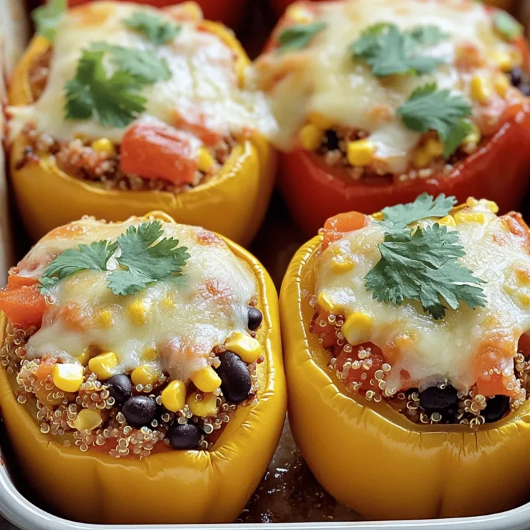 - 4 large bell peppers - 1 cup quinoa - 2 cups vegetable broth or water - 1 can (15 oz) black beans - 1 cup corn - 1 cup diced tomatoes - 1 teaspoon cumin - 1 teaspoon smoked paprika - 1 cup shredded cheese - Fresh cilantro or parsley for garnish When preparing stuffed bell peppers, I always choose large, ripe bell peppers. They hold the filling well and add great flavor. Quinoa is my go-to grain for stuffing. It cooks quickly and is packed with protein. I prefer using vegetable broth for cooking quinoa. It gives the dish more depth. Next, I add black beans, corn, and diced tomatoes to my filling. They add texture and taste. Black beans are rich in protein and fiber. Corn adds a sweet crunch, while tomatoes bring juiciness. For seasonings, I love cumin and smoked paprika. They enhance the flavor profile. I usually sprinkle shredded cheese on top. It melts beautifully and adds a nice finish. Fresh cilantro or parsley makes for a lovely garnish. It adds color and freshness to the dish. For the full recipe, check out the detailed instructions. - Rinse the quinoa to remove the bitter coating. - In a pot, cook the rinsed quinoa with vegetable broth. Bring it to a boil, then lower the heat. Cover the pot and simmer for about 15 minutes. The quinoa should be fluffy and absorb all the liquid. - Cut off the tops of the bell peppers and remove the seeds. This step is key to making room for the tasty filling. - Place the bell peppers upright in a baking dish. This helps them stay standing while baking. - In a large bowl, mix the cooked quinoa, black beans, corn, diced tomatoes, cumin, smoked paprika, salt, and pepper. Stir well to combine all the flavors. - Carefully fill each bell pepper with the quinoa mixture, packing it in generously. - Top each stuffed bell pepper with shredded cheese. This adds a nice melty layer. - Add a splash of water to the bottom of the baking dish. This helps steam the peppers while they bake. Cover the dish with aluminum foil. - Bake in the preheated oven for 25 minutes. After that, remove the foil and bake for another 10-15 minutes. This makes the peppers tender and the cheese bubbly. - Once done, take them out of the oven and let them cool for a few minutes. - For a finishing touch, garnish with fresh cilantro or parsley before serving. This is how you make nutritious stuffed bell peppers with quinoa, perfect for any meal. For the full recipe, check out the details above. To make sure your quinoa is fluffy, rinse it well first. This removes the bitter coating called saponin. Then, cook it in vegetable broth for added taste. Bring it to a boil, cover, and simmer for about 15 minutes. Check if the liquid is absorbed and the quinoa is soft. If not, give it a few more minutes. When baking the stuffed peppers, timing matters. Bake them for 25 minutes covered with foil. This helps steam the peppers. Then, remove the foil and bake for another 10 to 15 minutes. This step makes the cheese bubbly and the peppers tender. Spices make your dish pop! I suggest using cumin and smoked paprika. They add depth and warmth. You can also play with herbs like oregano or basil for extra flavor. For cheese, I love using sharp cheddar. It melts beautifully and adds a nice tang. You can also try mozzarella or a blend for a different taste. Just sprinkle it on top for that melty goodness. Garnish is key to a lovely dish. Use fresh cilantro or parsley for a pop of green. It brightens the plate and adds freshness. When serving, place each stuffed pepper upright on a plate. This looks stunning and keeps the filling inside. You can serve them with a side salad or some crusty bread for a complete meal. {{image_2}} You can change the protein in your stuffed peppers. Ground turkey or beef adds a hearty texture. Simply brown it before mixing with other ingredients. For a vegetarian option, try lentils or chickpeas. Both add great flavor and protein. Mixing up the beans can enhance taste. Black beans are popular, but kidney or pinto beans work well too. You can also add more vegetables. Chopped zucchini, spinach, or mushrooms boost nutrition and flavor. Feel free to get creative! Cheese brings a creamy touch to your dish. If you want a vegan option, use cashew cheese or nutritional yeast. They melt well and add flavor. For a different twist, try blending mozzarella with pepper jack for a spicy kick. For the full recipe of these nutritious stuffed bell peppers, check out the [Full Recipe]. To keep your stuffed peppers fresh, use airtight containers. Glass containers work best. You can also use plastic containers, but glass is safer. Stored this way, your leftovers last for about three to five days in the fridge. The best way to reheat stuffed peppers is in the oven. Preheat your oven to 350°F (175°C). Place the peppers in a baking dish, cover them with foil, and heat for about 20 minutes. This method keeps the texture nice and the flavor intact. You can also use a microwave for quicker reheating, but the oven gives better results. To freeze stuffed peppers, let them cool completely first. Wrap each pepper tightly in plastic wrap, then place them in a freezer bag. They can stay in the freezer for up to three months. When you’re ready to eat, thaw them in the fridge overnight. Reheat them in the oven for the best taste. Yes, you can make stuffed bell peppers ahead of time. They are great for weekend meal prep. Cook the quinoa and mix your filling. Stuff the peppers and place them in a baking dish. Cover with foil and store in the fridge for up to three days. When ready to eat, just bake them. This saves time and effort on busy weeknights. Yes, you can use brown rice. However, quinoa and rice differ in texture and nutrition. Quinoa cooks faster and has more protein. It also has a nutty flavor that pairs well with spices. Brown rice is chewy and more filling. If you use brown rice, cook it longer and add more liquid. To adjust for more servings, simply double or halve the ingredient amounts. For example, if you want to serve eight people, use eight large bell peppers and two cups of quinoa. Keep the other ingredients in proportion. This method keeps the flavors balanced and delicious. Yes, stuffed bell peppers are very healthy. They are low in calories and high in nutrients. Quinoa is a complete protein, which means it has all nine essential amino acids. Black beans add fiber, while bell peppers are rich in vitamins A and C. This dish is a great way to enjoy a balanced meal. Stuffed bell peppers are a tasty, flexible dish. We covered key ingredients, such as quinoa, beans, and spices. You learned how to prepare and bake them perfectly. I shared useful tips for flavor and presentation. In summary, feel free to customize these peppers to fit your taste. Experiment with proteins and veggies. Store leftovers properly, and enjoy them later. Keep this recipe handy for a quick, healthy meal option. Happy cooking!