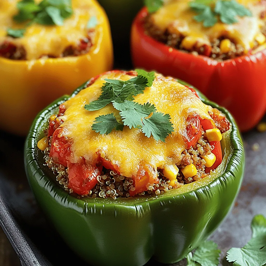 - 4 large bell peppers (any color) - 1 lb ground turkey - 1 cup cooked quinoa - 1 small onion, finely chopped - 2 cloves garlic, minced - 1 can (14.5 oz) diced tomatoes, drained - 1 cup corn (frozen or fresh) - 1 teaspoon cumin - 1 teaspoon paprika - Salt and pepper to taste - 1 cup shredded cheese (cheddar or a cheese blend) - Fresh cilantro, for garnish To make stuffed bell peppers, gather these fresh ingredients. You can pick bell peppers in red, yellow, or green. Each color offers a unique taste. Ground turkey is lean and full of flavor. Quinoa brings a nutty taste and adds texture. Onions and garlic form a great base for the filling. The diced tomatoes add moisture and flavor. Corn adds a sweet touch. Cumin and paprika spice up the dish. Use salt and pepper to enhance all flavors. Finally, cheese gives a creamy, melty finish. - 1 cup = 240 ml - 1 lb = 454 grams These conversions help if you prefer to measure in different units. - Baking dish - Skillet - Knife - Spoon These tools make the cooking process easier. A sharp knife helps chop veggies quickly. A sturdy skillet is great for browning meat. A baking dish holds the peppers while they cook. Use a spoon for mixing the filling and stuffing the peppers. For the full recipe, you can find it [here](#). 1. Preheat your oven to 375°F (190°C). This step helps cook the peppers just right. 2. Carefully slice the tops off the bell peppers. Remove the seeds and ribs. Stand them up in a baking dish. 3. In a large skillet, add a splash of olive oil. Heat it over medium heat. 4. Add the chopped onion to the skillet. Sauté it until it turns soft and clear, about 3-4 minutes. 5. Next, stir in the minced garlic and cook for one more minute. This adds great flavor. 1. Now, add the ground turkey to the skillet. Use a spatula to break it apart. 2. Cook the turkey until it turns brown and is no longer pink, about 5-7 minutes. Stir often to cook evenly. 1. Mix in the cooked quinoa, diced tomatoes, corn, cumin, paprika, salt, and pepper. 2. Stir well to combine everything. Heat the mixture for 2-3 minutes. 3. Remove the skillet from heat. Stir in half of the shredded cheese until melted. 4. Take a bell pepper and stuff it generously with the turkey mixture. Pack it tightly. 5. Top each stuffed pepper with the rest of the shredded cheese. 1. Cover the baking dish with foil. Bake in the preheated oven for 25 minutes. 2. After 25 minutes, remove the foil. Bake for another 10 minutes until the peppers are soft. The cheese should be bubbly and golden. 3. Once done, take them out of the oven. Let them cool a bit before serving. Garnish with fresh cilantro for a pop of color. For the complete recipe, refer to the [Full Recipe]. When you cook, start by heating your skillet on medium heat. Add a splash of olive oil. This helps to make the onion sweet and soft. Sauté the chopped onion until it looks clear. This takes about 3-4 minutes. Then, add minced garlic for extra flavor. Cook it for just one minute. For the ground turkey, break it apart with a spatula. Cook it until it turns brown, which takes about 5-7 minutes. Season your mix with salt and pepper to taste. To make your stuffed peppers look great, choose colorful bell peppers. A mix of red, yellow, and green adds fun to the dish. Once baked, sprinkle fresh cilantro on top. This adds a bright touch. You can also use a drizzle of sour cream for creaminess. Place the stuffed peppers on a nice plate and serve them upright. This makes them look appealing. To spice things up, try adding different herbs or spices. A pinch of chili powder gives heat. You can also use oregano or thyme for a fresh taste. If you want more creaminess, top with avocado or guacamole. You can even switch the cheese. Try feta or pepper jack for a unique flavor. For an extra crunch, add crushed tortilla chips on top before baking. These small changes make a big difference! For the complete recipe, check the Full Recipe. {{image_2}} You can easily make a vegetarian version of stuffed bell peppers. Instead of ground turkey, use plant-based meat. Options like lentils or black beans work great too. They add protein and fiber. You can also mix in extra veggies, like mushrooms or zucchini, for more texture and flavor. If you need a gluten-free dish, skip the breadcrumbs. The recipe is already gluten-free without them. You can use cooked rice or quinoa as a filling base. Make sure all canned ingredients, like tomatoes and corn, are labeled gluten-free. This keeps your meal safe and tasty. Stuffed bell peppers pair well with many sides. A fresh salad adds a nice crunch. You can also serve them with rice or a light soup. Consider drizzling some salsa or avocado sauce on top for extra flavor. These additions make the dish even more enjoyable. To keep your stuffed peppers fresh, cool them first. Place them in an airtight container. You can keep them in the fridge for up to four days. Make sure to separate layers with parchment paper if stacking. This helps avoid mushiness. When you want to enjoy your leftovers, the best way to reheat is in the oven. Preheat your oven to 350°F (175°C). Cover the peppers with foil to keep them from drying out. Heat them for about 15-20 minutes or until warm. You can also use a microwave. Heat on medium power for 2-3 minutes. Check to make sure they are warm all the way through. If you want to freeze stuffed peppers, it's best to do it before baking. Wrap each pepper tightly in plastic wrap. Then, place them in a freezer bag. They can last up to three months in the freezer. To cook from frozen, bake them straight from the freezer. Just add about 10 minutes to the cooking time. This way, you always have a tasty meal ready! For the full recipe of stuffed bell peppers, check the earlier section. Yes, you can swap ground turkey for many options. Here are some alternatives: - Ground beef - Ground chicken - Ground pork - Ground lamb Each meat brings a unique taste. Choose what you like best or what you have. Just remember to adjust cooking times if needed. Baking time depends on your method. For the oven, preheat to 375°F (190°C) and bake: - Covered with foil: 25 minutes - Uncovered: 10 more minutes If you use an air fryer, bake at 360°F (182°C) for about 15-20 minutes. Always check if peppers are tender. You can get creative with fillings! Here are some fun ideas: - Black beans for a protein boost - Rice or couscous for texture - Spinach or kale for greens - Feta cheese for a tangy flavor Mix and match to find your favorite combo. These options can add new tastes and nutrients. You learned how to make stuffed bell peppers, from ingredients to cooking tips. You can customize with different meats or veggies. Remember to store leftovers properly to keep them fresh. Feel free to experiment with flavors and toppings. Stuffed peppers are versatile, tasty, and easy to make. Now it’s your turn to bring these delicious meals to your table! Enjoy cooking!