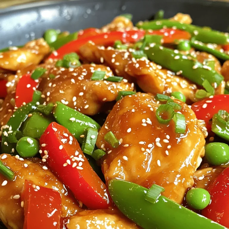 For a tasty Honey Garlic Chicken Stir-Fry, you will need: - 1 lb (450g) boneless chicken thighs, sliced into strips - 2 tablespoons corn starch - 2 tablespoons vegetable oil - 1 red bell pepper, sliced - 1 green bell pepper, sliced - 1 cup snap peas, trimmed - 3 cloves garlic, minced - 1/4 cup honey - 3 tablespoons soy sauce (low sodium preferred) - 1 tablespoon rice vinegar - 1 teaspoon fresh ginger, grated - Salt and pepper to taste - Sesame seeds (for garnish) - Chopped green onions (for garnish) Using the right measurements makes a big difference. For example: - Chicken thighs add flavor and tenderness. - Corn starch helps the chicken get crispy. - A mix of red and green peppers gives color and crunch. Honey is the star here, bringing sweetness to the dish. Be sure to measure accurately for the best taste. You can customize this dish easily. If you can’t find chicken thighs, use chicken breasts. They work well too but may be less juicy. For the vegetables, feel free to swap snap peas for broccoli or carrots. If you want a different flavor, try maple syrup instead of honey. You can also use tamari for a gluten-free option. This recipe is versatile, so get creative with what you have on hand! Check out the Full Recipe for more details. First, gather all your ingredients to make cooking easier. You need: - 1 lb (450g) boneless chicken thighs, sliced into strips - 2 tablespoons corn starch - 2 tablespoons vegetable oil - 1 red bell pepper, sliced - 1 green bell pepper, sliced - 1 cup snap peas, trimmed - 3 cloves garlic, minced - 1/4 cup honey - 3 tablespoons soy sauce - 1 tablespoon rice vinegar - 1 teaspoon fresh ginger, grated - Salt and pepper to taste - Sesame seeds (for garnish) - Chopped green onions (for garnish) Start by tossing the sliced chicken with corn starch in a bowl. This helps it get crispy when cooked. Heat 1 tablespoon of vegetable oil in a large pan or wok over medium-high heat. Once hot, add the coated chicken. Season it with salt and pepper. Cook for about 5-7 minutes. You want the chicken to be golden brown and cooked through. After that, take the chicken out of the pan and set it aside. In the same pan, add the rest of the vegetable oil. Sauté the minced garlic and grated ginger for about 30 seconds. You want it to smell great. Then, toss in the sliced red and green bell peppers, along with the snap peas. Stir-fry for about 3-4 minutes. The veggies should be tender yet still crisp. Next, mix honey, soy sauce, and rice vinegar in a small bowl. Pour this sauce over the chicken and veggies in the pan. Stir to combine everything. Cook for an extra 2-3 minutes until the sauce thickens. Taste it and adjust the seasoning if needed. Finally, garnish with sesame seeds and chopped green onions. Now you can enjoy a quick and tasty meal! For the complete recipe, check the Full Recipe. To make a great sauce, mix honey, soy sauce, and rice vinegar. This mix adds sweet and salty flavors. Taste your sauce before adding it to the pan. You want it to balance well with the chicken and veggies. If it’s too sweet, add a bit more soy sauce. If it’s too salty, add a little more honey. For crispy chicken, coat it in corn starch first. This helps create a crunchy outer layer. Cook the chicken in a hot pan with enough oil. Don’t crowd the pan, or the chicken will steam instead of fry. Cook in batches if needed. Let the chicken rest for a minute after cooking. This keeps it juicy inside. One mistake is not preheating your pan. Always heat your pan before adding oil. This helps sear the chicken quickly. Another mistake is overcooking the vegetables. Stir-fry them just until they are bright and slightly tender. Lastly, don’t skip the garnishes. Sesame seeds and green onions add flavor and make your dish look great. For the full recipe, check out the detailed instructions above. {{image_2}} You can easily add more veggies to this dish. Broccoli, carrots, and zucchini work great. They add color and crunch. Just cut them into small pieces for quick cooking. Add them after the garlic and ginger. Stir-fry for a few minutes. This way, they stay crisp and bright. If you like heat, add red pepper flakes or sriracha. Start with a small amount and taste as you go. You can also use sliced jalapeños for a fresh kick. Mix them in with the garlic and ginger. This will give your stir-fry a nice spicy flavor. You can switch the chicken for other proteins like shrimp or tofu. Shrimp cooks quickly and adds a nice taste. Tofu soaks up the sauce well. For tofu, press it first to remove extra water. Then, cut it into cubes and cook until golden. This way, you have a tasty meal that fits your diet. Don’t forget, you can find the full recipe above to get started! After enjoying your honey garlic chicken stir-fry, store leftovers in an airtight container. Let the dish cool to room temperature first. This keeps it fresh and tasty. Place the container in the fridge. It will stay good for about three to four days. To reheat, use a pan over medium heat. Add a splash of water or oil to keep it moist. Stir it often until heated through. You can also use a microwave. Place the stir-fry in a microwave-safe dish. Cover it loosely and heat for one to two minutes. Stir halfway through to ensure even heating. For long-term storage, you can freeze the stir-fry. Place cooled portions in freezer-safe bags or containers. Remove as much air as possible to prevent freezer burn. Label each bag with the date. It can last up to three months in the freezer. When ready to eat, thaw it in the fridge overnight before reheating. Enjoy your meal later with ease! For the full recipe, check out the details above. To make honey garlic chicken stir-fry low-carb, skip the corn starch. Use chicken thighs, which are low in carbs. Instead of rice, serve it over cauliflower rice. You can add more veggies like zucchini or broccoli to fill your plate. These changes keep the dish tasty and healthy. You can try different sauces for flavor. Teriyaki sauce works well. It adds a sweet and savory taste. You can also use hoisin sauce for a thicker texture. For a spicy kick, mix in some chili sauce or sriracha. Each option changes the dish, making it fun to explore! Yes, you can prepare honey garlic chicken stir-fry in advance. Cook the chicken and veggies, then let them cool. Store them in an airtight container in the fridge for up to three days. When ready to eat, reheat in a pan. Add fresh sauce if desired. This method saves time on busy nights. For the full recipe, check out the detailed instructions above. This blog post shared key steps to make a delicious chicken dish. I covered the ingredients, providing options for substitutions and measurements. You learned how to prepare and cook the chicken and vegetables effectively. Tips helped you avoid common mistakes and achieve that perfect sauce. I also detailed storage and reheating tips to enjoy leftovers later. Experiment with variations to suit your taste. Remember, cooking is fun and allows you to create dishes that reflect your style. Enjoy every bite!