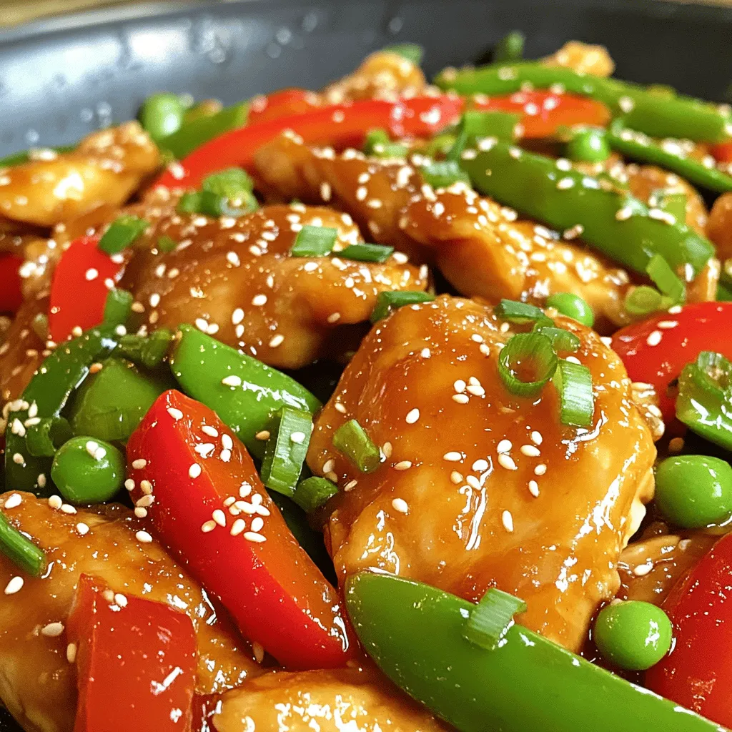 For a tasty Honey Garlic Chicken Stir-Fry, you will need: - 1 lb (450g) boneless chicken thighs, sliced into strips - 2 tablespoons corn starch - 2 tablespoons vegetable oil - 1 red bell pepper, sliced - 1 green bell pepper, sliced - 1 cup snap peas, trimmed - 3 cloves garlic, minced - 1/4 cup honey - 3 tablespoons soy sauce (low sodium preferred) - 1 tablespoon rice vinegar - 1 teaspoon fresh ginger, grated - Salt and pepper to taste - Sesame seeds (for garnish) - Chopped green onions (for garnish) Using the right measurements makes a big difference. For example: - Chicken thighs add flavor and tenderness. - Corn starch helps the chicken get crispy. - A mix of red and green peppers gives color and crunch. Honey is the star here, bringing sweetness to the dish. Be sure to measure accurately for the best taste. You can customize this dish easily. If you can’t find chicken thighs, use chicken breasts. They work well too but may be less juicy. For the vegetables, feel free to swap snap peas for broccoli or carrots. If you want a different flavor, try maple syrup instead of honey. You can also use tamari for a gluten-free option. This recipe is versatile, so get creative with what you have on hand! Check out the Full Recipe for more details. First, gather all your ingredients to make cooking easier. You need: - 1 lb (450g) boneless chicken thighs, sliced into strips - 2 tablespoons corn starch - 2 tablespoons vegetable oil - 1 red bell pepper, sliced - 1 green bell pepper, sliced - 1 cup snap peas, trimmed - 3 cloves garlic, minced - 1/4 cup honey - 3 tablespoons soy sauce - 1 tablespoon rice vinegar - 1 teaspoon fresh ginger, grated - Salt and pepper to taste - Sesame seeds (for garnish) - Chopped green onions (for garnish) Start by tossing the sliced chicken with corn starch in a bowl. This helps it get crispy when cooked. Heat 1 tablespoon of vegetable oil in a large pan or wok over medium-high heat. Once hot, add the coated chicken. Season it with salt and pepper. Cook for about 5-7 minutes. You want the chicken to be golden brown and cooked through. After that, take the chicken out of the pan and set it aside. In the same pan, add the rest of the vegetable oil. Sauté the minced garlic and grated ginger for about 30 seconds. You want it to smell great. Then, toss in the sliced red and green bell peppers, along with the snap peas. Stir-fry for about 3-4 minutes. The veggies should be tender yet still crisp. Next, mix honey, soy sauce, and rice vinegar in a small bowl. Pour this sauce over the chicken and veggies in the pan. Stir to combine everything. Cook for an extra 2-3 minutes until the sauce thickens. Taste it and adjust the seasoning if needed. Finally, garnish with sesame seeds and chopped green onions. Now you can enjoy a quick and tasty meal! For the complete recipe, check the Full Recipe. To make a great sauce, mix honey, soy sauce, and rice vinegar. This mix adds sweet and salty flavors. Taste your sauce before adding it to the pan. You want it to balance well with the chicken and veggies. If it’s too sweet, add a bit more soy sauce. If it’s too salty, add a little more honey. For crispy chicken, coat it in corn starch first. This helps create a crunchy outer layer. Cook the chicken in a hot pan with enough oil. Don’t crowd the pan, or the chicken will steam instead of fry. Cook in batches if needed. Let the chicken rest for a minute after cooking. This keeps it juicy inside. One mistake is not preheating your pan. Always heat your pan before adding oil. This helps sear the chicken quickly. Another mistake is overcooking the vegetables. Stir-fry them just until they are bright and slightly tender. Lastly, don’t skip the garnishes. Sesame seeds and green onions add flavor and make your dish look great. For the full recipe, check out the detailed instructions above. {{image_2}} You can easily add more veggies to this dish. Broccoli, carrots, and zucchini work great. They add color and crunch. Just cut them into small pieces for quick cooking. Add them after the garlic and ginger. Stir-fry for a few minutes. This way, they stay crisp and bright. If you like heat, add red pepper flakes or sriracha. Start with a small amount and taste as you go. You can also use sliced jalapeños for a fresh kick. Mix them in with the garlic and ginger. This will give your stir-fry a nice spicy flavor. You can switch the chicken for other proteins like shrimp or tofu. Shrimp cooks quickly and adds a nice taste. Tofu soaks up the sauce well. For tofu, press it first to remove extra water. Then, cut it into cubes and cook until golden. This way, you have a tasty meal that fits your diet. Don’t forget, you can find the full recipe above to get started! After enjoying your honey garlic chicken stir-fry, store leftovers in an airtight container. Let the dish cool to room temperature first. This keeps it fresh and tasty. Place the container in the fridge. It will stay good for about three to four days. To reheat, use a pan over medium heat. Add a splash of water or oil to keep it moist. Stir it often until heated through. You can also use a microwave. Place the stir-fry in a microwave-safe dish. Cover it loosely and heat for one to two minutes. Stir halfway through to ensure even heating. For long-term storage, you can freeze the stir-fry. Place cooled portions in freezer-safe bags or containers. Remove as much air as possible to prevent freezer burn. Label each bag with the date. It can last up to three months in the freezer. When ready to eat, thaw it in the fridge overnight before reheating. Enjoy your meal later with ease! For the full recipe, check out the details above. To make honey garlic chicken stir-fry low-carb, skip the corn starch. Use chicken thighs, which are low in carbs. Instead of rice, serve it over cauliflower rice. You can add more veggies like zucchini or broccoli to fill your plate. These changes keep the dish tasty and healthy. You can try different sauces for flavor. Teriyaki sauce works well. It adds a sweet and savory taste. You can also use hoisin sauce for a thicker texture. For a spicy kick, mix in some chili sauce or sriracha. Each option changes the dish, making it fun to explore! Yes, you can prepare honey garlic chicken stir-fry in advance. Cook the chicken and veggies, then let them cool. Store them in an airtight container in the fridge for up to three days. When ready to eat, reheat in a pan. Add fresh sauce if desired. This method saves time on busy nights. For the full recipe, check out the detailed instructions above. This blog post shared key steps to make a delicious chicken dish. I covered the ingredients, providing options for substitutions and measurements. You learned how to prepare and cook the chicken and vegetables effectively. Tips helped you avoid common mistakes and achieve that perfect sauce. I also detailed storage and reheating tips to enjoy leftovers later. Experiment with variations to suit your taste. Remember, cooking is fun and allows you to create dishes that reflect your style. Enjoy every bite!