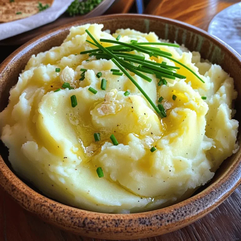 - Yukon Gold Potatoes: These potatoes have a creamy texture. They hold flavor well and mash easily. Their buttery taste makes them perfect for this dish. Choose potatoes that are firm and smooth. Avoid any with dark spots or wrinkles. - Fresh Garlic: Fresh garlic adds great flavor. Look for firm cloves that are not sprouted. Mince the garlic finely for the best taste. Sautéing it in butter brings out its sweetness. - Dairy Essentials: Heavy cream and sour cream are key to richness. Heavy cream adds smoothness, while sour cream gives a slight tang. Always use full-fat versions for the best results. - Cheese Varieties: Adding cheese can enhance flavor. Cream cheese, cheddar, or Parmesan work well. Stir in a half-cup of your favorite cheese for extra richness. - Herbs: Fresh herbs can brighten the dish. Chives, parsley, or thyme are great choices. Chop them finely and mix them in before serving. - Spice It Up: If you like some heat, try adding crushed red pepper or chili flakes. A little can go a long way. Start with a pinch and adjust to taste. For the full recipe, check out the recipe link! To make creamy garlic mashed potatoes, start with the right potatoes. I always use Yukon Gold potatoes because they are creamy and flavorful. - Peeling and cubing: Use a vegetable peeler to remove the skin. Cut the potatoes into even cubes. This helps them cook evenly. - Importance of cold water: After cubing, place the potatoes in a large pot. Cover them with cold water and add a pinch of salt. Starting with cold water helps the potatoes cook at the same rate. Next, we need to cook the potatoes for that perfect texture. - Boiling potatoes: Bring the pot to a boil over medium-high heat. Once boiling, lower the heat to a simmer. Cook for about 15-20 minutes. You want them fork-tender, meaning a fork slides easily through. - Sautéing garlic: In a small saucepan, melt the butter over medium heat. Add the minced garlic and sauté for about 2 minutes. Keep an eye on it; you don’t want it to brown. A fragrant smell means it’s ready. Now, let’s mash those potatoes into creamy goodness. - Using a potato masher vs. ricer: Use a potato masher for a rustic texture. If you want it super smooth, a ricer is the way to go. Both work well, so choose what you like. - Achieving the ultimate creamy texture: After mashing, add in the heavy cream, sour cream, and garlic butter from before. Mix well until it’s smooth and creamy. Adjust salt and pepper to taste. For a full recipe on creamy garlic mashed potatoes, check the [Full Recipe]. To make creamy garlic mashed potatoes, you need to mix well. Start by mashing the potatoes before adding dairy. Use a potato masher or ricer for a smooth texture. When adding the dairy, ensure it is warm. Warm cream and butter blend better into the potatoes. Cold dairy can make your mash lumpy. Keep stirring until everything is combined. This will give you that rich, creamy texture you want. You can prepare these mashed potatoes in advance. Store them in an airtight container in the fridge. This keeps them fresh and tasty. When you are ready to serve, reheat them gently. Use low heat on the stove or microwave. Add a splash of warm cream if they seem dry. Stir well to keep that creamy texture. You can serve them hot and delicious, just like fresh! {{image_2}} Roasted garlic version: Roasting garlic adds a sweet, nutty flavor. To roast garlic, preheat your oven to 400°F (200°C). Cut the top off a whole garlic bulb, drizzle it with olive oil, and wrap it in foil. Bake for about 30-35 minutes until soft. Squeeze the roasted garlic into your mashed potatoes for a rich taste. Herb-infused: Fresh herbs can change the game. Try adding rosemary, thyme, or basil to your mashed potatoes. Chop the herbs finely and stir them in right before serving. This adds fresh notes that elevate the dish. You could also use a blend of herbs for a unique twist. Vegan alternatives: If you want a dairy-free option, use coconut cream instead of heavy cream. Substitute vegan butter for regular butter. You can also use cashew cream for a rich, creamy texture. These swaps keep your mashed potatoes delicious and vegan-friendly. Low-carb options: For a low-carb version, swap the potatoes for cauliflower. Steam and mash the cauliflower with garlic and your choice of dairy. This gives you a creamy texture and cuts carbs significantly, making it perfect for those on a low-carb diet. For the complete experience, refer to the Full Recipe. To keep your creamy garlic mashed potatoes fresh, store them in airtight containers. This step keeps moisture in and prevents the potatoes from drying out. Make sure to let them cool down to room temperature before sealing them. If you store them in the fridge, they should last about three to five days. Always label your containers with the date to track freshness. If you want to save some for later, freezing is a great option. Start by letting the mashed potatoes cool completely. Then, scoop them into freezer-safe bags or containers. Make sure to remove as much air as possible. This helps avoid freezer burn. For best results, use them within two months. When you're ready to eat, take the potatoes out of the freezer. Thaw them in the fridge overnight for safe thawing. To reheat, place them in a pot over low heat. Stir often to ensure even heating. If they seem dry, add a splash of heavy cream or milk to bring back the creamy texture. Enjoy your mashed potatoes just like when they were fresh! Can I use other types of potatoes? Yes, you can use other types of potatoes. Some great options include Russet and red potatoes. Each type brings its own taste and texture. Yukon Gold potatoes, however, are creamy and buttery, making them the best choice. How do I fix gluey mashed potatoes? If your mashed potatoes are gluey, you likely over-mixed them. To fix this, add a bit of warm milk or cream and gently fold. This can help loosen the texture without overworking the potatoes again. What can I serve with creamy garlic mashed potatoes? These mashed potatoes pair well with many dishes. Serve them with roasted meats, grilled vegetables, or a rich gravy. They also complement fish and poultry nicely. What to do if the potatoes are too dry? If your mashed potatoes are dry, add more cream or butter. Heat them gently on the stove while mixing in the extra dairy. This will help restore their creaminess. How to make the dish more flavorful? To boost flavor, add more garlic or mix in herbs like chives or parsley. You can also include cheese for a richer taste. Just remember to taste as you go! Can I substitute heavy cream? Yes, you can use milk or a non-dairy cream. These options may change the texture slightly, but they will still create tasty mashed potatoes. Scaling the recipe for larger servings To make more servings, simply double or triple the ingredients. Keep the same cooking times, but check the potatoes for tenderness as they may take longer when cooking larger amounts. Adjustments for dietary restrictions and preferences For vegan options, use dairy-free cream and butter. If you're low-carb, consider using cauliflower instead of potatoes. This can give you a lighter version of creamy garlic mashed potatoes. Creamy garlic mashed potatoes are easy and fun to make. We covered key ingredients, like Yukon Gold potatoes and fresh garlic. Optional add-ins, like cheese and herbs, can enhance flavor. Remember to follow the step-by-step instructions for the best texture. Use tips for creaminess and make ahead for convenience. You can also try tasty variations or dietary adjustments to suit your needs. With proper storage, enjoy leftovers without losing quality. Now, go create your perfect garlic mashed potatoes and delight everyone at your table.