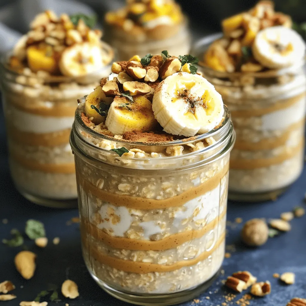 - 1 cup rolled oats - 2 cups almond milk (or any milk of choice) - 2 ripe bananas, mashed - 4 tablespoons peanut butter (creamy or crunchy) - 2 tablespoons honey or maple syrup - 1 teaspoon vanilla extract - 1/2 teaspoon cinnamon - Pinch of salt - Sliced banana - Chopped nuts - Coconut flakes - Chocolate chips Gather these ingredients to make your Peanut Butter Banana Overnight Oats. The main ingredients are simple and wholesome. Rolled oats are the base, giving you a hearty start. Almond milk adds creaminess, while ripe bananas provide natural sweetness. Peanut butter brings rich flavor and protein. Honey or maple syrup can sweeten it to your taste. Vanilla extract adds warmth, and cinnamon brings a cozy touch. A pinch of salt balances the flavors perfectly. For toppings, sliced banana can add texture and more sweetness. Chopped nuts give a nice crunch. Coconut flakes can add a tropical twist, and chocolate chips bring a fun element. This recipe is flexible, so feel free to mix and match your toppings. You can find the full recipe in the article. Enjoy crafting your own delicious variety! - Combine rolled oats, almond milk, mashed bananas, peanut butter, honey or maple syrup, vanilla extract, cinnamon, and salt. - Mix ingredients thoroughly until well blended. This step is key for flavor. - Divide mixture into jars or airtight containers. - Seal and refrigerate overnight to allow oats to soften. - Stir the oats before serving to mix flavors. - Add desired toppings like sliced bananas, chopped nuts, or chocolate chips. These will enhance taste and texture. Enjoy this Peanut Butter Banana Overnight Oats recipe to start your day right! For the full recipe, click here. - Use ripe bananas for natural sweetness. Ripe bananas provide a rich flavor. - Adjust peanut butter quantity based on preference. More peanut butter gives a creamier taste. - Add extra almond milk if oats are too thick. This helps keep the oats smooth. - Taste and adjust sweetness before refrigerating. You can add more honey or syrup if needed. - Enjoy oats for breakfast up to 3 days after preparation. They stay fresh and tasty in the fridge. {{image_2}} You can easily change the taste of your oats. Add cacao powder for a yummy chocolate twist. It gives a rich flavor and pairs well with peanut butter. If you want extra protein, toss in some protein powder. It makes your meal filling and helps with muscle recovery. You don't have to stick to almond milk. Try soy, oat, or coconut milk instead. Each milk brings a different taste. Coconut milk adds a nice creaminess, while oat milk keeps it light and smooth. Experiment and find your favorite! If you want a vegan option, switch honey for maple syrup. It keeps the sweetness without using animal products. Maple syrup adds a unique taste that pairs perfectly with bananas and peanut butter. You can enjoy your oats while sticking to your diet! For the full recipe, check out Peanut Butter Banana Bliss Overnight Oats. Store your leftover Peanut Butter Banana Overnight Oats in an airtight container in the fridge. This keeps them fresh and tasty. You can enjoy them for up to 3 days. Just make sure to check for any changes in smell or texture before eating. If you want to make a big batch, you can freeze the mixture before soaking. However, be aware that freezing can change the texture. To enjoy your oats later, thaw them overnight in the refrigerator. This way, you can still have a delicious breakfast ready to go! Oats can be stored in the refrigerator for up to 3 days. This makes them great for meal prep. You can enjoy a quick breakfast for several days. Just remember to keep them in airtight containers. Yes, but the texture may differ; adjust soaking time accordingly. Quick oats absorb liquid faster. This can make them softer and creamier. If you like a chunkier texture, stick with rolled oats. Yes, ensure oats are certified gluten-free if sensitive. Many oats can be cross-contaminated with gluten. Always check for labels that say "gluten-free" to be safe. Substitute with almond butter or sunflower seed butter for nut-free options. These alternatives will still give you a creamy texture. They also add their own unique flavors, making your oats special. Nutritional details can be provided based on specific ingredients used. You can calculate calories, fats, and protein based on what you add. For the best results, check each ingredient's nutrition facts. Peanut butter banana overnight oats are easy to make and fun to customize. We mixed oats, almond milk, ripe bananas, and nut butter for flavor and nutrition. You can store them for three days, making breakfast quick and simple. Feel free to experiment with different toppings, flavors, and milk options. This recipe fits many diets, so enjoy it your way. You'll have a tasty meal ready in no time. Get started today and make your mornings better!
