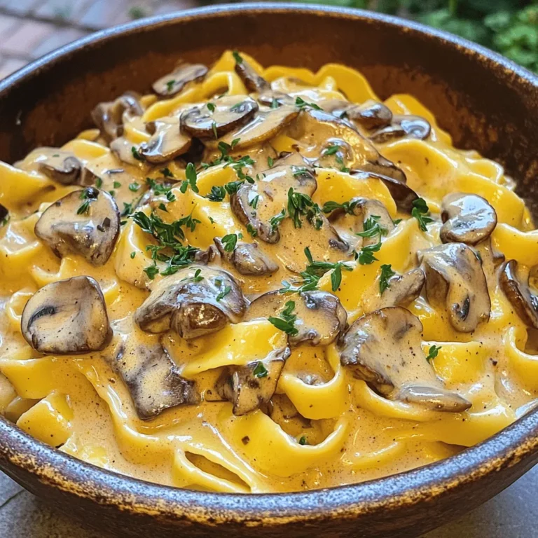 For a tasty vegan mushroom stroganoff, you need fresh, vegan-friendly ingredients. Here is what you will need: - 12 oz wide egg-free pasta (like fettuccine or tagliatelle) - 2 tablespoons olive oil - 1 medium onion, diced - 3 cloves garlic, minced - 16 oz mixed mushrooms, sliced (cremini, shiitake, and button) - 1 teaspoon dried thyme - 1 teaspoon smoked paprika - Salt and pepper to taste - 2 tablespoons soy sauce or tamari - 1 cup vegetable broth - 1 cup coconut milk (or unsweetened almond milk) - 2 tablespoons nutritional yeast (optional) - Fresh parsley, chopped for garnish These ingredients come together to create a rich and creamy dish that is purely plant-based. Some ingredients in this recipe add unique flavors. Coconut milk gives a creamy texture and rich taste. It is a great substitute for dairy. You can also use unsweetened almond milk if you prefer. Nutritional yeast is another special ingredient. It adds a cheesy flavor to the dish. You can leave it out if you want a simpler taste. Mushrooms are the star here. Using a mix of mushrooms gives depth to the flavor. Cremini mushrooms are earthy, while shiitake adds a slight smokiness. Button mushrooms are mild and blend well. Choosing the right mix enhances the dish’s overall taste. For the full recipe, check the [Full Recipe]. To start, you need to boil the pasta. Fill a large pot with water and add a pinch of salt. Bring the water to a rolling boil. Then, add 12 oz of wide egg-free pasta. Cook it according to the package instructions until it is al dente. This usually takes about 8 to 10 minutes. Stir the pasta occasionally to keep it from sticking. Once done, drain the pasta in a colander. Be sure to reserve about ½ cup of the pasta water. This water can help thicken your sauce later. Next, it’s time to sauté the aromatics. In a large skillet, heat 2 tablespoons of olive oil over medium heat. Add 1 medium diced onion and a pinch of salt. Cook the onion until it turns translucent, which should take about 4 to 5 minutes. Then, stir in 3 minced garlic cloves and cook for 30 seconds. This step is key for building flavor. Now add 16 oz of mixed mushrooms, sliced. Increase the heat to medium-high and sauté for about 6 to 8 minutes. You want the mushrooms to turn golden brown and release their juices. This enhances the dish's taste. Now, let’s create that creamy sauce. Stir in 1 teaspoon of dried thyme, 1 teaspoon of smoked paprika, and 2 tablespoons of soy sauce. Season with salt and pepper to taste. Next, pour in 1 cup of vegetable broth and bring the mixture to a simmer. Let it cook for about 5 minutes to reduce slightly. After this, lower the heat and add 1 cup of coconut milk. If you want a cheesy flavor, also add 2 tablespoons of nutritional yeast. Stir everything until well combined and heated through. If the sauce seems too thick, add a bit of that reserved pasta water until you reach your desired consistency. With these steps, your Vegan Mushroom Stroganoff will be rich and creamy, bursting with flavor. Don't forget to check the seasoning as you go! To adjust the thickness of your sauce, add a little pasta water. This helps make it creamy. If it's too thick, mix in more water until it feels just right. For creaminess, use coconut milk or almond milk. These options add richness without dairy. Seasoning balance is key. Taste as you cook. Add salt slowly, and use fresh herbs for flavor. Smoked paprika and thyme bring warmth. Nutritional yeast can add a cheesy taste. It’s optional but highly recommended. You can cook your pasta and sauce together. Start boiling the pasta while you sauté the onions. This saves time. When the pasta is almost done, add it to the sauce. Cook it all together for a few minutes to blend flavors. Multi-tasking is your friend in the kitchen. While the pasta cooks, chop the onions and garlic. This keeps everything moving smoothly. Keeping an eye on both pots helps the meal come together faster. For herbs, fresh parsley is great. It adds a pop of color and taste. You can also try chives or dill for a twist. Consider adding some crushed red pepper for a kick. For a beautiful presentation, serve the stroganoff in a large bowl. Drizzle olive oil on top for shine. You can pair this dish with a simple side salad. It makes the meal feel complete and fresh. {{image_2}} You can easily make this dish gluten-free. Just swap the pasta for gluten-free options, like rice noodles or chickpea pasta. These choices taste great and keep the same creamy texture. Adding extra vegetables boosts nutrition and flavor. Try spinach, bell peppers, or zucchini in your stroganoff. Sauté them with the onions and garlic for a tasty mix. To change the flavor profile, use different spices or herbs. For a more earthy taste, add rosemary or sage. If you want a bit of heat, sprinkle in some red pepper flakes. If you aren't strictly vegan, top your stroganoff with cooked lentils, chickpeas, or even some grilled chicken. These additions give you extra protein and make the dish heartier. On a budget? Use frozen mushrooms or canned coconut milk. These options are cost-effective and still delicious. For a lower-calorie version, try using less coconut milk and more vegetable broth. You can also add more veggies to fill you up while keeping calories down. If you need more protein, mix in some tofu or tempeh. These ingredients are great plant-based options and will keep you satisfied. Check out the Full Recipe for more ideas and tips on how to make this dish your own! To keep your Vegan Mushroom Stroganoff fresh, store leftovers in an airtight container. Let the dish cool to room temperature before sealing. Place the container in the fridge. This way, it stays good for about 3 to 5 days. For best results, use glass or BPA-free plastic containers. These materials help keep flavors intact. For reheating, the microwave is quick, but the stovetop is best. On the stove, add a splash of water or vegetable broth to keep the dish moist. Cook on low heat, stirring often. This helps the sauce stay creamy and prevents burning. If using a microwave, cover the dish with a microwave-safe lid to trap steam. You can freeze Vegan Mushroom Stroganoff, but some textures may change. To freeze, let it cool completely. Then, place it in a freezer-safe container or bag. Be sure to remove excess air. This dish can be frozen for up to 3 months. To thaw, move it to the fridge overnight. Reheat gently on the stove or in the microwave, adding a bit of liquid to restore creaminess. To make this dish gluten-free, swap the pasta for gluten-free options. Look for pasta made from brown rice or chickpeas. These options cook well and taste great. For the soy sauce, use tamari, which is gluten-free. Most other ingredients in this recipe are naturally gluten-free, so you’re in good shape! Yes, you can make this dish without nuts. Instead of coconut milk, try unsweetened almond milk or oat milk. Both add creaminess without nut flavors. You can skip nutritional yeast if you prefer. Instead, add a pinch of garlic powder or onion powder for depth. Vegan Mushroom Stroganoff lasts about 3-5 days in the fridge. Store it in an airtight container to keep it fresh. When you reheat, add a splash of vegetable broth or water to keep it creamy. For vegan stroganoff, use wide egg-free pasta like fettuccine or tagliatelle. These shapes hold the sauce well. You can also choose gluten-free pasta for a different texture. Other options include whole wheat pasta or even spiralized veggies for a fun twist! Yes, you can prepare Vegan Mushroom Stroganoff ahead of time. Cook the pasta and sauce separately. Store them in the fridge, and combine them when ready to serve. This helps keep the pasta from getting mushy. Reheat gently on the stove with a bit of broth or water. Serve this dish with a fresh side salad or steamed veggies for balance. Crusty bread makes a great addition too! If you want something hearty, try roasted potatoes or quinoa. These sides make your meal complete and satisfying. For the full recipe, check out the details above! This guide covers vegan mushroom stroganoff, from ingredients to storage tips. You learned about vegan-friendly items, unique flavors, and how to make a creamy sauce. I shared cooking techniques, garnishing ideas, and ways to customize your dish. With these insights, you can make delicious meals for any occasion. Remember, cooking is fun and gives you room to be creative. Enjoy exploring and making this dish your own!