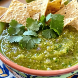 To make your salsa verde, you need some fresh items. Here’s what to gather: - 6 medium tomatillos, husked and rinsed - 1 small onion, quartered - 2 cloves garlic, unpeeled - 1-2 jalapeño peppers, stems removed (adjust for spice preference) These fresh ingredients are the heart of your salsa. Tomatillos give it a tangy kick. Jalapeños can add heat, but you can adjust them to suit your taste. The onion and garlic bring out deep flavors. Next, let’s add some herbs and seasoning. You will need: - 1 cup fresh cilantro, chopped - Juice of 2 limes - Salt, to taste - 1 tablespoon olive oil Cilantro adds a fresh, bright taste. Lime juice gives it a zesty punch. Salt and olive oil help to balance the flavors and enhance the taste. Lastly, gather these kitchen tools to make the process easy: - Baking sheet - Blender or food processor - Measuring cups You will use the baking sheet to roast your veggies. A blender or food processor will mix everything well. Measuring cups help you get the right amounts for each ingredient. This simple list covers everything you need for a fresh and flavorful salsa verde. Check out the Full Recipe for more details! To start, you need to clean the tomatillos. Remove the husks and rinse them under cool water. This removes any sticky residue. After that, quarter the onion. This helps it roast evenly. For the jalapeños, simply remove the stems. You can keep the seeds for heat or take them out for less spice. Next, preheat your oven to 425°F (220°C). Spread the tomatillos, onion, and garlic cloves on a baking sheet. Add the jalapeños for roasting. Drizzle olive oil on top and sprinkle some salt. Roast everything in the oven for about 15 to 20 minutes. You want them to be tender and slightly charred. Watch closely to avoid burning. Once roasted, take the baking sheet out of the oven and let it cool for a few minutes. Now, transfer the roasted ingredients into a blender or food processor. Add the chopped cilantro and the juice of two limes. Blend until smooth, scraping down the sides as needed. Taste your salsa verde now. If it needs salt, add some. For a chunkier look, pulse the mixture a few times instead of blending completely. This method creates a fresh and flavorful salsa verde that enhances any dish. For the full recipe, refer back to the earlier section. When making salsa verde, the spice level is key. Jalapeños can vary in heat. To choose the right one, look at the skin color. Dark green usually means more heat. If you want a milder salsa, remove the seeds and ribs. You can also use poblano peppers for a sweet kick. These are much milder and still add great flavor. You can boost the flavor of your salsa verde with some extra ingredients. Consider adding a pinch of cumin for warmth. A dash of smoked paprika can give it a nice smoky touch. Fresh ingredients like lime juice and cilantro really lift the taste. Always use fresh herbs for the best flavor. They make a big difference in your dish. Salsa verde is versatile and fun to serve. Try it with grilled meats like chicken or pork. It also pairs well with fish tacos and quesadillas. For a fun twist, serve it with fresh veggies, like carrot sticks or cucumber slices. You can even drizzle it over a salad for a zesty kick. It’s a great way to brighten up any meal. Don't forget, serving it in a colorful bowl makes it even more appealing. For the full recipe, check out the details above. {{image_2}} You can easily switch up your salsa verde by adding unique ingredients. Adding fruit like mango or pineapple gives a sweet twist to your salsa. The fruit adds a nice balance to the tangy tomatillos. You can simply chop them and mix them in after blending. It creates a fun, fresh flavor that pairs well with many dishes. Another great idea is to incorporate roasted garlic. Roasting garlic makes it taste sweet and rich. Just put unpeeled cloves on the baking sheet with your tomatillos. The garlic becomes soft and tasty as it roasts. Blend it in for an extra layer of flavor that you will love. If you like heat, try using serrano peppers. They pack more spice than jalapeños. You can blend them in for a fiery kick. Start with one and taste as you go. You can always add more if you want it spicier. If you prefer a mild salsa, you can omit the jalapeños. The salsa will remain fresh and tasty without them. You can still enjoy all the vibrant flavors from tomatillos and other ingredients. Salsa verde is perfect for many diets. It is naturally vegan and gluten-free. The fresh ingredients make it healthy and delicious. You can serve it to anyone, and they will enjoy it. If you are watching your sodium intake, consider low-sodium options. Use less salt in your recipe. You can also use fresh lime juice for flavor without added salt. This way, everyone can enjoy your salsa verde without worry. For the full recipe, check out the Zesty Green Delight Salsa Verde. To keep your salsa verde fresh, use airtight containers. Glass jars or plastic containers work well. Always let the salsa cool before sealing it. This prevents condensation, which can spoil your salsa. Store it in the fridge right after preparation. The cold slows down spoilage and keeps flavors bright. You can freeze salsa verde if you want to save some for later. Pour it into freezer bags or containers. Leave some space for expansion as it freezes. When you’re ready to use it, take it out and thaw in the fridge overnight. For quicker thawing, run the bag under cold water. Avoid using a microwave, as it can change the texture. Salsa verde will last about a week in the fridge. Always check for signs of spoilage. If it smells off or shows mold, throw it away. Fresh salsa should have a vibrant green color. If it turns brown or dull, it's time to discard it. Enjoy your salsa verde within a week for the best taste! Yes, you can use canned tomatillos. They save time and add flavor. Just drain and rinse them before blending. Canned tomatillos may be softer, so adjust cooking times if needed. Fresh tomatillos give a brighter taste, but canned works well in a pinch. I often use them when fresh ones are not available. To spice up your salsa verde, add more jalapeño peppers. You can also use serrano peppers for extra heat. Remove the seeds and ribs for less spice. For a smoky flavor, try adding chipotle peppers in adobo sauce. Just blend them in with the other ingredients. Salsa verde is versatile and pairs well with many dishes. It works great with grilled meats like chicken or pork. You can drizzle it on tacos for added flavor. It complements roasted vegetables well, too. - Using with meats and vegetables Try it with grilled chicken, pork, or fish. It also brightens up roasted veggies like zucchini or bell peppers. - Dipping options for appetizers Serve salsa verde with tortilla chips. You can also use it as a dip for fresh veggies like carrots and cucumbers. It's perfect for adding zing to quesadillas or nachos. Homemade salsa verde lasts about 5-7 days in the fridge. Store it in an airtight container to keep it fresh. If you want to keep it longer, freeze it. Salsa verde can last up to 3 months in the freezer. Just thaw it overnight in the fridge before using. Salsa verde is a fresh and flavorful addition to many dishes. You learned how to select fresh ingredients and use kitchen tools effectively. I shared tips for adjusting spice levels and enhancing flavors. You can even try unique variations to make it your own. Proper storage ensures your salsa stays fresh and delicious longer. Remember these steps, and enjoy your salsa verde with tacos, grilled meats, or as a dip. It’s easy, fun, and worth making!