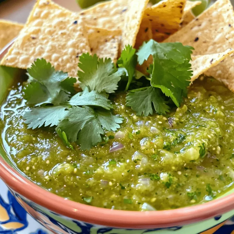 To make your salsa verde, you need some fresh items. Here’s what to gather: - 6 medium tomatillos, husked and rinsed - 1 small onion, quartered - 2 cloves garlic, unpeeled - 1-2 jalapeño peppers, stems removed (adjust for spice preference) These fresh ingredients are the heart of your salsa. Tomatillos give it a tangy kick. Jalapeños can add heat, but you can adjust them to suit your taste. The onion and garlic bring out deep flavors. Next, let’s add some herbs and seasoning. You will need: - 1 cup fresh cilantro, chopped - Juice of 2 limes - Salt, to taste - 1 tablespoon olive oil Cilantro adds a fresh, bright taste. Lime juice gives it a zesty punch. Salt and olive oil help to balance the flavors and enhance the taste. Lastly, gather these kitchen tools to make the process easy: - Baking sheet - Blender or food processor - Measuring cups You will use the baking sheet to roast your veggies. A blender or food processor will mix everything well. Measuring cups help you get the right amounts for each ingredient. This simple list covers everything you need for a fresh and flavorful salsa verde. Check out the Full Recipe for more details! To start, you need to clean the tomatillos. Remove the husks and rinse them under cool water. This removes any sticky residue. After that, quarter the onion. This helps it roast evenly. For the jalapeños, simply remove the stems. You can keep the seeds for heat or take them out for less spice. Next, preheat your oven to 425°F (220°C). Spread the tomatillos, onion, and garlic cloves on a baking sheet. Add the jalapeños for roasting. Drizzle olive oil on top and sprinkle some salt. Roast everything in the oven for about 15 to 20 minutes. You want them to be tender and slightly charred. Watch closely to avoid burning. Once roasted, take the baking sheet out of the oven and let it cool for a few minutes. Now, transfer the roasted ingredients into a blender or food processor. Add the chopped cilantro and the juice of two limes. Blend until smooth, scraping down the sides as needed. Taste your salsa verde now. If it needs salt, add some. For a chunkier look, pulse the mixture a few times instead of blending completely. This method creates a fresh and flavorful salsa verde that enhances any dish. For the full recipe, refer back to the earlier section. When making salsa verde, the spice level is key. Jalapeños can vary in heat. To choose the right one, look at the skin color. Dark green usually means more heat. If you want a milder salsa, remove the seeds and ribs. You can also use poblano peppers for a sweet kick. These are much milder and still add great flavor. You can boost the flavor of your salsa verde with some extra ingredients. Consider adding a pinch of cumin for warmth. A dash of smoked paprika can give it a nice smoky touch. Fresh ingredients like lime juice and cilantro really lift the taste. Always use fresh herbs for the best flavor. They make a big difference in your dish. Salsa verde is versatile and fun to serve. Try it with grilled meats like chicken or pork. It also pairs well with fish tacos and quesadillas. For a fun twist, serve it with fresh veggies, like carrot sticks or cucumber slices. You can even drizzle it over a salad for a zesty kick. It’s a great way to brighten up any meal. Don't forget, serving it in a colorful bowl makes it even more appealing. For the full recipe, check out the details above. {{image_2}} You can easily switch up your salsa verde by adding unique ingredients. Adding fruit like mango or pineapple gives a sweet twist to your salsa. The fruit adds a nice balance to the tangy tomatillos. You can simply chop them and mix them in after blending. It creates a fun, fresh flavor that pairs well with many dishes. Another great idea is to incorporate roasted garlic. Roasting garlic makes it taste sweet and rich. Just put unpeeled cloves on the baking sheet with your tomatillos. The garlic becomes soft and tasty as it roasts. Blend it in for an extra layer of flavor that you will love. If you like heat, try using serrano peppers. They pack more spice than jalapeños. You can blend them in for a fiery kick. Start with one and taste as you go. You can always add more if you want it spicier. If you prefer a mild salsa, you can omit the jalapeños. The salsa will remain fresh and tasty without them. You can still enjoy all the vibrant flavors from tomatillos and other ingredients. Salsa verde is perfect for many diets. It is naturally vegan and gluten-free. The fresh ingredients make it healthy and delicious. You can serve it to anyone, and they will enjoy it. If you are watching your sodium intake, consider low-sodium options. Use less salt in your recipe. You can also use fresh lime juice for flavor without added salt. This way, everyone can enjoy your salsa verde without worry. For the full recipe, check out the Zesty Green Delight Salsa Verde. To keep your salsa verde fresh, use airtight containers. Glass jars or plastic containers work well. Always let the salsa cool before sealing it. This prevents condensation, which can spoil your salsa. Store it in the fridge right after preparation. The cold slows down spoilage and keeps flavors bright. You can freeze salsa verde if you want to save some for later. Pour it into freezer bags or containers. Leave some space for expansion as it freezes. When you’re ready to use it, take it out and thaw in the fridge overnight. For quicker thawing, run the bag under cold water. Avoid using a microwave, as it can change the texture. Salsa verde will last about a week in the fridge. Always check for signs of spoilage. If it smells off or shows mold, throw it away. Fresh salsa should have a vibrant green color. If it turns brown or dull, it's time to discard it. Enjoy your salsa verde within a week for the best taste! Yes, you can use canned tomatillos. They save time and add flavor. Just drain and rinse them before blending. Canned tomatillos may be softer, so adjust cooking times if needed. Fresh tomatillos give a brighter taste, but canned works well in a pinch. I often use them when fresh ones are not available. To spice up your salsa verde, add more jalapeño peppers. You can also use serrano peppers for extra heat. Remove the seeds and ribs for less spice. For a smoky flavor, try adding chipotle peppers in adobo sauce. Just blend them in with the other ingredients. Salsa verde is versatile and pairs well with many dishes. It works great with grilled meats like chicken or pork. You can drizzle it on tacos for added flavor. It complements roasted vegetables well, too. - Using with meats and vegetables Try it with grilled chicken, pork, or fish. It also brightens up roasted veggies like zucchini or bell peppers. - Dipping options for appetizers Serve salsa verde with tortilla chips. You can also use it as a dip for fresh veggies like carrots and cucumbers. It's perfect for adding zing to quesadillas or nachos. Homemade salsa verde lasts about 5-7 days in the fridge. Store it in an airtight container to keep it fresh. If you want to keep it longer, freeze it. Salsa verde can last up to 3 months in the freezer. Just thaw it overnight in the fridge before using. Salsa verde is a fresh and flavorful addition to many dishes. You learned how to select fresh ingredients and use kitchen tools effectively. I shared tips for adjusting spice levels and enhancing flavors. You can even try unique variations to make it your own. Proper storage ensures your salsa stays fresh and delicious longer. Remember these steps, and enjoy your salsa verde with tacos, grilled meats, or as a dip. It’s easy, fun, and worth making!