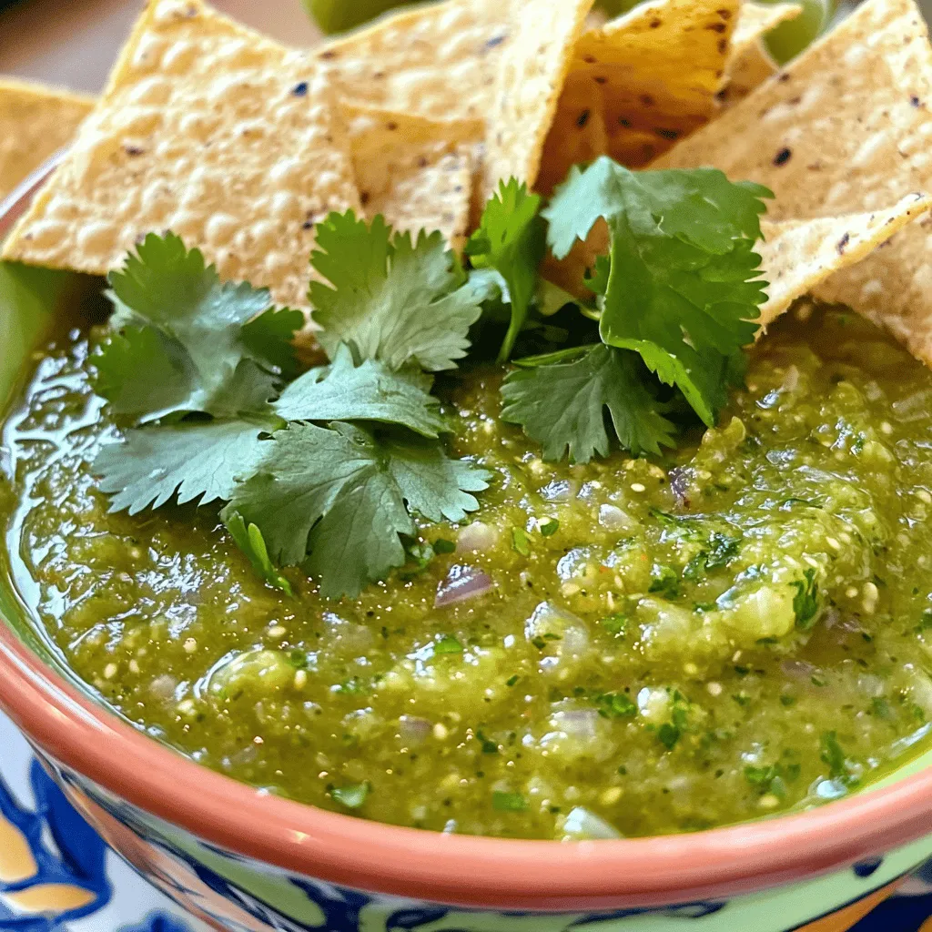To make your salsa verde, you need some fresh items. Here’s what to gather: - 6 medium tomatillos, husked and rinsed - 1 small onion, quartered - 2 cloves garlic, unpeeled - 1-2 jalapeño peppers, stems removed (adjust for spice preference) These fresh ingredients are the heart of your salsa. Tomatillos give it a tangy kick. Jalapeños can add heat, but you can adjust them to suit your taste. The onion and garlic bring out deep flavors. Next, let’s add some herbs and seasoning. You will need: - 1 cup fresh cilantro, chopped - Juice of 2 limes - Salt, to taste - 1 tablespoon olive oil Cilantro adds a fresh, bright taste. Lime juice gives it a zesty punch. Salt and olive oil help to balance the flavors and enhance the taste. Lastly, gather these kitchen tools to make the process easy: - Baking sheet - Blender or food processor - Measuring cups You will use the baking sheet to roast your veggies. A blender or food processor will mix everything well. Measuring cups help you get the right amounts for each ingredient. This simple list covers everything you need for a fresh and flavorful salsa verde. Check out the Full Recipe for more details! To start, you need to clean the tomatillos. Remove the husks and rinse them under cool water. This removes any sticky residue. After that, quarter the onion. This helps it roast evenly. For the jalapeños, simply remove the stems. You can keep the seeds for heat or take them out for less spice. Next, preheat your oven to 425°F (220°C). Spread the tomatillos, onion, and garlic cloves on a baking sheet. Add the jalapeños for roasting. Drizzle olive oil on top and sprinkle some salt. Roast everything in the oven for about 15 to 20 minutes. You want them to be tender and slightly charred. Watch closely to avoid burning. Once roasted, take the baking sheet out of the oven and let it cool for a few minutes. Now, transfer the roasted ingredients into a blender or food processor. Add the chopped cilantro and the juice of two limes. Blend until smooth, scraping down the sides as needed. Taste your salsa verde now. If it needs salt, add some. For a chunkier look, pulse the mixture a few times instead of blending completely. This method creates a fresh and flavorful salsa verde that enhances any dish. For the full recipe, refer back to the earlier section. When making salsa verde, the spice level is key. Jalapeños can vary in heat. To choose the right one, look at the skin color. Dark green usually means more heat. If you want a milder salsa, remove the seeds and ribs. You can also use poblano peppers for a sweet kick. These are much milder and still add great flavor. You can boost the flavor of your salsa verde with some extra ingredients. Consider adding a pinch of cumin for warmth. A dash of smoked paprika can give it a nice smoky touch. Fresh ingredients like lime juice and cilantro really lift the taste. Always use fresh herbs for the best flavor. They make a big difference in your dish. Salsa verde is versatile and fun to serve. Try it with grilled meats like chicken or pork. It also pairs well with fish tacos and quesadillas. For a fun twist, serve it with fresh veggies, like carrot sticks or cucumber slices. You can even drizzle it over a salad for a zesty kick. It’s a great way to brighten up any meal. Don't forget, serving it in a colorful bowl makes it even more appealing. For the full recipe, check out the details above. {{image_2}} You can easily switch up your salsa verde by adding unique ingredients. Adding fruit like mango or pineapple gives a sweet twist to your salsa. The fruit adds a nice balance to the tangy tomatillos. You can simply chop them and mix them in after blending. It creates a fun, fresh flavor that pairs well with many dishes. Another great idea is to incorporate roasted garlic. Roasting garlic makes it taste sweet and rich. Just put unpeeled cloves on the baking sheet with your tomatillos. The garlic becomes soft and tasty as it roasts. Blend it in for an extra layer of flavor that you will love. If you like heat, try using serrano peppers. They pack more spice than jalapeños. You can blend them in for a fiery kick. Start with one and taste as you go. You can always add more if you want it spicier. If you prefer a mild salsa, you can omit the jalapeños. The salsa will remain fresh and tasty without them. You can still enjoy all the vibrant flavors from tomatillos and other ingredients. Salsa verde is perfect for many diets. It is naturally vegan and gluten-free. The fresh ingredients make it healthy and delicious. You can serve it to anyone, and they will enjoy it. If you are watching your sodium intake, consider low-sodium options. Use less salt in your recipe. You can also use fresh lime juice for flavor without added salt. This way, everyone can enjoy your salsa verde without worry. For the full recipe, check out the Zesty Green Delight Salsa Verde. To keep your salsa verde fresh, use airtight containers. Glass jars or plastic containers work well. Always let the salsa cool before sealing it. This prevents condensation, which can spoil your salsa. Store it in the fridge right after preparation. The cold slows down spoilage and keeps flavors bright. You can freeze salsa verde if you want to save some for later. Pour it into freezer bags or containers. Leave some space for expansion as it freezes. When you’re ready to use it, take it out and thaw in the fridge overnight. For quicker thawing, run the bag under cold water. Avoid using a microwave, as it can change the texture. Salsa verde will last about a week in the fridge. Always check for signs of spoilage. If it smells off or shows mold, throw it away. Fresh salsa should have a vibrant green color. If it turns brown or dull, it's time to discard it. Enjoy your salsa verde within a week for the best taste! Yes, you can use canned tomatillos. They save time and add flavor. Just drain and rinse them before blending. Canned tomatillos may be softer, so adjust cooking times if needed. Fresh tomatillos give a brighter taste, but canned works well in a pinch. I often use them when fresh ones are not available. To spice up your salsa verde, add more jalapeño peppers. You can also use serrano peppers for extra heat. Remove the seeds and ribs for less spice. For a smoky flavor, try adding chipotle peppers in adobo sauce. Just blend them in with the other ingredients. Salsa verde is versatile and pairs well with many dishes. It works great with grilled meats like chicken or pork. You can drizzle it on tacos for added flavor. It complements roasted vegetables well, too. - Using with meats and vegetables Try it with grilled chicken, pork, or fish. It also brightens up roasted veggies like zucchini or bell peppers. - Dipping options for appetizers Serve salsa verde with tortilla chips. You can also use it as a dip for fresh veggies like carrots and cucumbers. It's perfect for adding zing to quesadillas or nachos. Homemade salsa verde lasts about 5-7 days in the fridge. Store it in an airtight container to keep it fresh. If you want to keep it longer, freeze it. Salsa verde can last up to 3 months in the freezer. Just thaw it overnight in the fridge before using. Salsa verde is a fresh and flavorful addition to many dishes. You learned how to select fresh ingredients and use kitchen tools effectively. I shared tips for adjusting spice levels and enhancing flavors. You can even try unique variations to make it your own. Proper storage ensures your salsa stays fresh and delicious longer. Remember these steps, and enjoy your salsa verde with tacos, grilled meats, or as a dip. It’s easy, fun, and worth making!