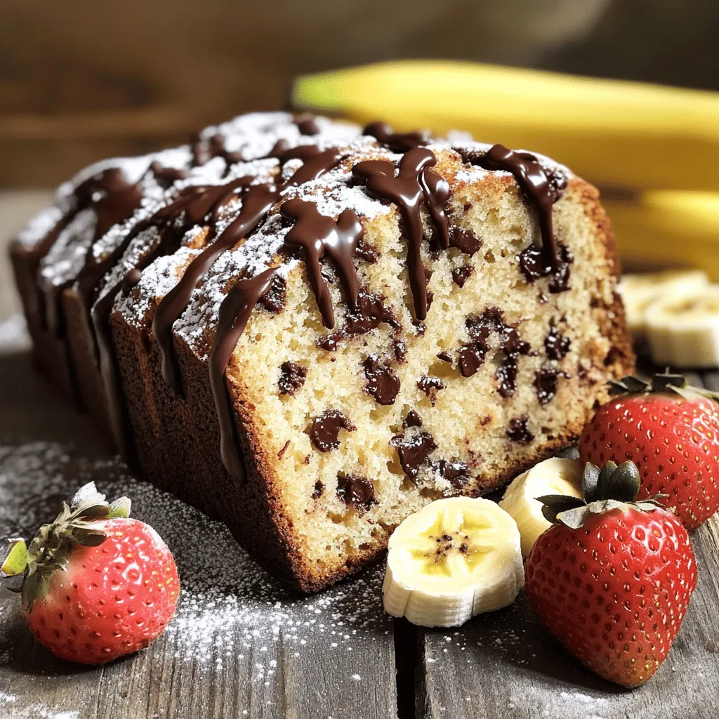 - 3 ripe bananas, mashed - 1/2 cup unsalted butter, melted - 1/2 cup brown sugar - 1/4 cup granulated sugar - 2 large eggs - 1 teaspoon vanilla extract - 1 teaspoon baking soda - 1/4 teaspoon salt - 1 1/2 cups all-purpose flour - 1 cup semi-sweet chocolate chips - 1/2 teaspoon cinnamon (optional) You need ripe bananas for this recipe. The riper they are, the sweeter your bread will be. I like to mash them with a fork until smooth. Melt your butter to blend nicely with the sugars. Brown sugar adds moisture and deep flavor. Granulated sugar gives a light texture. The eggs add richness and help the bread rise. Vanilla extract brings a lovely aroma. Baking soda is key for leavening. Salt balances the sweetness. All-purpose flour forms the base of the bread. Chocolate chips are the star! They make every bite a treat. You can add a pinch of cinnamon for warmth and spice. - Nuts (e.g., walnuts or pecans) - Different types of chocolate (e.g., dark chocolate, white chocolate) Feel free to mix in nuts for a crunch. Walnuts or pecans work great. You can also use dark chocolate or white chocolate chips for fun variations. - Mixing bowls - 9x5 inch loaf pan - Oven - Whisk or spatula Gather your tools before you start. You will need mixing bowls for combining ingredients. A 9x5 inch loaf pan is perfect for baking. Preheat your oven to 350°F (175°C) while you prepare your batter. A whisk or spatula helps mix everything smoothly. For the complete recipe, check out the Full Recipe link. - Preheat the oven to 350°F (175°C). - Grease the loaf pan with butter or cooking spray. - In a large bowl, mash the ripe bananas. Mix in the melted butter until smooth. - Add the brown and granulated sugars to the banana mix. Stir until well combined. - Crack in the eggs one at a time, mixing well after each. Add the vanilla extract and mix again. - Sprinkle the baking soda and salt over the banana mix. Stir to combine all the ingredients. - Gradually add the all-purpose flour, mixing gently until just combined. Do not overmix! - Carefully fold in the chocolate chips, ensuring they spread evenly throughout the batter. - Pour the batter into the prepared loaf pan. Smooth the top with a spatula. - Bake in the preheated oven for 60 minutes. Check doneness with a toothpick. - Once done, let the bread cool in the pan for 10 minutes. Then, transfer it to a wire rack to cool completely. For the complete recipe, refer to the [Full Recipe]. To bake perfect banana bread, use a toothpick to check for doneness. Insert it in the center. It should come out clean when the bread is done. If it has batter on it, bake a bit longer. This simple test helps you avoid undercooked bread. Also, avoid overmixing the batter. Overmixing makes the bread dense and tough. Stir just until the ingredients blend together. It’s okay if there are some lumps. They will bake out, and you will have a light texture. Use fresh, ripe bananas for the best sweetness. The riper the bananas, the sweeter your bread will be. Look for bananas with brown spots. They add great flavor! You might also want to enhance the taste by adding a pinch of nutmeg. Nutmeg gives a warm, cozy feel to the bread. Another option is to replace some sugar with honey. Honey adds moisture and a unique flavor. Slice and serve your banana bread warm or at room temperature. Warm bread is delightful and brings out the chocolate chips’ flavor. For a nice touch, drizzle melted chocolate on top. It looks great and tastes amazing! You can also sprinkle powdered sugar over the slices. This adds a sweet, decorative finish. Serve the bread with fresh fruit or a dollop of whipped cream. It makes the dish even more special. For the full recipe, refer to the Choco-Banana Delight Bread section. {{image_2}} You can make your chocolate chip banana bread a bit healthier. - Substitute whole wheat flour for all-purpose flour. - Use less sugar or a sugar alternative like honey or agave. These changes add more fiber and reduce sugar. Whole wheat flour gives a nutty taste. You still get a tasty result. Want to mix things up? You can add different flavors to your bread. - Incorporate spices like nutmeg or cardamom for warmth. - Add zests of citrus like lemon or orange for a fresh twist. These flavors can brighten your banana bread. They make each bite a new adventure! You can change your recipe with the seasons. - Include pumpkin puree for a fall-inspired treat. - Mix in dried fruits like cranberries for a holiday edition. These options keep your bread exciting all year. You can enjoy banana bread in many ways! For the full recipe, check out [Full Recipe]. Store banana bread at room temperature in an airtight container for up to 3 days. This keeps it fresh and soft. If you have a lot left, it’s best to save some for later. You can refrigerate your banana bread for up to a week. If you want to keep it longer, freeze it. Wrap it in plastic wrap or foil before freezing. This helps it stay moist and tasty. To enjoy your banana bread again, thaw it in the refrigerator or at room temperature. If you want it warm, pop slices in the microwave for a few seconds. This brings back that fresh-baked taste. You can use flaxseed meal or applesauce as an egg substitute. For flaxseed meal, mix one tablespoon with three tablespoons of water. Let it sit for five minutes to thicken. This mix binds ingredients like eggs do. For applesauce, use one-fourth cup in place of each egg. This keeps your banana bread moist and sweet. Yes, thawed frozen bananas work well. They are often softer and easier to mash. Just be sure to drain any excess moisture before mixing them into your batter. This helps to keep the right texture in your banana bread. To ripen bananas quickly, place them in a paper bag with an apple. The apple gives off ethylene gas, which speeds up the ripening process. In just one to two days, your bananas will be soft and ready for baking. To check if your banana bread is done, insert a toothpick into the center. If it comes out clean, your bread is ready. If it has batter on it, give it a few more minutes in the oven. This simple test helps ensure your banana bread is baked just right. You now have all you need to bake delicious banana bread. Remember to use ripe bananas for natural sweetness. Experiment with add-ins and flavors to find your favorite twist. Store your bread properly to keep it fresh longer. Whether it's for snacks or sharing with friends, homemade banana bread is always a hit. Enjoy your baking journey, and make it your own!