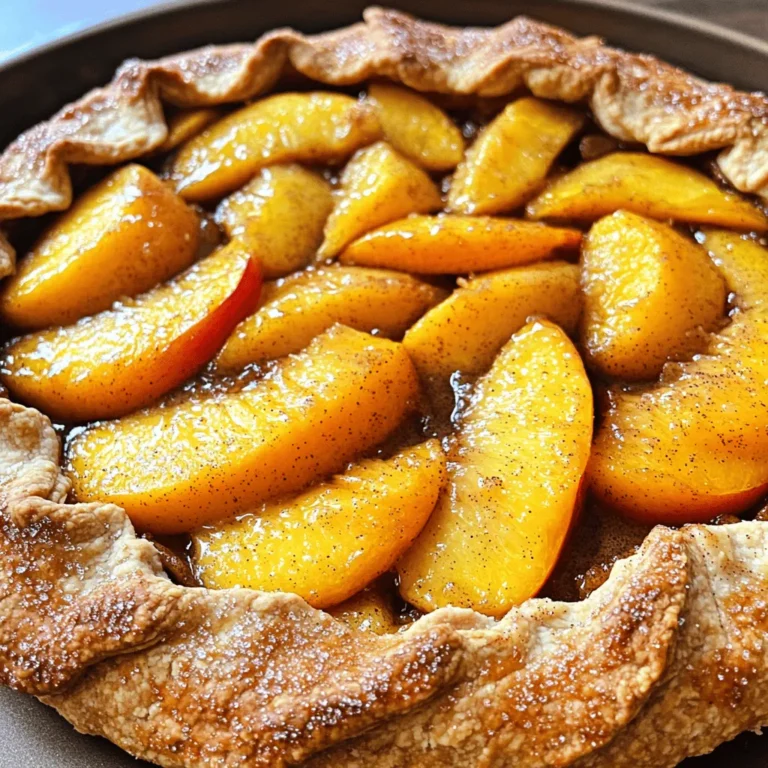 - 2 large ripe peaches - 1 tablespoon lemon juice - 2 tablespoons brown sugar - 1 teaspoon cinnamon - 1 cup almond flour - 1/2 cup all-purpose flour - 1/4 cup cold unsalted butter - 1/4 teaspoon salt - 2 tablespoons ice water - 1 egg (for egg wash) - 1 tablespoon coarse sugar (for topping) For the Peach Galette with Almond Crust, fresh peaches are key for a sweet bite. I use ripe, juicy ones for the best flavor. The lemon juice helps brighten the peaches while the brown sugar adds a nice depth. Cinnamon gives a warm touch that wraps everything together. For the crust, I love using almond flour. It adds a nutty taste and a tender texture. Mixing it with all-purpose flour gives the crust the right balance. Cold unsalted butter is a must. It helps create flaky layers. Don't forget the salt; it brings out all the flavors. You'll also need a bit of ice water to bind the crust. The egg wash makes the crust shiny and golden. Finally, coarse sugar on top brings a nice crunch. You can find the full recipe and all the details on how to make it. Enjoy your baking! - Combine almond flour, all-purpose flour, and salt in a bowl. - Work in the cold unsalted butter until it looks like coarse crumbs. To make a great crust, the butter must be cold. This keeps the crust flaky. I like to use my fingertips or a pastry cutter to blend the butter in. - Gradually add ice water to form a dough. - Wrap the dough in plastic and chill for at least 30 minutes. This chilling time helps the dough relax. It also makes it easier to roll out later. - Mix the sliced peaches, lemon juice, brown sugar, and cinnamon in a bowl. - Let the mixture rest for 15 minutes. Letting it rest allows the peaches to release their juices. This adds flavor to the filling. - Preheat the oven to 400°F (200°C). - Roll out the dough and place it on a baking sheet. - Spoon the peach filling into the center and fold the edges over. - Brush the crust with egg wash and sprinkle sugar on top. Rolling out the dough into a 12-inch circle gives it a nice shape. The edges should be pleated for a rustic look. - Bake the galette for 25-30 minutes until golden brown. - Cool for 10 minutes before serving. This cooling time is key. It helps the filling set up a bit more. You can serve this warm or at room temperature. You might even want to add a scoop of ice cream on top! For the full recipe, check out the recipe section. - Look for ripe, fragrant peaches. They should feel soft but not mushy. - Use a mix of yellow and white peaches for a more complex flavor. Yellow peaches have a sweet taste, while white peaches are juicier. - Ensure the butter is very cold. This keeps the crust flaky and light. - Don’t overwork the dough; gently mix until it combines. Overworking can make the crust tough. - Serve your galette warm with a scoop of vanilla ice cream or fresh whipped cream. This adds creaminess that complements the fruit. - Pair it with a light dessert wine or a cup of coffee for a delightful finish. The flavors will enhance each other beautifully. For a complete guide on how to make this delicious dessert, check the Full Recipe. {{image_2}} You can switch up the peaches in your galette. Try using nectarines for a sweet twist. Apricots also work well and add a tart flavor. If you want a burst of color, mix in berries like blueberries or raspberries. Combining different fruits makes a fun mixed-galette option. Each fruit brings its own taste and texture. If you're avoiding gluten, don't worry! You can easily make this galette gluten-free. Just substitute the all-purpose flour with a gluten-free blend. Make sure to check the blend's instructions. Sometimes, you may need to adjust the liquid in the crust. Adding a little more water helps bind the dough. Want to take your galette to the next level? Adding a dash of nutmeg gives it warmth and depth. Vanilla extract also adds a lovely flavor. If you love crunch, try incorporating chopped nuts or sliced almonds into the crust. This little twist adds texture and makes each bite even more enjoyable. For the Full Recipe, check out the details mentioned earlier. After enjoying your peach galette, you may have some left. Store it in an airtight container. It will stay fresh at room temperature for up to 2 days. If you want it to last longer, refrigerate it. In the fridge, it can stay good for up to 5 days. This way, you can enjoy it a bit longer! If you want to keep your galette for an even longer time, freezing is a great option. Wrap the slices tightly in plastic wrap. Make sure there are no air pockets. This helps prevent freezer burn. When you are ready to eat, you can reheat it directly from frozen. This method keeps the crust nice and flaky. Enjoy that fresh taste even after freezing! For the full recipe, check out the detailed instructions above. Yes, you can prepare the crust and filling in advance. This way, you can assemble it just before baking. It saves time and keeps everything fresh. You can use all-purpose flour instead of almond flour. If you need a gluten-free option, try a gluten-free alternative. Just remember to adjust the ratios to get the right texture. To check if peaches are ripe, look for a yellow or creamy color. When you press them gently, they should give slightly. This shows they're ready to eat. Yes, you can use frozen peaches for your galette. Just remember to thaw them first. Drain any extra moisture to keep the filling from getting too soggy. A galette is a rustic, free-form tart. It is usually filled with fruits or vegetables. The edges are folded over, giving it a charming, homemade look. In this post, we explored how to make a delicious peach galette. We covered the ingredients needed, like fresh peaches and the almond crust. The step-by-step instructions showed how to prepare, bake, and serve this treat. You also learned tips for choosing ripe peaches and ways to store leftovers. Remember, you can vary the fruit for different flavors. Enjoy making this simple dessert for yourself or loved ones! Happy baking!