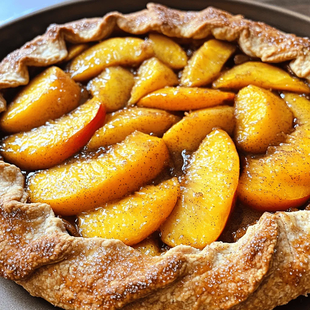 - 2 large ripe peaches - 1 tablespoon lemon juice - 2 tablespoons brown sugar - 1 teaspoon cinnamon - 1 cup almond flour - 1/2 cup all-purpose flour - 1/4 cup cold unsalted butter - 1/4 teaspoon salt - 2 tablespoons ice water - 1 egg (for egg wash) - 1 tablespoon coarse sugar (for topping) For the Peach Galette with Almond Crust, fresh peaches are key for a sweet bite. I use ripe, juicy ones for the best flavor. The lemon juice helps brighten the peaches while the brown sugar adds a nice depth. Cinnamon gives a warm touch that wraps everything together. For the crust, I love using almond flour. It adds a nutty taste and a tender texture. Mixing it with all-purpose flour gives the crust the right balance. Cold unsalted butter is a must. It helps create flaky layers. Don't forget the salt; it brings out all the flavors. You'll also need a bit of ice water to bind the crust. The egg wash makes the crust shiny and golden. Finally, coarse sugar on top brings a nice crunch. You can find the full recipe and all the details on how to make it. Enjoy your baking! - Combine almond flour, all-purpose flour, and salt in a bowl. - Work in the cold unsalted butter until it looks like coarse crumbs. To make a great crust, the butter must be cold. This keeps the crust flaky. I like to use my fingertips or a pastry cutter to blend the butter in. - Gradually add ice water to form a dough. - Wrap the dough in plastic and chill for at least 30 minutes. This chilling time helps the dough relax. It also makes it easier to roll out later. - Mix the sliced peaches, lemon juice, brown sugar, and cinnamon in a bowl. - Let the mixture rest for 15 minutes. Letting it rest allows the peaches to release their juices. This adds flavor to the filling. - Preheat the oven to 400°F (200°C). - Roll out the dough and place it on a baking sheet. - Spoon the peach filling into the center and fold the edges over. - Brush the crust with egg wash and sprinkle sugar on top. Rolling out the dough into a 12-inch circle gives it a nice shape. The edges should be pleated for a rustic look. - Bake the galette for 25-30 minutes until golden brown. - Cool for 10 minutes before serving. This cooling time is key. It helps the filling set up a bit more. You can serve this warm or at room temperature. You might even want to add a scoop of ice cream on top! For the full recipe, check out the recipe section. - Look for ripe, fragrant peaches. They should feel soft but not mushy. - Use a mix of yellow and white peaches for a more complex flavor. Yellow peaches have a sweet taste, while white peaches are juicier. - Ensure the butter is very cold. This keeps the crust flaky and light. - Don’t overwork the dough; gently mix until it combines. Overworking can make the crust tough. - Serve your galette warm with a scoop of vanilla ice cream or fresh whipped cream. This adds creaminess that complements the fruit. - Pair it with a light dessert wine or a cup of coffee for a delightful finish. The flavors will enhance each other beautifully. For a complete guide on how to make this delicious dessert, check the Full Recipe. {{image_2}} You can switch up the peaches in your galette. Try using nectarines for a sweet twist. Apricots also work well and add a tart flavor. If you want a burst of color, mix in berries like blueberries or raspberries. Combining different fruits makes a fun mixed-galette option. Each fruit brings its own taste and texture. If you're avoiding gluten, don't worry! You can easily make this galette gluten-free. Just substitute the all-purpose flour with a gluten-free blend. Make sure to check the blend's instructions. Sometimes, you may need to adjust the liquid in the crust. Adding a little more water helps bind the dough. Want to take your galette to the next level? Adding a dash of nutmeg gives it warmth and depth. Vanilla extract also adds a lovely flavor. If you love crunch, try incorporating chopped nuts or sliced almonds into the crust. This little twist adds texture and makes each bite even more enjoyable. For the Full Recipe, check out the details mentioned earlier. After enjoying your peach galette, you may have some left. Store it in an airtight container. It will stay fresh at room temperature for up to 2 days. If you want it to last longer, refrigerate it. In the fridge, it can stay good for up to 5 days. This way, you can enjoy it a bit longer! If you want to keep your galette for an even longer time, freezing is a great option. Wrap the slices tightly in plastic wrap. Make sure there are no air pockets. This helps prevent freezer burn. When you are ready to eat, you can reheat it directly from frozen. This method keeps the crust nice and flaky. Enjoy that fresh taste even after freezing! For the full recipe, check out the detailed instructions above. Yes, you can prepare the crust and filling in advance. This way, you can assemble it just before baking. It saves time and keeps everything fresh. You can use all-purpose flour instead of almond flour. If you need a gluten-free option, try a gluten-free alternative. Just remember to adjust the ratios to get the right texture. To check if peaches are ripe, look for a yellow or creamy color. When you press them gently, they should give slightly. This shows they're ready to eat. Yes, you can use frozen peaches for your galette. Just remember to thaw them first. Drain any extra moisture to keep the filling from getting too soggy. A galette is a rustic, free-form tart. It is usually filled with fruits or vegetables. The edges are folded over, giving it a charming, homemade look. In this post, we explored how to make a delicious peach galette. We covered the ingredients needed, like fresh peaches and the almond crust. The step-by-step instructions showed how to prepare, bake, and serve this treat. You also learned tips for choosing ripe peaches and ways to store leftovers. Remember, you can vary the fruit for different flavors. Enjoy making this simple dessert for yourself or loved ones! Happy baking!