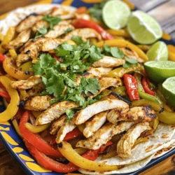 For the best chicken fajitas, you need a few key items: - 1 pound boneless, skinless chicken breasts, sliced into thin strips - 1 large bell pepper (red, yellow, or green), sliced - 1 medium onion, sliced - 2 tablespoons olive oil - 8 small flour or corn tortillas These ingredients make a tasty base for your fajitas. The chicken provides protein, while the bell pepper and onion add great crunch and flavor. To bring out the flavors, you will need some spices: - 2 teaspoons chili powder - 1 teaspoon cumin - 1 teaspoon garlic powder - ½ teaspoon smoked paprika - Salt and pepper to taste These spices give your fajitas a nice kick. Chili powder and cumin are key for that authentic Mexican taste. The smoked paprika adds depth to the flavor. You can make your fajitas even better with some garnishes: - Fresh cilantro, chopped - Lime wedges (for serving) Chopped cilantro adds freshness. A squeeze of lime juice brightens the dish and enhances the flavors. For the full recipe, you can refer to the instructions provided above. Enjoy your cooking! Start by slicing the chicken into thin strips. In a medium bowl, add the chicken, olive oil, chili powder, cumin, garlic powder, smoked paprika, salt, and pepper. Mix well to coat the chicken evenly. Marinate it for at least 15 minutes. If you have more time, let it sit in the fridge for up to 2 hours for deeper flavor. Heat a large skillet over medium-high heat. Add the marinated chicken to the skillet. Cook for 5 to 7 minutes. Stir occasionally, so it cooks evenly. The chicken is done when it is no longer pink inside and has a nice sear on the outside. Once cooked, remove it from the skillet and set it aside. In the same skillet, add the sliced bell pepper and onion. Sauté them for about 5 minutes. You want them tender and slightly charred. Stir occasionally to avoid burning. - Combining Ingredients Return the cooked chicken to the skillet with the sautéed vegetables. Toss everything together. Cook for an additional 2 to 3 minutes to heat through. - Warm the Tortillas While the chicken and vegetables cook, warm the tortillas. You can do this in a separate pan or microwave. Warm them until they are soft and pliable. - Assembling the Fajitas Take the warm tortillas and fill them with the chicken and vegetable mixture. Top with chopped cilantro and a squeeze of fresh lime juice. This adds a zesty kick! Enjoy your easy chicken fajitas! For the full recipe, check out Sizzling Chicken Fajitas. To keep your chicken juicy, marinate it well. Use olive oil and spices for flavor. Let it soak for at least 15 minutes. If you have time, go for 2 hours. This helps the chicken absorb more flavor. When cooking, heat the skillet to medium-high. Cook the chicken for 5-7 minutes until it’s golden brown. Avoid overcooking, as it can make the chicken dry. To boost flavor, try adding fresh herbs. Chopped cilantro is a great choice. You can also squeeze lime juice over the chicken before serving. If you like heat, add fresh jalapeños to the mix. For a smoky taste, use smoked paprika or chipotle powder. Experimenting with spices can make your fajitas stand out. Let your taste guide you to new flavors. Serve your fajitas on a large platter. This way, everyone can build their own. Place warm tortillas next to the chicken and veggies. Offer lime wedges and salsa as sides. For a fun touch, add guacamole or sour cream. You can also serve with rice or beans for a complete meal. Enjoy the process of sharing and eating together! {{image_2}} If you want a meat-free meal, try veggie fajitas! Use a mix of colorful bell peppers, onions, and mushrooms. You can also add zucchini, corn, or black beans for extra texture. To boost flavor, season with the same spices as in the chicken recipe. Cook the veggies until they are tender and slightly charred. This option is just as tasty and healthy! Want to mix things up? You can use different proteins for your fajitas! Shrimp, beef, or pork work great. Simply substitute the chicken with your choice of protein. Adjust the cooking time as needed. Shrimp cooks quickly, while beef may take longer. This lets you enjoy a new flavor with the same easy steps. Toppings can make your fajitas shine! Consider adding fresh salsa, guacamole, or sour cream. You could also add sliced jalapeños for heat or cheese for creaminess. For sides, serve with rice, beans, or a simple salad. These choices add variety and make your meal feel special. For the full recipe, check out the detailed instructions above! After you enjoy your easy chicken fajitas, store the leftovers in an airtight container. Keep them in the fridge for up to three days. Make sure the chicken and veggies cool down first. This helps keep them fresh. If you want to keep them longer, freezing is a great option. To reheat, use a microwave or a skillet. For the microwave, place the fajitas on a plate. Heat for about one to two minutes. Check that they are hot all the way through. If using a skillet, add a splash of water to keep them moist. Heat over medium for about five minutes, stirring occasionally. If you want to freeze your chicken fajitas, it's best to keep the chicken and veggies separate from the tortillas. Place the chicken and veggies in a freezer bag. Remove as much air as possible. They can last up to three months in the freezer. When you're ready to eat, thaw the fajitas in the fridge overnight. Warm them in a skillet or microwave to enjoy again. Remember, freezing keeps the flavor intact! For the full recipe, check out the steps above. To spice up your chicken fajitas, add more chili powder. You can also use jalapeños. Fresh chopped peppers will boost heat. Try adding hot sauce for extra kick. Adjust the spice level to fit your taste. If you like it hot, don't hold back! Yes, you can use other meats like beef or shrimp. Thinly slice the beef for quick cooking. Shrimp cooks fast, so keep an eye on it. You can even use tofu for a vegetarian version. Just follow the same marinating steps. Fajitas pair well with rice or beans. You can serve them with a fresh salad. Guacamole and salsa are great dips. Sour cream adds creaminess too. Consider chips for crunch and fun. Each side enhances the meal's flavor. - How long can I store cooked chicken fajitas? You can store cooked chicken fajitas in the fridge for 3-4 days. Keep them in an airtight container. To reheat, use the microwave or stovetop. Make sure they reach a safe temperature. Enjoy your leftovers without losing flavor! In this blog post, I shared how to make easy chicken fajitas. We covered the key ingredients, spices, and optional garnishes to enhance the dish. I explained how to marinate and cook the chicken, sauté the vegetables, and assemble everything. I also offered tips for juicy chicken, serving ideas, and variations for vegetarian options. Lastly, I detailed storage and reheating tips. Enjoy making delicious fajitas, knowing you have options to customize and store them for later! Happy cooking!