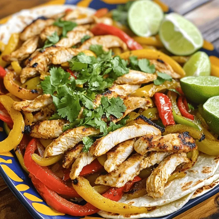 For the best chicken fajitas, you need a few key items: - 1 pound boneless, skinless chicken breasts, sliced into thin strips - 1 large bell pepper (red, yellow, or green), sliced - 1 medium onion, sliced - 2 tablespoons olive oil - 8 small flour or corn tortillas These ingredients make a tasty base for your fajitas. The chicken provides protein, while the bell pepper and onion add great crunch and flavor. To bring out the flavors, you will need some spices: - 2 teaspoons chili powder - 1 teaspoon cumin - 1 teaspoon garlic powder - ½ teaspoon smoked paprika - Salt and pepper to taste These spices give your fajitas a nice kick. Chili powder and cumin are key for that authentic Mexican taste. The smoked paprika adds depth to the flavor. You can make your fajitas even better with some garnishes: - Fresh cilantro, chopped - Lime wedges (for serving) Chopped cilantro adds freshness. A squeeze of lime juice brightens the dish and enhances the flavors. For the full recipe, you can refer to the instructions provided above. Enjoy your cooking! Start by slicing the chicken into thin strips. In a medium bowl, add the chicken, olive oil, chili powder, cumin, garlic powder, smoked paprika, salt, and pepper. Mix well to coat the chicken evenly. Marinate it for at least 15 minutes. If you have more time, let it sit in the fridge for up to 2 hours for deeper flavor. Heat a large skillet over medium-high heat. Add the marinated chicken to the skillet. Cook for 5 to 7 minutes. Stir occasionally, so it cooks evenly. The chicken is done when it is no longer pink inside and has a nice sear on the outside. Once cooked, remove it from the skillet and set it aside. In the same skillet, add the sliced bell pepper and onion. Sauté them for about 5 minutes. You want them tender and slightly charred. Stir occasionally to avoid burning. - Combining Ingredients Return the cooked chicken to the skillet with the sautéed vegetables. Toss everything together. Cook for an additional 2 to 3 minutes to heat through. - Warm the Tortillas While the chicken and vegetables cook, warm the tortillas. You can do this in a separate pan or microwave. Warm them until they are soft and pliable. - Assembling the Fajitas Take the warm tortillas and fill them with the chicken and vegetable mixture. Top with chopped cilantro and a squeeze of fresh lime juice. This adds a zesty kick! Enjoy your easy chicken fajitas! For the full recipe, check out Sizzling Chicken Fajitas. To keep your chicken juicy, marinate it well. Use olive oil and spices for flavor. Let it soak for at least 15 minutes. If you have time, go for 2 hours. This helps the chicken absorb more flavor. When cooking, heat the skillet to medium-high. Cook the chicken for 5-7 minutes until it’s golden brown. Avoid overcooking, as it can make the chicken dry. To boost flavor, try adding fresh herbs. Chopped cilantro is a great choice. You can also squeeze lime juice over the chicken before serving. If you like heat, add fresh jalapeños to the mix. For a smoky taste, use smoked paprika or chipotle powder. Experimenting with spices can make your fajitas stand out. Let your taste guide you to new flavors. Serve your fajitas on a large platter. This way, everyone can build their own. Place warm tortillas next to the chicken and veggies. Offer lime wedges and salsa as sides. For a fun touch, add guacamole or sour cream. You can also serve with rice or beans for a complete meal. Enjoy the process of sharing and eating together! {{image_2}} If you want a meat-free meal, try veggie fajitas! Use a mix of colorful bell peppers, onions, and mushrooms. You can also add zucchini, corn, or black beans for extra texture. To boost flavor, season with the same spices as in the chicken recipe. Cook the veggies until they are tender and slightly charred. This option is just as tasty and healthy! Want to mix things up? You can use different proteins for your fajitas! Shrimp, beef, or pork work great. Simply substitute the chicken with your choice of protein. Adjust the cooking time as needed. Shrimp cooks quickly, while beef may take longer. This lets you enjoy a new flavor with the same easy steps. Toppings can make your fajitas shine! Consider adding fresh salsa, guacamole, or sour cream. You could also add sliced jalapeños for heat or cheese for creaminess. For sides, serve with rice, beans, or a simple salad. These choices add variety and make your meal feel special. For the full recipe, check out the detailed instructions above! After you enjoy your easy chicken fajitas, store the leftovers in an airtight container. Keep them in the fridge for up to three days. Make sure the chicken and veggies cool down first. This helps keep them fresh. If you want to keep them longer, freezing is a great option. To reheat, use a microwave or a skillet. For the microwave, place the fajitas on a plate. Heat for about one to two minutes. Check that they are hot all the way through. If using a skillet, add a splash of water to keep them moist. Heat over medium for about five minutes, stirring occasionally. If you want to freeze your chicken fajitas, it's best to keep the chicken and veggies separate from the tortillas. Place the chicken and veggies in a freezer bag. Remove as much air as possible. They can last up to three months in the freezer. When you're ready to eat, thaw the fajitas in the fridge overnight. Warm them in a skillet or microwave to enjoy again. Remember, freezing keeps the flavor intact! For the full recipe, check out the steps above. To spice up your chicken fajitas, add more chili powder. You can also use jalapeños. Fresh chopped peppers will boost heat. Try adding hot sauce for extra kick. Adjust the spice level to fit your taste. If you like it hot, don't hold back! Yes, you can use other meats like beef or shrimp. Thinly slice the beef for quick cooking. Shrimp cooks fast, so keep an eye on it. You can even use tofu for a vegetarian version. Just follow the same marinating steps. Fajitas pair well with rice or beans. You can serve them with a fresh salad. Guacamole and salsa are great dips. Sour cream adds creaminess too. Consider chips for crunch and fun. Each side enhances the meal's flavor. - How long can I store cooked chicken fajitas? You can store cooked chicken fajitas in the fridge for 3-4 days. Keep them in an airtight container. To reheat, use the microwave or stovetop. Make sure they reach a safe temperature. Enjoy your leftovers without losing flavor! In this blog post, I shared how to make easy chicken fajitas. We covered the key ingredients, spices, and optional garnishes to enhance the dish. I explained how to marinate and cook the chicken, sauté the vegetables, and assemble everything. I also offered tips for juicy chicken, serving ideas, and variations for vegetarian options. Lastly, I detailed storage and reheating tips. Enjoy making delicious fajitas, knowing you have options to customize and store them for later! Happy cooking!