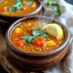 To make your spicy lentil soup, you need a few key ingredients: - 1 cup red lentils, rinsed - 1 medium onion, diced - 2 cloves garlic, minced - 1 carrot, diced - 1 celery stalk, diced - 1 red bell pepper, diced - 1 tablespoon olive oil - 1 teaspoon ground cumin - 1 teaspoon smoked paprika - 1/2 teaspoon cayenne pepper (adjust to taste) - 1 can (14 oz) diced tomatoes (with juices) - 4 cups vegetable broth - 1 tablespoon lemon juice - Salt and pepper to taste - Fresh cilantro, for garnish These ingredients work together to create a warm and filling soup. The red lentils provide protein and fiber. The veggies add texture and flavor. Spices like cumin and cayenne give it a kick. If you can't find an ingredient, no worries! Here are some easy swaps: - Use yellow lentils instead of red lentils. - Swap the diced tomatoes for crushed tomatoes. - No red bell pepper? Try green or yellow bell pepper instead. - Use chicken broth if you prefer not to use vegetable broth. These substitutions keep the soup tasty while fitting your needs. Feel free to experiment and make it your own. Lentils are tiny powerhouses of nutrition. Here’s a breakdown of what they bring: - Red Lentils: High in protein and fiber, low in fat. - Onion: Contains vitamins and antioxidants. - Garlic: Good for heart health and adds flavor. - Carrots and Celery: Provide vitamins and crunch. - Olive Oil: Healthy fat that adds richness. This soup is not just delicious; it’s also packed with nutrients. Enjoy a bowl knowing you’re nourishing your body! To make this soup, start by heating the olive oil in a large pot over medium heat. Add the diced onion, garlic, carrot, and celery. Sauté them for about 5-7 minutes, until the vegetables soften and the onion turns translucent. Next, stir in the red bell pepper and cook for another 2-3 minutes. Now, it's time to add some flavor. Sprinkle in the ground cumin, smoked paprika, and cayenne pepper. Stir these spices into the veggies and cook for 1-2 minutes. You want to release their lovely aroma. Then, pour in the canned diced tomatoes along with their juices. Add the rinsed lentils and mix everything well. Next, pour in the vegetable broth and bring it to a boil. Once it boils, reduce the heat to low and cover the pot. Let it simmer for 25-30 minutes until the lentils get soft. After that, stir in the lemon juice and season it with salt and pepper. If the soup looks too thick, add extra broth or water to get your desired texture. If you like a creamier soup, blend part of it with an immersion blender. Lentils are simple to cook, but here are some tips to get them just right: - Rinse your lentils before cooking to remove dust or debris. - Use fresh lentils for the best flavor. Old lentils may take longer to cook. - Soak lentils for a few hours to reduce cooking time, but it’s not necessary. - Ensure you have enough liquid in the pot. Lentils absorb water as they cook. Cooking times can change based on the type of lentils you use. For red lentils, 25-30 minutes is perfect. If you choose green or brown lentils, they may need 35-45 minutes to become tender. Check them often to avoid overcooking. You can also adjust the spice levels based on your taste. If you want more heat, add more cayenne pepper. For a milder soup, reduce it. For the full recipe, check out the details above. To find the right spice level, start with half a teaspoon of cayenne pepper. Taste the soup after cooking. If you want more heat, add a little more. Remember, you can always add more spice, but you can’t take it out. Balance is key. Pair the heat with the sweetness of carrots and bell peppers. This combo makes the soup rich and tasty. Herbs and spices can boost flavor. Try adding fresh herbs like cilantro or parsley. They add freshness and color. Dried herbs like thyme or oregano work well too. For a different twist, add a pinch of cinnamon. It brings warmth without being sweet. Adjust to your taste. Every added herb or spice can make the soup uniquely yours. Having the right tools makes cooking easier. Use a large pot to fit all the ingredients. A good knife helps with chopping veggies. An immersion blender is great for mixing the soup smooth. If you don’t have one, a regular blender works too. Just be careful when blending hot liquid. Lastly, keep measuring cups and spoons handy for accuracy. They ensure you add the right amounts for the best flavor. For the full recipe, check out the Fire & Spice Lentil Soup. {{image_2}} This soup is already vegan, making it a great choice. You can customize it easily. Try adding coconut milk for creaminess. This adds a nice sweetness too. You can also toss in some kale or spinach for extra greens. Adding these veggies boosts nutrition and flavor. You don’t need to worry about gluten here! All the main ingredients are gluten-free. Just check your vegetable broth to ensure it's gluten-free too. If you prefer a thicker soup, you can blend some lentils. This gives it a nice creamy texture without any gluten. You can mix in different ingredients to change the taste. Try adding sweet potatoes for a sweeter flavor. You can also use curry powder instead of smoked paprika for a different kick. Experiment with herbs like thyme or rosemary for added depth. Each change can transform the dish into something new and exciting. For more details, check the Full Recipe. After you enjoy your spicy lentil soup, let it cool. Use an airtight container for storage. Place the soup in the fridge. It will stay fresh for about 3 to 5 days. Label the container with the date. This helps you track its freshness. You can freeze your soup for longer storage. Use freezer-safe containers or bags. Leave some space at the top, as the soup will expand. It can last for up to 3 months in the freezer. When ready to eat, thaw it overnight in the fridge. To reheat, pour the soup into a pot. Warm it over low heat on the stove. Stir it often to avoid sticking. You can add water or broth if it’s too thick. If using a microwave, place it in a microwave-safe bowl. Heat in short bursts, stirring in between. This keeps the soup warm and tasty. For the full recipe, check out the details above. Lentils are packed with protein and fiber. They help keep you full and satisfied. They also contain iron, which is good for your blood. Lentils are low in fat and can help lower cholesterol. Plus, they have many vitamins and minerals. Eating lentils can support heart health and aid digestion. Yes, you can! Just follow these steps. Start by sautéing the onion, garlic, and veggies in a pan. Then, add them to your slow cooker. Next, add the lentils, spices, and broth. Cook on low for 6-8 hours or high for 3-4 hours. Stir in the lemon juice before serving. This method makes the lentils super tender and full of flavor. To make more soup, simply double or triple the ingredients. Use more lentils, broth, and veggies to fit your needs. Keep the spice levels to your taste. You can batch cook it and freeze leftovers for future meals. This way, you always have a hearty meal ready. This soup pairs well with many sides. Try crusty bread or warm pita for dipping. A fresh salad adds a nice crunch. You can also serve it with rice for a filling meal. For a special touch, add a dollop of yogurt on top. Enjoy the flavors together! For the full recipe, check out the Fire & Spice Lentil Soup above. This blog post detailed how to make spicy lentil soup. We covered essential ingredients and substitutions, along with the nutritional value of key items. I shared step-by-step instructions and tips for cooking lentils. You learned how to adjust spice levels and enhance flavor. We explored vegan and gluten-free options. Lastly, I explained how to store and reheat leftovers. Try this soup for a hearty meal. Enjoy experimenting with variations that fit your taste!