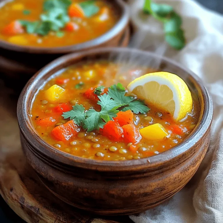To make your spicy lentil soup, you need a few key ingredients: - 1 cup red lentils, rinsed - 1 medium onion, diced - 2 cloves garlic, minced - 1 carrot, diced - 1 celery stalk, diced - 1 red bell pepper, diced - 1 tablespoon olive oil - 1 teaspoon ground cumin - 1 teaspoon smoked paprika - 1/2 teaspoon cayenne pepper (adjust to taste) - 1 can (14 oz) diced tomatoes (with juices) - 4 cups vegetable broth - 1 tablespoon lemon juice - Salt and pepper to taste - Fresh cilantro, for garnish These ingredients work together to create a warm and filling soup. The red lentils provide protein and fiber. The veggies add texture and flavor. Spices like cumin and cayenne give it a kick. If you can't find an ingredient, no worries! Here are some easy swaps: - Use yellow lentils instead of red lentils. - Swap the diced tomatoes for crushed tomatoes. - No red bell pepper? Try green or yellow bell pepper instead. - Use chicken broth if you prefer not to use vegetable broth. These substitutions keep the soup tasty while fitting your needs. Feel free to experiment and make it your own. Lentils are tiny powerhouses of nutrition. Here’s a breakdown of what they bring: - Red Lentils: High in protein and fiber, low in fat. - Onion: Contains vitamins and antioxidants. - Garlic: Good for heart health and adds flavor. - Carrots and Celery: Provide vitamins and crunch. - Olive Oil: Healthy fat that adds richness. This soup is not just delicious; it’s also packed with nutrients. Enjoy a bowl knowing you’re nourishing your body! To make this soup, start by heating the olive oil in a large pot over medium heat. Add the diced onion, garlic, carrot, and celery. Sauté them for about 5-7 minutes, until the vegetables soften and the onion turns translucent. Next, stir in the red bell pepper and cook for another 2-3 minutes. Now, it's time to add some flavor. Sprinkle in the ground cumin, smoked paprika, and cayenne pepper. Stir these spices into the veggies and cook for 1-2 minutes. You want to release their lovely aroma. Then, pour in the canned diced tomatoes along with their juices. Add the rinsed lentils and mix everything well. Next, pour in the vegetable broth and bring it to a boil. Once it boils, reduce the heat to low and cover the pot. Let it simmer for 25-30 minutes until the lentils get soft. After that, stir in the lemon juice and season it with salt and pepper. If the soup looks too thick, add extra broth or water to get your desired texture. If you like a creamier soup, blend part of it with an immersion blender. Lentils are simple to cook, but here are some tips to get them just right: - Rinse your lentils before cooking to remove dust or debris. - Use fresh lentils for the best flavor. Old lentils may take longer to cook. - Soak lentils for a few hours to reduce cooking time, but it’s not necessary. - Ensure you have enough liquid in the pot. Lentils absorb water as they cook. Cooking times can change based on the type of lentils you use. For red lentils, 25-30 minutes is perfect. If you choose green or brown lentils, they may need 35-45 minutes to become tender. Check them often to avoid overcooking. You can also adjust the spice levels based on your taste. If you want more heat, add more cayenne pepper. For a milder soup, reduce it. For the full recipe, check out the details above. To find the right spice level, start with half a teaspoon of cayenne pepper. Taste the soup after cooking. If you want more heat, add a little more. Remember, you can always add more spice, but you can’t take it out. Balance is key. Pair the heat with the sweetness of carrots and bell peppers. This combo makes the soup rich and tasty. Herbs and spices can boost flavor. Try adding fresh herbs like cilantro or parsley. They add freshness and color. Dried herbs like thyme or oregano work well too. For a different twist, add a pinch of cinnamon. It brings warmth without being sweet. Adjust to your taste. Every added herb or spice can make the soup uniquely yours. Having the right tools makes cooking easier. Use a large pot to fit all the ingredients. A good knife helps with chopping veggies. An immersion blender is great for mixing the soup smooth. If you don’t have one, a regular blender works too. Just be careful when blending hot liquid. Lastly, keep measuring cups and spoons handy for accuracy. They ensure you add the right amounts for the best flavor. For the full recipe, check out the Fire & Spice Lentil Soup. {{image_2}} This soup is already vegan, making it a great choice. You can customize it easily. Try adding coconut milk for creaminess. This adds a nice sweetness too. You can also toss in some kale or spinach for extra greens. Adding these veggies boosts nutrition and flavor. You don’t need to worry about gluten here! All the main ingredients are gluten-free. Just check your vegetable broth to ensure it's gluten-free too. If you prefer a thicker soup, you can blend some lentils. This gives it a nice creamy texture without any gluten. You can mix in different ingredients to change the taste. Try adding sweet potatoes for a sweeter flavor. You can also use curry powder instead of smoked paprika for a different kick. Experiment with herbs like thyme or rosemary for added depth. Each change can transform the dish into something new and exciting. For more details, check the Full Recipe. After you enjoy your spicy lentil soup, let it cool. Use an airtight container for storage. Place the soup in the fridge. It will stay fresh for about 3 to 5 days. Label the container with the date. This helps you track its freshness. You can freeze your soup for longer storage. Use freezer-safe containers or bags. Leave some space at the top, as the soup will expand. It can last for up to 3 months in the freezer. When ready to eat, thaw it overnight in the fridge. To reheat, pour the soup into a pot. Warm it over low heat on the stove. Stir it often to avoid sticking. You can add water or broth if it’s too thick. If using a microwave, place it in a microwave-safe bowl. Heat in short bursts, stirring in between. This keeps the soup warm and tasty. For the full recipe, check out the details above. Lentils are packed with protein and fiber. They help keep you full and satisfied. They also contain iron, which is good for your blood. Lentils are low in fat and can help lower cholesterol. Plus, they have many vitamins and minerals. Eating lentils can support heart health and aid digestion. Yes, you can! Just follow these steps. Start by sautéing the onion, garlic, and veggies in a pan. Then, add them to your slow cooker. Next, add the lentils, spices, and broth. Cook on low for 6-8 hours or high for 3-4 hours. Stir in the lemon juice before serving. This method makes the lentils super tender and full of flavor. To make more soup, simply double or triple the ingredients. Use more lentils, broth, and veggies to fit your needs. Keep the spice levels to your taste. You can batch cook it and freeze leftovers for future meals. This way, you always have a hearty meal ready. This soup pairs well with many sides. Try crusty bread or warm pita for dipping. A fresh salad adds a nice crunch. You can also serve it with rice for a filling meal. For a special touch, add a dollop of yogurt on top. Enjoy the flavors together! For the full recipe, check out the Fire & Spice Lentil Soup above. This blog post detailed how to make spicy lentil soup. We covered essential ingredients and substitutions, along with the nutritional value of key items. I shared step-by-step instructions and tips for cooking lentils. You learned how to adjust spice levels and enhance flavor. We explored vegan and gluten-free options. Lastly, I explained how to store and reheat leftovers. Try this soup for a hearty meal. Enjoy experimenting with variations that fit your taste!