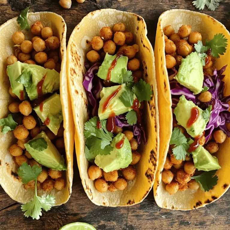 - 1 can (15 oz) chickpeas, drained and rinsed - 1 tablespoon olive oil - Spices: - 2 teaspoons cumin - 1 teaspoon smoked paprika - 1 teaspoon chili powder - 1/2 teaspoon garlic powder - 1/2 teaspoon onion powder - Salt and pepper The heart of this recipe is the chickpeas. They give a nice texture and protein to the tacos. Use a can for ease, but feel free to cook dried chickpeas if you prefer. Olive oil adds richness and helps the spices stick. This blend of spices is key to that bold flavor. Adjust them to your taste, but remember, the cumin and smoked paprika are must-haves! - 8 small corn tortillas - 1 ripe avocado, diced - 1 cup red cabbage, finely shredded - 1/4 cup fresh cilantro, chopped - 1 lime, cut into wedges - Sriracha or your favorite hot sauce Toppings make these tacos shine! Corn tortillas are soft and delicious. Avocado adds creaminess, while red cabbage gives a crunchy bite. Fresh cilantro brightens the dish and lime juice adds a zesty kick. Don’t forget the hot sauce if you like it spicy. These toppings mix well and create a fun flavor party in each bite. For the full recipe, check the recipe section. First, heat one tablespoon of olive oil in a skillet over medium heat. Once the oil is hot, add one can of drained and rinsed chickpeas. Stir them for about 2 to 3 minutes. This warms the chickpeas nicely. Next, sprinkle in the spices: two teaspoons of cumin, one teaspoon of smoked paprika, one teaspoon of chili powder, half a teaspoon each of garlic powder and onion powder, and add salt and pepper to taste. Mix everything well. Cook them for another 5 to 7 minutes. You want the chickpeas to be heated through and just a bit crispy for that great texture. While the chickpeas cook, it’s time to warm the corn tortillas. Place a dry skillet over medium heat. Add your tortillas, one at a time. Heat them for about one minute on each side. You want them soft and pliable, not crispy. This step is key for easy folding and eating. Now comes the fun part: assembling your tacos. Take a warm tortilla and add a generous spoonful of the spicy chickpeas right in the center. Next, layer on diced avocado for creaminess, followed by finely shredded red cabbage for crunch. Finish with a sprinkle of fresh cilantro. For an extra kick, drizzle some Sriracha or your favorite hot sauce on top. Serve with lime wedges on the side to squeeze over your tacos. This adds bright flavor and brings everything together. For the full recipe, check out the details earlier in the article. Enjoy your delicious, homemade spicy chickpea tacos! To make great spicy chickpeas, start by adjusting the spices. For a milder taste, cut back on chili powder. If you love heat, add more Sriracha. You can also try different spices, like cayenne or paprika, for a unique flavor. Next, focus on that crispy texture. After cooking the chickpeas with spices, let them sit in the pan for a few minutes. This helps them get crispy. Stir them less often for that perfect crunch. When serving your tacos, think about sides and drinks. A fresh salad pairs well with these tacos. You can also serve corn on the cob or rice for a fuller meal. For drinks, try a light beer or a refreshing lemonade. Get creative on taco night! Set up a taco bar. Let everyone choose their own toppings. This makes the meal fun and interactive. These tacos can easily fit vegan and gluten-free diets. Simply use corn tortillas, as they are gluten-free. For a vegan twist, skip any dairy toppings. You can also switch up the toppings. Try adding diced tomatoes or pickled onions for extra flavor. Different sauces, like avocado crema or mango salsa, can make your tacos shine. For the full recipe, check out the [Full Recipe]. {{image_2}} You can switch chickpeas for other proteins. Black beans are a great choice. They have a rich flavor and creamy texture. Lentils also work well. They cook fast and absorb spices well. Both options provide great protein and fiber. You can keep the spices the same or adjust them to fit the new protein. You can change the spice mix to fit your taste. Try adding cayenne pepper for heat. A pinch of cinnamon brings warmth. You can also use taco seasoning for a quick fix. For toppings, consider fresh corn or pickled onions. Add a dollop of yogurt or sour cream for creaminess. These tweaks make the tacos unique and exciting. Different cuisines can inspire your tacos. For a Mediterranean twist, add feta and olives. Use za'atar seasoning for a fresh flavor. If you like Asian flavors, try hoisin sauce and sesame seeds. You can also make it a Thai dish with peanut sauce and cilantro. Each change gives you a new taco experience. Explore and have fun with your food! To store any leftover spicy chickpeas, let them cool first. Place them in an airtight container. You can keep them in the fridge for up to three days. For the tacos, store the fillings and tortillas separately. This keeps everything fresh. Make sure to wrap the tortillas in foil or plastic wrap. When you’re ready to enjoy leftovers, reheat the chickpeas in a skillet. This helps keep them crispy. Heat them over medium heat for about 5 minutes. Stir occasionally to avoid burning. For tortillas, warm them in a dry skillet for 30 seconds on each side. This brings back their soft texture. You can freeze the spicy chickpeas if you want to keep them longer. Place cooled chickpeas in a freezer-safe bag. Remove as much air as possible before sealing. They can last up to three months in the freezer. For best results, freeze the chickpeas and tortillas separately. When you’re ready to eat, thaw the chickpeas in the fridge overnight. Reheat them as before after thawing. To make these tacos, you start by heating olive oil in a skillet. Next, add drained chickpeas and cook for 2 to 3 minutes. Then, add cumin, smoked paprika, chili powder, garlic powder, onion powder, salt, and pepper. Stir well to coat the chickpeas. Cook them for about 5 to 7 minutes until they are warm and slightly crispy. While that cooks, warm your corn tortillas in a dry skillet for about 1 minute on each side. After that, you can assemble your tacos. Spoon the spicy chickpeas onto each tortilla. Top with diced avocado, shredded cabbage, and cilantro. Drizzle Sriracha or your favorite hot sauce on top. Don't forget to serve lime wedges to add a fresh zing. For the complete recipe, check out the Full Recipe. You can serve these tacos with a variety of side dishes. A simple side salad with mixed greens adds freshness. Chips and salsa or guacamole could bring extra flavor. You might enjoy a side of Mexican rice or quinoa for heartiness. For drinks, try a cold glass of limeade or a light beer. A refreshing fruit-infused water also pairs well. These tacos are indeed healthy. Chickpeas are high in protein and fiber, which helps keep you full. They also contain vitamins and minerals, like iron and folate. The avocado adds healthy fats, while cabbage provides crunch and nutrients. However, be mindful of the hot sauce; it can add sodium. Overall, this dish is a great choice for a balanced meal. Yes, you can prepare these tacos in advance. Cook the chickpeas and store them in an airtight container in the fridge. They will stay fresh for 3 to 4 days. You can also warm the tortillas ahead of time. Just reheat them briefly in a skillet before serving. For best results, add fresh toppings like avocado and cilantro just before you eat. In this post, we explored how to make delicious Spicy Chickpea Tacos. We covered the main ingredients, from chickpeas to toppings. I shared step-by-step instructions to prepare and assemble your tacos. Remember to adjust spices to match your taste. You can customize these tacos with different proteins and toppings. Storing leftovers is easy, too. With simple storage and reheating tips, you can enjoy these tacos anytime. Get ready to impress your friends or family with your tasty creation!