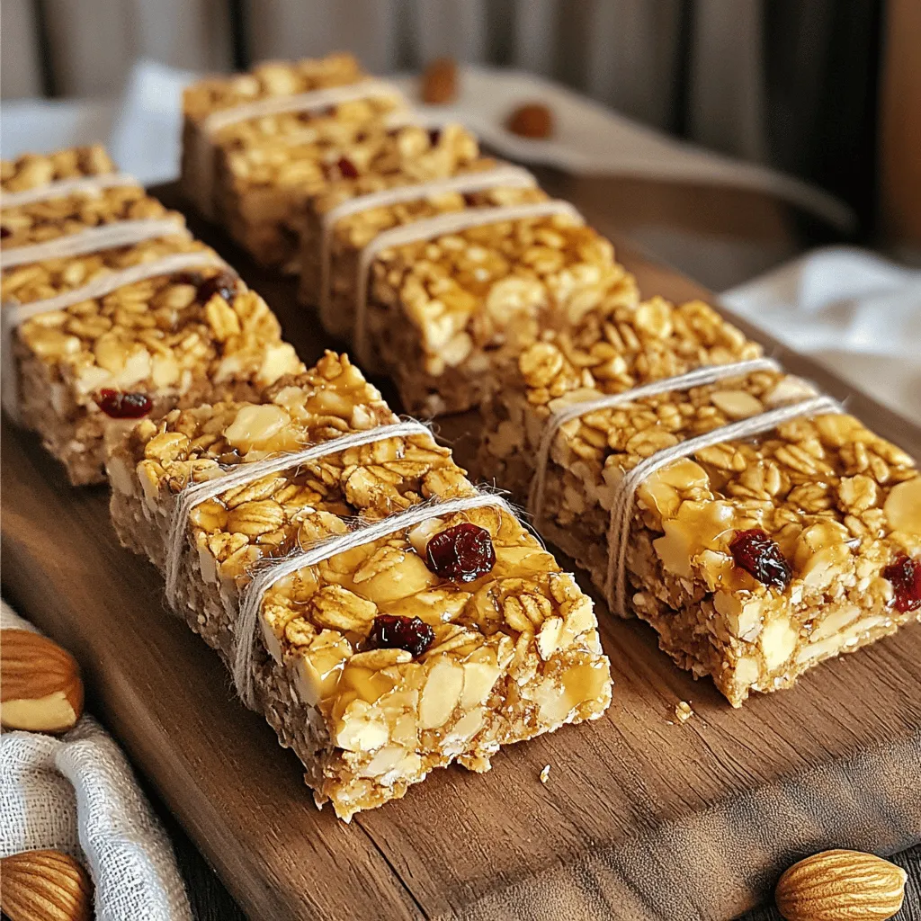 - 2 cups rolled oats - 1 cup mixed nuts (almonds, walnuts, cashews, or your choice), chopped - 1/2 cup almond butter or peanut butter - 1/4 cup honey or maple syrup (for a vegan option) - 1/4 cup unsweetened coconut flakes - 1/4 cup dried cranberries or other dried fruit Each serving has around 200 calories. You get about 10 grams of fat, 5 grams of protein, and 30 grams of carbs. These bars are great for a quick snack or breakfast. They give you energy without too much sugar. You can find the full recipe in the article above. Enjoy making your own nutty granola bars! 1. Preheat your oven to 350°F (175°C). 2. Line an 8x8 inch baking dish with parchment paper. Leave some paper hanging over the edges for easy removal later. 3. In a large mixing bowl, add the rolled oats, chopped nuts, coconut flakes, dried cranberries, salt, and optional cinnamon. Mix them well until they are evenly spread. 1. In a small saucepan, warm the almond butter and honey over low heat. Stir them gently until they blend well. 2. Once mixed, take it off the heat and stir in the vanilla extract. 3. Pour this warm mixture over your dry ingredients. Mix thoroughly until everything is coated and combined. 4. Transfer the mixture to your prepared baking dish. Press it firmly and evenly into the bottom with your spatula or hands. 1. Place the dish in the preheated oven. Bake for 15 to 20 minutes. 2. Watch closely to ensure the edges are golden brown but not burnt. 3. When done, take them out and let them cool completely in the pan. Use the parchment paper to lift the bars out. Cut them into squares or rectangles as you like. For the full recipe, check the details above. To make the best nutty granola bars, you need to mix well. Start by combining all dry ingredients in a big bowl. This helps the oats and nuts blend. Use a spatula or your hands to mix thoroughly. Pressing the mixture firmly is key. After you pour it into the baking dish, use your hands to press down. This will help the bars hold together when baked. If you skip this step, your bars may crumble. Want to spice things up? Add a pinch of cinnamon or a dash of nutmeg to your mix. These spices add warmth and depth to your bars. You can also include a splash of vanilla extract for extra sweetness. For fun add-ins, consider chocolate chips, seeds, or even dried fruits like apricots or raisins. These will add texture and flavor. Mix and match your favorites to keep things interesting. When it's time to serve, think about presentation. Arrange your granola bars on a wooden cutting board. This gives a nice rustic look. You can also wrap individual bars in parchment paper. Tie them with twine for a cute touch. Pair your bars with a glass of milk, a cup of tea, or yogurt. They make a great snack anytime. Enjoy them after school, on a hike, or at work. For a full recipe, check out the [Full Recipe]. {{image_2}} You can easily make a nut-free version of these bars. Instead of using nut butter and mixed nuts, try seeds like pumpkin or sunflower seeds. This swap keeps your bars crunchy and full of flavor. Seeds provide healthy fats too, making them a great alternative. Want to mix things up? Here are some fun flavor ideas: - Chocolate Chip Granola Bars: Add 1/2 cup of chocolate chips to your mixture. This makes a sweet treat for chocolate lovers. - Tropical Granola Bars: Use dried mango and coconut flakes instead of cranberries. The tropical taste brings a sunny vibe to your snacks. These bars fit many diets. For a vegan option, replace honey with maple syrup. This keeps the bars sweet without using animal products. If you need them gluten-free, use certified gluten-free oats. These changes make the bars suitable for everyone! For the full recipe, check out Nutty Granola Bars. To keep your nutty granola bars fresh, use an airtight container. This helps prevent moisture from ruining their texture. If you prefer, you can store them in the refrigerator. The cold can help extend their shelf life. However, they may become a bit firmer when chilled. Choose what works best for you. Nutty granola bars stay fresh for about one week at room temperature. If you want them to last longer, you can freeze them. Wrap each bar in plastic wrap or foil before placing them in a freezer bag. This way, they can last up to three months. When you're ready to eat them, just thaw them in the fridge overnight. If your granola bars get stale, don't worry! You can refresh them. Preheat your oven to 350°F (175°C). Place the bars on a baking sheet and warm them for about 5 to 10 minutes. This will help bring back some of their original texture. Enjoy your tasty snack again! To make nutty granola bars vegan, simply swap out honey for maple syrup. Maple syrup gives a sweet touch without using animal products. You can also use a nut butter made from sunflower seeds if you need a nut-free option. This keeps your bars tasty and vegan-friendly. Yes, you can use other nuts or seeds in your granola bars. Almonds, walnuts, or cashews work great. If you want to use seeds, try sunflower or pumpkin seeds. Keep the ratio the same: one cup of nuts or seeds for the recipe. This will keep your texture perfect. Granola bars offer many health benefits. They are full of oats, which give you energy and fiber. Nuts provide healthy fats and protein, while dried fruits add vitamins. These bars are a good snack that can help you feel full and satisfied. You can find nutty granola bars at many stores. Check your local grocery store or health food store. Online retailers like Amazon also offer a wide range of choices. Look for brands that use natural ingredients for the best taste. To make granola bars allergy-friendly, you can replace common allergens. Use seed butter instead of nut butter for nut allergies. For gluten sensitivity, choose gluten-free oats. Always check labels to avoid allergens. This way, everyone can enjoy your tasty bars. This blog post covered how to make delicious granola bars. We discussed essential and optional ingredients, step-by-step instructions, tips for perfecting texture, and creative serving ideas. I also shared variations and storage tips to keep your bars fresh. Making granola bars at home is easy and fun. You can tailor them to your taste and dietary needs. Enjoy your tasty, homemade treats that are perfect for any time of the day!