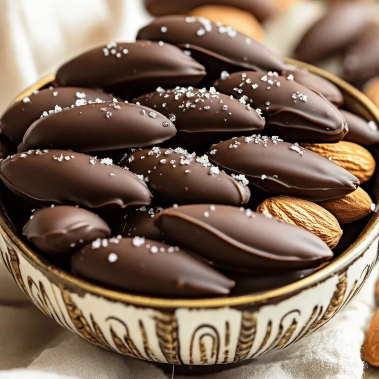 To make chocolate-dipped almonds, gather these simple ingredients: - 1 cup raw almonds - 1 cup dark chocolate chips (preferably 70% cocoa) - 1 tablespoon coconut oil - Sea salt (for sprinkling) - Optional: 1 teaspoon vanilla extract - Optional: 1/4 teaspoon cinnamon or cayenne pepper Each ingredient plays a key role in the final taste and texture. Raw almonds give that nice crunch, while dark chocolate brings rich flavor. Coconut oil helps the chocolate melt smoothly, making it easy to dip. You can add vanilla extract for a hint of sweetness. If you like a kick, try cinnamon or cayenne pepper. This spice adds warmth and depth to the treat. Having these ingredients ready makes the process quick and fun. Once you have everything, you can start making this sweet treat right away. Check the [Full Recipe] for detailed steps! Making chocolate-dipped almonds is simple and fun. Follow these steps for a tasty treat. 1. Prepare the Baking Sheet: Line a baking sheet with parchment paper. This keeps the almonds from sticking. It also makes cleanup easy. Set it aside for later. 2. Toast the Almonds: Preheat your oven to 350°F (175°C). Spread the raw almonds in a single layer on the sheet. Toast them for about 10 to 12 minutes. Stir halfway through. Look for a golden brown color. Let them cool when done. Toasting adds flavor and crunch. 3. Melt the Chocolate: In a microwave-safe bowl, mix the dark chocolate chips and coconut oil. Heat in the microwave. Do it in 30-second intervals. Stir well after each time. Stop when the chocolate is smooth and melted. If you want, add vanilla extract or cinnamon for extra flavor. 4. Dip the Almonds: Once the almonds are cool, dip each one halfway into the melted chocolate. Let the excess chocolate drip off. This makes sure they aren’t too messy. 5. Place on Baking Sheet: Put the chocolate-dipped almonds back on the lined baking sheet. If you like, sprinkle a tiny pinch of sea salt on top while the chocolate is still wet. This adds a nice touch of flavor. 6. Chill Until Set: Place the baking sheet in the fridge for about 30 minutes. This helps the chocolate harden. Wait until the chocolate is firm. 7. Serve and Store: Once set, take the almonds off the parchment paper. Store them in an airtight container. They can go at room temperature or in the fridge. Enjoy them as a snack or share them with friends! For the full recipe, check out the section above. Using a fork helps with dipping. It allows you to hold the almond and dip it easily into the chocolate. You can gently shake off any extra chocolate. This keeps your treat from being too messy. Avoid chocolate clumps by stirring well. If you see lumps, keep stirring until smooth. If you dip too quickly, you might get clumps. Play it safe and dip slowly for the best results. Microwaving chocolate needs care. Start with 30-second bursts on low heat. Stir between each burst to avoid burning. This method melts the chocolate more evenly. Adding coconut oil makes the chocolate glossy. Just one tablespoon helps the chocolate shine. It also makes it easier to dip the almonds without clumping. Consider adding flavor to your chocolate. You can mix in vanilla or a pinch of cinnamon. These flavors bring warmth to your treat. If you like heat, cayenne pepper can add a spicy kick. Using high-quality chocolate makes a difference. Dark chocolate with at least 70% cocoa is best. It adds rich flavor and health benefits. Choose a brand you love for the best taste. For the complete process, see the Full Recipe. {{image_2}} You can play with flavors in your chocolate-dipped almonds. A tiny bit of cayenne or chili powder adds a fun kick. Just mix it in when melting the chocolate. It gives a sweet and spicy mix that surprises your taste buds. If you want a different twist, use extracts. Almond extract boosts the almond flavor. Orange extract adds a bright note, making the treat feel fresh. Not a fan of dark chocolate? You can switch it up! Try white chocolate or milk chocolate instead. Each will change the taste and feel. You can also roll your almonds in nuts or coconut. Chopped nuts add crunch, and coconut offers a chewy texture that pairs well with the chocolate. For a healthier choice, use raw or sprouted almonds. They keep more nutrients and have a great crunch. You can also find sugar-free chocolate options. These help you enjoy the treat without added sugar. They taste great, too! Check out the Full Recipe for all these ideas and more. To keep your chocolate-dipped almonds fresh, use airtight containers. Glass jars or plastic containers work best. Make sure they are sealed tightly. This way, they stay crunchy and tasty. Avoid using paper bags, as they let air in. To maintain freshness, store the almonds in a cool, dark place. Heat and light can make the chocolate melt or lose flavor. A pantry or a cupboard away from the stove is perfect. Chocolate-dipped almonds can last at room temperature for about a week. If you store them in the fridge, they can last up to two weeks. The cooler temperature helps the chocolate stay firm longer. Look for signs of spoilage. If the chocolate looks dull or the almonds smell off, it’s time to toss them. Fresh almonds should still have a nice crunch. You can prepare chocolate-dipped almonds in advance for parties or gifts. Just make them a day or two ahead of time. They will be ready when you need them. Batch preparation is also an option. You can double or triple the recipe. Store the extra in separate containers. This way, you’ll always have a tasty treat on hand. For the [Full Recipe], check the earlier section. To make chocolate-dipped almonds, follow these easy steps: 1. Prepare the Baking Sheet: Line a baking sheet with parchment paper. 2. Toast the Almonds: Preheat your oven to 350°F. Spread the almonds on the sheet and toast for 10-12 minutes. Stir halfway through and let them cool. 3. Melt the Chocolate: In a bowl, mix dark chocolate chips and coconut oil. Microwave in 30-second bursts, stirring each time until smooth. 4. Dip the Almonds: Once cooled, dip each almond halfway into the melted chocolate. Let the excess chocolate drip off. 5. Place on Baking Sheet: Put the dipped almonds back on the baking sheet. Sprinkle sea salt on top while the chocolate is still wet. 6. Chill Until Set: Refrigerate for 30 minutes until the chocolate hardens. 7. Serve and Store: Enjoy them right away or store in an airtight container. You can find the full recipe for more details. You can find chocolate-dipped almonds in many places: - Local Stores: Check your local grocery stores, health food shops, or specialty candy stores. - Online Options: Websites like Amazon or specialty chocolate shops offer a wide range of options. Chocolate-dipped almonds are not just tasty; they also offer health perks: - Almonds: They are rich in healthy fats, fiber, and protein. They can help with heart health and weight management. - Dark Chocolate: It contains antioxidants and may improve brain function and heart health. Choose chocolate with 70% cocoa or higher for the best benefits. Yes, you can swap almonds for other nuts: - Cashews: They have a creamy texture and pair well with chocolate. - Pecans: Their rich flavor makes a lovely treat when dipped in chocolate. - Walnuts: They add a nice crunch and extra nutrients. Feel free to experiment with different nuts for your chocolate-dipped snacks! You now know how to make chocolate-dipped almonds. We covered the must-have ingredients, straightforward steps, and helpful tips. Remember to choose high-quality chocolate for the best taste. You can add flavors to match your preferences or store them for later. Enjoy your treats with friends or save them for yourself. Making these snacks is simple and fun. You’ll impress everyone with your tasty creation!