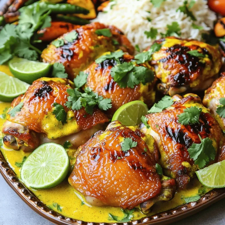 - 4 chicken thighs, bone-in and skin-on - 1 can (14 oz) coconut milk - 2 limes (zest and juice) - 3 tablespoons honey - 2 garlic cloves, minced - 1 teaspoon ginger, freshly grated - 1 teaspoon turmeric powder - 1 teaspoon salt - ½ teaspoon black pepper - 1 tablespoon olive oil - Fresh cilantro, for garnish Using a kitchen scale helps with accuracy. It ensures you have the right amounts. You can also swap fresh ingredients for dried ones. Fresh ingredients bring better flavor and aroma. Using fresh herbs and spices is key for great taste. Fresh herbs brighten dishes and add color. I always choose organic over non-organic when possible. Organic ingredients often have fewer chemicals and better flavor. Marinating the chicken thighs Start by making the marinade. In a bowl, mix the coconut milk, lime zest, lime juice, honey, minced garlic, grated ginger, turmeric, salt, and black pepper. Whisk until smooth. Place the chicken thighs in the bowl, making sure they are well-coated. Cover it and marinate for at least 30 minutes. If you have time, marinate for up to 2 hours in the fridge for richer flavor. Preheating the oven While the chicken marinates, preheat your oven to 425°F (220°C). This ensures even cooking and a crispy skin on the chicken. Searing the chicken thighs After marinating, take the chicken out of the bowl. Let any extra marinade drip off. Heat olive oil in a large oven-safe skillet over medium-high heat. Place the chicken thighs skin-side down in the skillet. Sear them for about 5-7 minutes until the skin is crispy and golden brown. This step locks in flavors and adds texture. Baking process with time recommendations Once seared, flip the chicken thighs over. Pour the remaining marinade over them. Transfer the skillet to your preheated oven. Bake for 25-30 minutes. The chicken is done when it reaches an internal temperature of 165°F (75°C). You want the sauce bubbling, which adds to the dish's richness. Carefully remove the skillet from the oven and let it rest for about 5 minutes before serving. Presentation tips for the final dish Serve the chicken on a large platter. Drizzle a generous amount of sauce over the chicken. Garnish with fresh cilantro and lime wedges. This adds a pop of color and freshness. Pairing suggestions for sides and drinks Pair the chicken with steamed jasmine rice and grilled vegetables. These sides complement the dish's flavors well. For drinks, consider a light white wine or a refreshing mocktail. The citrus notes will enhance your meal. For more details, check the Full Recipe! How to check for doneness? You should check the chicken's internal temperature. Use a meat thermometer. The safe temperature is 165°F (75°C). Cut into the thickest part of the thigh. The juices should run clear, not pink. Tips for crispy chicken skin: Start with dry chicken skin. Pat it with paper towels before cooking. Sear the chicken skin-side down in a hot pan. This helps it crisp up nicely. Don’t move the chicken too much while it cooks. Adding additional spices for variation: You can try adding spices like paprika or cumin. They add depth to the flavor. A pinch of cayenne will add some heat. Mix and match to find what you love. Incorporating different herbs: You can swap cilantro for other herbs. Fresh basil or mint can brighten the dish. Try flat-leaf parsley if you want a milder taste. Add herbs at the end for the best flavor. Recommended pans for best results: I love using cast iron skillets. They hold heat well and give a nice sear. A heavy non-stick pan also works great. Just be sure it’s safe for your oven. Importance of oven-safe skillets: Using an oven-safe skillet is key. You can start cooking on the stove and finish in the oven. This method helps the chicken cook evenly and stay juicy. Plus, it makes cleanup easier. For a complete recipe, check out the [Full Recipe]. {{image_2}} You can easily swap ingredients to fit your taste. For sweeteners, try using maple syrup instead of honey. It gives a nice flavor and works well with the coconut. If you want a gluten-free dish, ensure your soy sauce is gluten-free or use coconut aminos. This keeps the dish tasty while meeting dietary needs. You can cook coconut lime chicken in different ways. Grilling adds a smoky flavor. Just marinate the chicken and place it on a hot grill. Flip it halfway through. Baking is simpler and great for juicy chicken. Follow the oven steps in the full recipe. For a slow cooker option, marinate the chicken and place it in the cooker. Cook on low for 4-6 hours. This makes the chicken very tender. You can adjust the flavor to your liking. If you want it spicier, add chopped chili peppers to the marinade. The heat will balance well with the sweetness of coconut. You can also change the acidity. Add a splash of vinegar or extra lime juice. This brightens the dish and enhances the taste. Experiment to find your favorite balance! To store leftover coconut lime chicken, let it cool first. Place it in an airtight container. This keeps the chicken fresh and tasty. You can safely store it in the fridge for up to four days. If you want to keep it longer, freezing is a great option. To freeze coconut lime chicken, wrap it tightly in plastic wrap. Then, place it in a freezer-safe bag. Make sure to remove as much air as possible. This helps prevent freezer burn. You can freeze the chicken for up to three months. When you’re ready to eat, thaw it in the fridge overnight. For reheating, warm it in the oven or on the stovetop. This keeps the chicken moist and flavorful. Leftover coconut lime chicken is very versatile. You can shred it for a tasty salad. Toss it with greens and a light dressing. Or, use it in wraps with fresh veggies and avocado. Another idea is to add it to rice bowls. It pairs well with grains and beans. The flavors from the chicken will make any dish pop! For more ideas, check the Full Recipe to explore tasty options. To check if chicken is fully cooked, use a meat thermometer. The internal temperature should reach 165°F (75°C). This ensures the chicken is safe to eat. You can also look for clear juices. If the juices run clear when you cut into the chicken, it is done. The meat should no longer be pink. Yes, you can use chicken breast, but there are pros and cons. Chicken thighs are juicier and have more flavor. They stay moist during cooking. Chicken breast is leaner but can dry out. If using breast, cook it for a shorter time. Start checking for doneness at 20 minutes. If you need a substitute for coconut milk, try almond milk or heavy cream. Almond milk is lighter but has a different taste. Heavy cream will make the dish richer. Keep in mind, these substitutes change the flavor and texture of the dish. Coconut milk gives a unique creaminess. Marinate the chicken for at least 30 minutes. This allows the flavors to soak in. For the best taste, marinate for up to 2 hours. Be careful not to over-marinate. If left too long, the chicken can become mushy. This recipe for coconut lime chicken blends fresh ingredients into a delicious dish. I emphasized the importance of preparation, cooking tips, and great ways to serve it. Remember to use fresh herbs and spices for the best taste. You can easily adapt the recipe by substituting ingredients or trying new cooking methods. Storage tips let you enjoy leftovers creatively. Cooking this dish is straightforward and fun. Now, gather your ingredients, follow the steps, and enjoy your tasty meal!