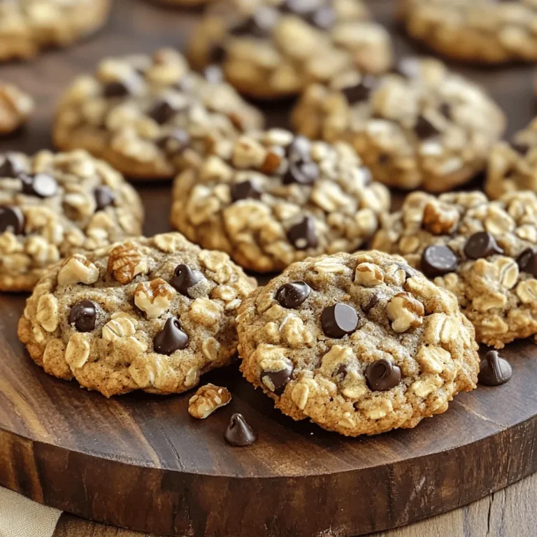 To make these banana oatmeal cookies, gather the following items: - 2 ripe bananas, mashed - 1 cup rolled oats - 1/2 cup almond butter (or any nut butter) - 1/4 cup honey or maple syrup - 1/2 teaspoon vanilla extract - 1/2 teaspoon baking powder - 1/2 teaspoon cinnamon - 1/4 teaspoon salt - 1/3 cup dark chocolate chips (optional) - 1/3 cup chopped walnuts or pecans (optional) You can easily swap some ingredients based on what you have: - Nut butter: Use peanut butter or sunflower seed butter if preferred. - Sweetener: Maple syrup works well if you want to avoid honey. - Add-ins: Feel free to add dried fruits or seeds for extra flavor. These small changes still keep the cookies delicious and healthy. These cookies are not just tasty; they are also good for you. Each cookie has about: - Calories: 120 - Protein: 3g - Carbohydrates: 18g - Dietary Fiber: 2g - Sugars: 5g - Fat: 5g With wholesome ingredients, these cookies provide energy without added guilt. Enjoy these healthy bites as a snack or dessert! For the complete recipe, check the Full Recipe section. To start, gather all your ingredients. You need ripe bananas, rolled oats, almond butter, honey, vanilla, baking powder, cinnamon, salt, and optional dark chocolate chips or nuts. Preheat your oven to 350°F (175°C) and line a baking sheet with parchment paper. In a large bowl, mash the bananas until smooth. Then, add the almond butter and mix well. Next, pour in the honey or maple syrup. Stir in the vanilla extract, baking powder, cinnamon, and salt. Mix everything until it is well combined. Now, gently fold in the rolled oats. If you want more flavor, add the chocolate chips or nuts. This dough should feel thick but sticky. Once your dough is ready, use a tablespoon to scoop it onto the baking sheet. Space the dough balls about 2 inches apart. This gives them room to spread while baking. Bake your cookies for about 12 to 15 minutes. Keep an eye on them. You want the edges to turn lightly golden. The center will look soft, but that's okay! They will firm up as they cool. After baking, take the cookies out of the oven and let them cool for about 5 minutes on the sheet. Then, transfer them to a wire rack to cool completely. For serving, arrange the cookies on a wooden platter. Dust them with a sprinkle of cinnamon for a nice touch. Enjoy your cookies with a warm cup of tea or coffee. These banana oatmeal cookies are a simple and tasty treat! For the full recipe, check the earlier section. To get the best texture, use ripe bananas. They should be soft and sweet. Mash them well until smooth. This helps the cookies stay moist. The oats add chewiness. If you want softer cookies, add a bit more almond butter. For a crunchier cookie, bake them a minute longer. One common mistake is overmixing the dough. Mix just until combined. Overmixing can make cookies tough. Another mistake is not measuring ingredients correctly. Use measuring cups for accuracy. Too much or too little can change the result. Lastly, don't skip the cooling time. Letting cookies cool fully helps them set. To enhance flavors, try adding spices. A pinch of nutmeg or ginger can add warmth. You can also mix in vanilla extract for depth. If you love chocolate, dark chocolate chips are great. Nuts add crunch and flavor too. Try using walnuts or pecans for variety. For a fruity twist, add raisins or dried cranberries. These small changes can make your cookies stand out. Check the Full Recipe for all the details! {{image_2}} You can make these cookies vegan easily. Replace almond butter with sunflower seed butter. Use maple syrup instead of honey. This keeps the cookies sweet and healthy. You’ll still enjoy the same great taste. To make gluten-free banana oatmeal cookies, use certified gluten-free oats. Most oats contain gluten due to cross-contamination. Make sure to check the label. You can also try using almond flour. It adds a nice nutty flavor too. You can customize your cookies with fun flavors. Add nuts like walnuts or pecans for crunch. Dried fruits like raisins or cranberries add sweetness. Chocolate chips make them extra special. You can mix and match to find your favorite blend. Try the Full Recipe for all these tasty options! To keep your banana oatmeal cookies fresh, store them in an airtight container. This helps to lock in moisture and flavor. You can stack the cookies in layers, using parchment paper between them. This way, they won’t stick together. Place the container in a cool, dry place. Avoid direct sunlight. You can freeze these cookies to enjoy later. First, let the cookies cool completely. Then, wrap each cookie in plastic wrap. Place them in a freezer bag or a container. Label the bag or container with the date. You can freeze them for up to three months. When you’re ready to eat, simply thaw them at room temperature. These cookies stay fresh for about five days at room temperature. If you want them to last longer, freezing is best. To check for freshness, look for any signs of mold or an off smell. If they seem dry, they may still taste good, but the texture will change. Always trust your senses! Enjoy your cookies at their best with these storage tips. For the full recipe, check out the earlier sections. Yes, you can use ripe bananas. Ripe bananas add natural sweetness and moisture to your cookies. They also mash easily, making them perfect for mixing. Look for bananas with brown spots; this means they are sweet and ready to use. You can tell when the cookies are done by looking at the edges. They should be lightly golden. The center will still be soft, which is okay. Remember, they will firm up as they cool. Trust your eyes and your nose; you’ll smell that sweet aroma! Yes, you can make these without nut butter. Instead, try using applesauce or yogurt. This will keep the cookies moist and tasty. Just remember that the flavor will change slightly, but they will still be yummy. For the best results, keep the other ingredients the same. Check out the Full Recipe for more tips! This post covered all the key steps to make delicious banana oatmeal cookies. We discussed ingredients, measurements, and nutritional facts. Next, I shared the full process from prepping the dough to baking and cooling. Tips helped ensure your cookies turn out perfectly. We explored tasty variations, like vegan and gluten-free options. Finally, I provided storage tips to keep your cookies fresh. Now, you have everything you need to bake a great treat! Enjoy your cookies and have fun experimenting!