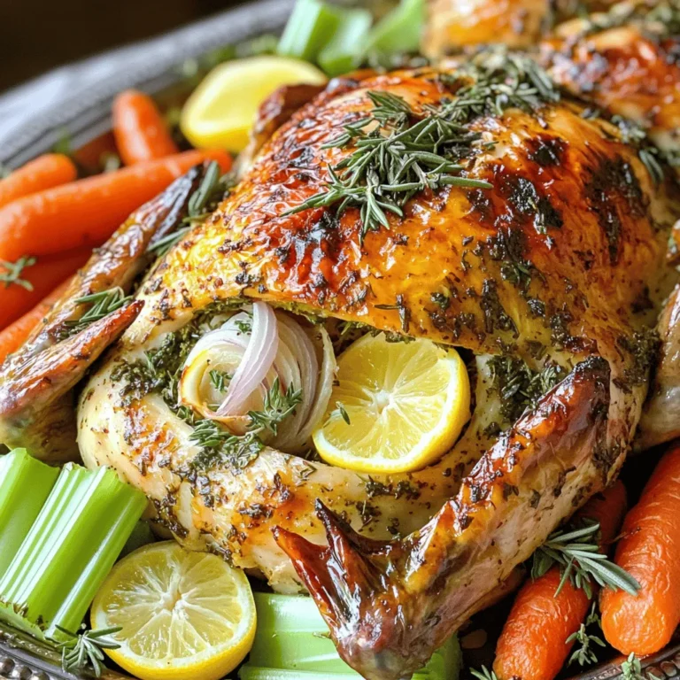 - 1 whole chicken (about 4-5 pounds) - 4 tablespoons olive oil - 1 tablespoon fresh rosemary, chopped - 1 tablespoon fresh thyme, chopped - 1 tablespoon fresh parsley, chopped - 1 lemon, zested and quartered - 4 garlic cloves, minced - 1 teaspoon salt - 1/2 teaspoon black pepper - 1 teaspoon paprika - 1 onion, quartered - 2 carrots, cut into chunks - 2 stalks of celery, cut into chunks - Roasting pan - Sharp knife - Cutting board - Small mixing bowl - Spoon or spatula - Meat thermometer - Paper towels You can add some additional ingredients for extra taste. Consider using: - Fresh sage or oregano for more herb notes - A splash of white wine for a rich sauce - A touch of honey for sweetness - Red pepper flakes for heat Using these ingredients can elevate your dish. You can find the full recipe within this section to guide you through each step. First, gather your ingredients. You will need a whole chicken, herbs, olive oil, garlic, lemon, and some veggies. Prepare your workspace by cleaning the counter. Preheat your oven to 425°F (220°C). This high heat gives the chicken a nice, crispy skin. Next, make the herb paste. In a bowl, mix the olive oil, chopped rosemary, thyme, parsley, minced garlic, lemon zest, salt, black pepper, and paprika. This mix is full of flavor and will make your chicken taste great. Pat the chicken dry using paper towels. Drying the skin helps it crisp up better in the oven. Place the chicken in a roasting pan. Now, gently loosen the skin of the chicken. Be careful not to tear it. Rub half of the herb paste under the skin. Focus on the breast and thighs. This adds flavor directly to the meat. Rub the rest of the paste all over the outside of the chicken. Stuff the chicken cavity with the quartered lemon and onion. This adds moisture and flavor while it cooks. Tuck the wings behind the back to keep them from burning. Arrange the chopped carrots and celery around the chicken in the pan. This creates a tasty base for the chicken to roast on. Place the pan in the oven. Roast the chicken for about 1 hour and 15 minutes. Use a meat thermometer to check for doneness. The chicken should reach an internal temperature of 165°F (75°C). Halfway through, baste the chicken with the pan juices for extra crispiness. Once the chicken is cooked, take it out of the oven. Let it rest for 10-15 minutes before carving. Resting is key because it helps the juices stay in the meat. If you cut too soon, the juices will run out, and the chicken will be dry. For the full recipe and more cooking tips, check out the Full Recipe. To get a nice crispy skin, dry the chicken well with paper towels. Moisture can make the skin soggy. Rub the herb paste under the skin and all over the outside. This helps the skin crisp up as it roasts. Basting the chicken with its juices halfway through also aids in achieving that perfect crunch. Use fresh herbs whenever possible. Fresh rosemary, thyme, and parsley bring bright flavors. You can also try adding sage or oregano for a different taste. If you want a zesty kick, squeeze some lemon juice over the chicken before serving. This will brighten the dish and enhance the flavors. One common mistake is not letting the chicken rest after cooking. This step allows the juices to settle. Cutting too soon can lead to dry meat. Another mistake is overcrowding the roasting pan. This can cause steaming, not roasting. Make sure there is enough space around the chicken for the heat to circulate. For the full recipe, refer back to the main section. {{image_2}} You can change the herbs to create new tastes. For a citrus twist, try using lemon thyme or dill. If you love a bold flavor, rosemary and sage work well together. You can also mix herbs like oregano and basil for an Italian flair. Each herb brings a unique aroma and taste to the chicken. Feel free to experiment and find your favorite combo! You can also make this savory herb roasted chicken in a slow cooker. Start by preparing the herb paste as in the Full Recipe. Rub it on the chicken and place it in the slow cooker. Add your chopped veggies around the chicken. Cook on low for about 6 to 8 hours or until the chicken is tender. This method gives you juicy chicken with less hands-on time. This recipe can easily fit gluten-free or dairy-free diets. All the main ingredients are naturally gluten-free. Just make sure your spices do not contain gluten. For dairy-free options, this recipe is already suitable. The olive oil keeps the chicken moist and flavorful without any dairy. Enjoy this dish without worry, as it meets various dietary needs! After you enjoy your savory herb roasted chicken, store the leftovers right. Let the chicken cool down to room temperature. Once cool, cover it tightly with plastic wrap or foil. You can also place it in an airtight container. This keeps the chicken fresh and tasty for up to four days in the fridge. If you want to save the chicken for longer, freezing is a great option. First, cut the chicken into pieces for easy use later. Wrap each piece in plastic wrap, then place them in a freezer bag. Squeeze out as much air as possible before sealing. You can freeze the chicken for up to three months. Remember to label the bags with the date to track freshness. Reheating your savory herb roasted chicken is easy. Preheat your oven to 350°F (175°C). Place the chicken pieces in a baking dish. Add a splash of chicken broth or water to keep it moist. Cover the dish with foil to trap steam. Heat for about 20-30 minutes, or until warm. For crispy skin, remove the foil for the last 10 minutes. Enjoy the flavors of your delicious meal again! You should cook your chicken for about 15 minutes per pound. For a 4-5 pound chicken, this means about 1 hour and 15 minutes total. Use a meat thermometer to check the thickest part of the chicken. It should reach 165°F (75°C). This ensures the meat is safe and juicy. Yes, you can use dried herbs if you don't have fresh ones. Use about one teaspoon of dried herbs for each tablespoon of fresh herbs. Dried herbs pack a strong flavor, so adjust to your taste. They will still give your chicken great flavor. Roasted chicken pairs well with many sides. Here are some great options: - Mashed potatoes - Steamed green beans - Roasted Brussels sprouts - A fresh garden salad - Garlic bread These sides bring out the chicken's flavors and make a full meal. - Can I marinate the chicken overnight? Yes, marinating enhances flavor and keeps the chicken moist. Use the herb paste as a marinade. - What do I do with leftovers? Store leftovers in an airtight container in the fridge. They last about 3-4 days. - Can I cook this chicken on the grill? Absolutely! You can grill it using indirect heat. This adds a nice smoky flavor. For the complete cooking process, check out the Full Recipe. Savory Herb Roasted Chicken is a rewarding dish that can impress anyone. We covered the key ingredients needed and tools for success. The step-by-step guide ensures perfect cooking. I shared tips for crisp skin and flavor boosts with herbs. Variations help you try new tastes, and I provided storage advice for leftovers. Follow these steps for great results every time. Enjoy your cooking journey and impress your family with this delicious meal!