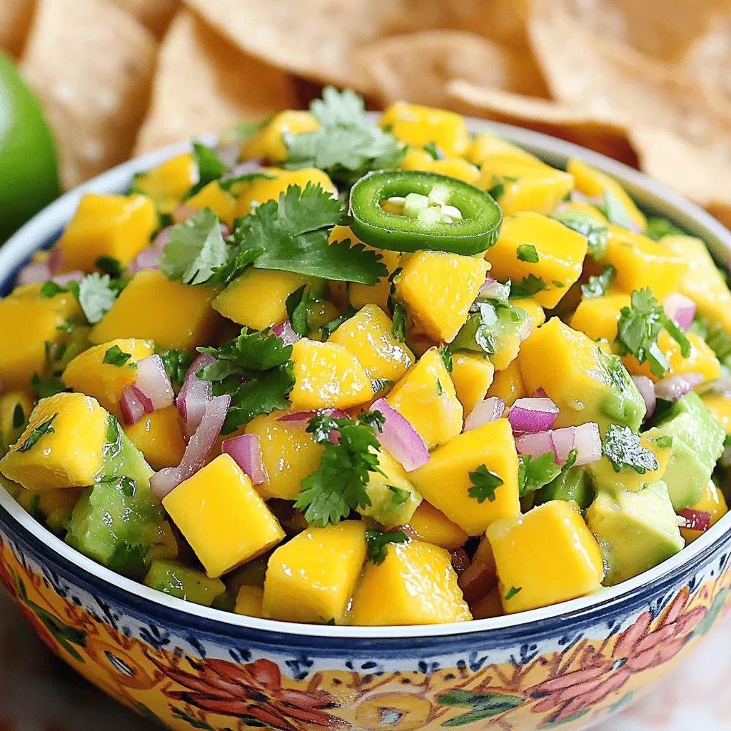 - 1 ripe mango, peeled and diced - 2 ripe avocados, diced - 1 small red onion, finely chopped - 1 jalapeño, deseeded and minced - 1/4 cup fresh cilantro, chopped - Juice of 2 limes - Salt to taste - 1 tablespoon honey (optional for extra sweetness) When measuring ingredients, use a kitchen scale for accuracy. Fresh ingredients make a big difference. Choose ripe mangoes that are slightly soft. Avocados should yield gently when pressed. For onions, select firm ones without blemishes. Fresh cilantro should smell bright and earthy. Limes should feel heavy for their size, indicating juiciness. Fresh ingredients bring flavor and texture to the salsa. Ripe mangoes add a sweet burst. Creamy avocados provide a smooth base. The onion gives crunch and zing. Jalapeño adds heat, while lime brightens every bite. Using fresh herbs like cilantro enhances the taste. For the best salsa, always choose fresh. You can find the Full Recipe for more details on preparation. To make mango avocado salsa, start by gathering all your ingredients. You'll need a ripe mango, two ripe avocados, a small red onion, a jalapeño, fresh cilantro, lime juice, salt, and honey if you want extra sweetness. First, peel and dice the mango. Then, dice the avocados. Combine these fruits in a mixing bowl. Next, finely chop the red onion and mince the jalapeño. Add them to the bowl, followed by the chopped cilantro. Squeeze the juice of two limes over the mixture. If you like it sweeter, drizzle in some honey. Finally, season with salt and mix gently. Let it sit for 10-15 minutes to let the flavors blend. This recipe does not require cooking. It uses fresh ingredients to create a vibrant and tasty salsa. The key is in the chopping and mixing. Be careful not to mash the avocados. You want them to stay chunky for the best texture. Serve the salsa in a colorful bowl. Garnish it with whole cilantro leaves for a nice touch. This salsa pairs well with tortilla chips. You can also use it as a topping for grilled chicken or fish. Enjoy this fresh and flavorful dish! For the full recipe, check out the details above. To make the best mango avocado salsa, balance is key. You want sweet, spicy, and tangy flavors. The ripe mango adds sweetness, while the jalapeño gives heat. Lime juice brings brightness. Use fresh lime juice, not bottled, for the best taste. If you want more sweetness, add honey. This mix of flavors will make your salsa shine. When mixing, be gentle. You want to combine flavors without crushing the avocados. Start by adding the mango and avocado to a bowl. Then, add the red onion and jalapeño. Fold in the cilantro last. This keeps the herbs fresh, bright, and flavorful. Use a large spoon or spatula for mixing. To keep your avocados intact, follow some simple steps. First, use ripe but firm avocados. If they are too soft, they will mash easily. When you mix, stir gently. Don’t press down hard. Let the ingredients come together slowly. If needed, you can add lime juice right away. This helps to keep avocados from browning and makes mixing easier. For the complete method to prepare this delightful dish, check the Full Recipe. {{image_2}} You can spice up your mango avocado salsa easily. If you like heat, try adding more jalapeño or even a pinch of cayenne pepper. You can also use diced serrano peppers for a different flavor. Start small, taste, and add more until it’s just right for you. Feel free to change some ingredients in the salsa. Diced tomatoes give a fresh twist and add color. You can also include corn for a sweet crunch. Black beans can add protein, making the salsa more filling. Mix and match based on what you have at home. There are many ways to enjoy mango avocado salsa. Serve it with crunchy tortilla chips for a snack. You can also use it as a topping for grilled chicken or fish. For a light meal, add it to a taco or salad. The options are endless, so get creative with your serving ideas! For the full recipe, check out the details above. To keep your mango avocado salsa fresh, store it in an airtight container. Make sure to press plastic wrap directly onto the surface before sealing. This helps reduce air and keeps it from browning. Refrigerate your salsa right away to maintain its vibrant colors and flavors. Mango avocado salsa lasts about 1 to 2 days in the fridge. After that, the avocados can turn brown and mushy. For the best taste and texture, enjoy it within this time frame. I recommend checking for any off smells or changes in texture before eating. Always use clean utensils to avoid contamination. Freezing mango avocado salsa is not ideal, but you can do it. If you choose to freeze, use a freezer-safe container. Leave some space at the top for expansion. Note that the texture may change once thawed, so plan to use it in cooked dishes rather than fresh. For best results, freeze without the avocados. Add them fresh when you’re ready to serve. For the full recipe, check the details above. Yes, you can make this salsa ahead of time. However, I suggest you hold off on adding the avocados until right before serving. This keeps them from turning brown. You can mix the other ingredients and store them in the fridge. When you're ready to serve, just add the avocados for freshness. Mango avocado salsa is very versatile. It pairs well with grilled chicken or fish. You can also serve it with tortilla chips for a tasty snack. It makes a great topping for tacos or burritos too. I love it on a fresh salad, adding a burst of flavor. Yes, this salsa is packed with health benefits. Mango is full of vitamins A and C, which boost your immune system. Avocados provide healthy fats that are good for your heart. Cilantro is rich in antioxidants, while lime juice helps with digestion. Together, they make a nutritious and tasty dish. You can easily adjust the sweetness. If you want it sweeter, add more honey. Start with a small amount and taste as you go. If it’s too sweet, add a bit more lime juice to balance it out. The key is to find a flavor that you enjoy. If your avocados are not ripe, there are a few tricks. You can place them in a brown paper bag with an apple or banana. The gases from these fruits help avocados ripen faster. You can also leave them on the counter for a few days. Just check them daily to avoid overripening. In this article, we explored how to make Mango Avocado Salsa. We covered key ingredients, step-by-step instructions, and helpful tips. Remember to use fresh ingredients for the best taste. Mixing flavors and avoiding mushy avocados is key. Try different spices or veggies to enhance your salsa. Keep your leftovers stored right and know how to freeze them. With these tips, you can enjoy this delicious dish anytime. Happy cooking!