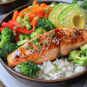 Gathering the right ingredients is key to making tasty Teriyaki Salmon Bowls. Here’s what you need: Salmon and Marinade Ingredients - 2 salmon fillets (about 6 oz each) - 1/4 cup soy sauce (or tamari for gluten-free) - 2 tablespoons honey or maple syrup - 1 tablespoon rice vinegar - 1 tablespoon sesame oil - 2 cloves garlic, minced - 1 inch ginger, grated Rice and Vegetable Ingredients - 1 cup jasmine rice (or brown rice) - 2 cups water - 1 cup broccoli florets - 1 carrot, julienned - 1/2 red bell pepper, sliced - 1 avocado, sliced Optional Garnishes - 2 green onions, chopped - Sesame seeds for garnish - Salt and pepper to taste These ingredients come together to create a meal that is both fun and vibrant. The salmon packs a flavorful punch with its teriyaki glaze. The rice and veggies provide a fresh balance. You can mix and match the vegetables based on your taste. For example, snap peas or cabbage also work well. When you gather these ingredients, think about where they come from. Choosing fresh and sustainable options can make your meal even better. Enjoy the process of cooking and feel proud of the delicious bowl you’ll create. For the complete recipe, check out the Full Recipe section. To start, you need to make the marinade. In a small bowl, whisk together the soy sauce, honey (or maple syrup), rice vinegar, sesame oil, minced garlic, and grated ginger. Mix until smooth. This marinade will give the salmon its sweet and savory flavor. Save half of the marinade for later. You can use it to brush on the salmon while it cooks. Now it’s time to marinate the salmon. Place the salmon fillets in a shallow dish and pour the marinade over them. Cover the dish and let the salmon marinate for at least 15 to 30 minutes. For even flavor, turn the fillets halfway through. This helps the salmon soak up all the tasty goodness. While the salmon marinates, you’ll want to cook the rice. Rinse the jasmine rice under cold water until the water runs clear. This step removes extra starch. In a medium saucepan, combine the rice with 2 cups of water. Bring the mixture to a boil. Then, reduce the heat to low, cover, and simmer for 15 to 18 minutes. The rice is done when the water is absorbed and it is fluffy. Next, steam the vegetables. While the rice cooks, add the broccoli florets to a steaming basket. Steam them for about 5 minutes until they are tender-crisp. For added flavor, you can throw in the julienned carrot and sliced bell pepper for the last 2 minutes. This method keeps the veggies bright and tasty while allowing them to retain their crunch. Now, let’s cook the salmon. Preheat a non-stick skillet over medium-high heat. Once hot, remove the salmon from the marinade and discard the used marinade. Place the fillets skin-side down in the skillet. Cook for 4 to 5 minutes on each side. The salmon is ready when it is opaque and flakes easily with a fork. For extra flavor, brush the reserved marinade on the salmon during the last minute of cooking. Finally, it’s time to assemble the bowls. Fluff the rice with a fork and divide it among your bowls. Top each bowl with a salmon fillet, some steamed vegetables, and a few slices of avocado. Drizzle any remaining marinade over the bowls for more flavor. Finish your bowls by sprinkling chopped green onions and sesame seeds on top. Season with salt and pepper to taste. Presentation matters, so serve the bowls in deep dishes. Layer the rice on the bottom and artfully arrange the salmon, vegetables, and avocado on top. Enjoy your meal! For the complete recipe, check out the Full Recipe. Adjusting Sweetness and Saltiness To make the marinade just right, taste it first. If you want it sweeter, add more honey or maple syrup. For more saltiness, add a touch more soy sauce. Finding your balance will make your salmon shine. Adding Heat Options If you like a kick, add some red pepper flakes or sriracha to the marinade. Start with a little, then taste and add more if you want it spicier. This adds a fun twist to your teriyaki salmon bowls. Avoiding Overcooking Watch the salmon closely while cooking. It cooks fast, usually in about 4-5 minutes per side. When it’s opaque and flakes easily, it’s done. Overcooking can make it dry, which isn't tasty. Techniques for Crispy Skin To get crispy skin, make sure your skillet is hot before adding the salmon. Press down gently with a spatula for the first minute. This helps the skin crisp up nicely, giving you that extra crunch. Using a Rice Cooker A rice cooker makes cooking rice super easy. Just add the rinsed rice and water, then let it do its magic. You’ll get fluffy rice every time, with no fuss. Substitutes for Jasmine Rice If you can’t find jasmine rice, don't worry! You can use brown rice or even quinoa. Both options bring different flavors and textures, keeping your meal fresh and exciting. {{image_2}} You can change the protein in this dish. Try using chicken or tofu instead of salmon. Chicken thighs work great, and they stay juicy. Tofu is an excellent choice for a plant-based meal. Just make sure to press it to remove excess water. You can also mix up the veggies. Instead of broccoli, use snap peas or zucchini. Carrots can be swapped for bell peppers or green beans. This adds color and crunch to your bowls. For those who need gluten-free meals, tamari is your friend. It tastes just like soy sauce but is safe for gluten-free diets. Always check labels to ensure your sauces are gluten-free. If you want a vegan option, use tofu or tempeh instead of salmon. Replace honey with maple syrup for a fully plant-based meal. This keeps all the flavors while meeting dietary needs. Want to kick up the flavor? Add some red pepper flakes for heat. A little sriracha can also spice things up. Try adding a splash of lime juice for a zesty twist. Fresh herbs can boost flavor too. Chopped cilantro or basil adds a fresh taste. You could also use green onions for a mild onion flavor. Experiment with these options to find your favorite combinations. You can find the full recipe [here](#). Refrigeration Guidelines After enjoying your teriyaki salmon bowls, let them cool first. Store leftovers in the fridge within two hours. Use airtight containers to keep them fresh. The salmon and veggies stay good for about three days. Best Containers for Storage Choose glass or BPA-free plastic containers. They help keep the food safe and fresh. Plus, you can see what’s inside easily. Methods for Keeping Salmon Moist To reheat salmon, use a microwave on medium power. Cover it with a damp paper towel. This keeps the salmon moist and tasty. You can also warm it in a skillet on low heat. Add a splash of water to help it steam. Reheating Rice and Vegetables Reheat rice in the microwave with a little water. This adds moisture and avoids dryness. For veggies, use the microwave or a skillet. Heat them until they're warm but not mushy. How to Freeze Bowls Effectively To freeze your teriyaki salmon bowls, let them cool completely. Use freezer-safe containers or bags. Separate the salmon, rice, and veggies for better taste. Label them with the date to track freshness. Thawing and Cooking Frozen Bowls Thaw the bowls in the fridge overnight. If you are in a hurry, use the microwave on the defrost setting. Cook until heated through. Make sure the salmon reaches an internal temp of 145°F for safety. To know if your salmon is cooked, look for a few signs. Perfectly cooked salmon should be opaque and flake easily with a fork. Use a fork to gently pull apart the flesh. If it separates easily, it’s ready. The internal temperature should reach 145°F (63°C). This means it is safe to eat and still juicy. Yes, you can prepare Teriyaki Salmon Bowls ahead of time! You can marinate the salmon the night before. Just store it in the fridge until you are ready to cook. Cook and store the rice and veggies in separate containers. This way, you can easily heat them up when it’s time to eat. Leftovers will stay fresh in the fridge for about three days. You have many options! Try serving your Teriyaki Salmon Bowls with: - Steamed edamame - Cucumber salad - Seaweed salad - Miso soup These sides add extra flavor and texture to your meal. Not all Teriyaki sauces are gluten-free. Traditional soy sauce contains gluten. However, you can use tamari, which is a gluten-free soy sauce. Always check the label to ensure the sauce works for your diet. To serve more people, just multiply the ingredients. For example, if you want to serve four people, double the amount of each ingredient. Use four salmon fillets instead of two. This keeps the flavors balanced while making a larger batch. Remember to adjust cooking times for rice and veggies as needed! For the full recipe, check the Teriyaki Salmon Bowls section above. In this article, we covered the essential components for making Teriyaki Salmon Bowls. You learned about ingredients, step-by-step cooking instructions, and helpful tips. We also explored variations for different diets and storage options. These bowls are easy to customize and perfect for any meal. Enjoy experimenting with flavors, and don’t hesitate to make it your own. With practice, you’ll create a dish that’s not just tasty but also healthy. Keep these tips in mind, and dive into your kitchen with confidence. Happy cooking!