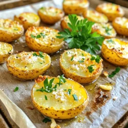 - 2 pounds baby potatoes, halved - 4 tablespoons olive oil - 4 cloves garlic, minced - 1 teaspoon dried oregano - 1 teaspoon paprika - 1 teaspoon sea salt - ½ teaspoon black pepper - ½ cup grated Parmesan cheese - Fresh parsley, chopped (for garnish) To make crispy garlic Parmesan potatoes, you need fresh, quality ingredients. The baby potatoes are perfect because they cook evenly and get crispy. Olive oil adds flavor and helps with crisping. Garlic gives a strong taste that pairs well with Parmesan. Oregano and paprika bring extra depth. Sea salt and black pepper add the right seasoning. Finally, the Parmesan cheese melts and creates a delicious crust. - Calories per serving: About 300 - Macronutrient breakdown: - Carbohydrates: 40g - Protein: 6g - Fats: 14g This dish offers a nice balance of nutrients. The potatoes provide carbs for energy. The Parmesan adds protein and fats, which help keep you full. - Use avocado oil instead of olive oil for a different flavor. - Try nutritional yeast as a cheese alternative for a vegan option. These substitutions can change the dish’s taste while keeping it delicious. Avocado oil has a high smoke point. Nutritional yeast adds a cheesy flavor without dairy. Experiment to find what you like best! 1. First, preheat your oven to 425°F (220°C). This makes sure your potatoes cook well. 2. Line a large baking sheet with parchment paper or lightly grease it. This helps with easy cleanup. 3. In a large mixing bowl, add 2 pounds of halved baby potatoes. 4. Pour in 4 tablespoons of olive oil. 5. Add 4 minced garlic cloves, 1 teaspoon of dried oregano, 1 teaspoon of paprika, 1 teaspoon of sea salt, and ½ teaspoon of black pepper. 6. Toss everything together until the potatoes are well-coated. This step is key for flavor. 1. Spread the seasoned potatoes in a single layer on the baking sheet, cut side down. This promotes a crispy texture. 2. Bake in the preheated oven for 25 minutes. This gives the potatoes a nice start. 3. After 25 minutes, take the baking sheet out of the oven. 4. Sprinkle ½ cup of grated Parmesan cheese evenly over the potatoes. This adds a rich flavor. 5. Put the baking sheet back in the oven and bake for another 10-15 minutes. Look for golden brown and crispy potatoes. - To ensure even cooking, make sure the potatoes are not crowded. This lets the hot air move freely. - Check for doneness by poking a potato with a fork. It should be soft inside but crispy outside. - If you want extra garlic flavor, add more minced garlic before baking. Follow these steps for the best crispy garlic Parmesan potatoes. For the full recipe, check the section above. Enjoy your cooking! To get the best crunch, place the cut side of the potatoes down. This helps them brown well. Make sure they are in a single layer on the baking sheet. Avoid crowding them. Use a hot oven set at 425°F (220°C). This high heat makes them crisp faster. You can add extra herbs like rosemary or thyme for more flavor. Spices can also change the taste. Try adding chili flakes for heat or smoked paprika for a smoky touch. Using flavored oils adds depth too. Garlic-infused olive oil pairs great with this dish. Different ovens can cook differently. If your oven runs hot, check the potatoes a bit earlier. For larger servings, add about 5-10 more minutes to cooking time. For smaller batches, reduce the time slightly. Always check for that golden-brown color for doneness. {{image_2}} You can make crispy garlic Parmesan potatoes even more fun by adding vegetables. Toss in bell peppers for a sweet crunch. Carrots add a nice, earthy flavor. These veggies roast well and add color to your dish. Cheese lovers can change things up too. Instead of Parmesan, try using cheddar or feta. Each cheese brings its own taste, making your dish unique. Mix and match to find your favorite combo! Want to cook these potatoes faster? Try the air fryer! Just toss the seasoned potatoes into the air fryer basket. Cook for about 20 minutes at 400°F (200°C). This method gives you crispy potatoes without needing the oven. You can also grill or cook them on the stovetop. For grilling, place them in a grill basket. Cook on medium heat until they’re tender and crispy. On the stovetop, use a skillet with oil. Cook until golden brown on all sides. For a spicy kick, add chili flakes to your seasoning mix. This adds heat that pairs well with the garlic and cheese. Adjust the amount to your taste! If you prefer fresh flavors, use herbs like rosemary or thyme. Chop them finely and mix them in. Fresh herbs brighten the dish and add a lovely aroma. Experiment until you find the perfect flavor! For the full recipe, check out the Crispy Garlic Parmesan Potatoes recipe above. To keep your crispy garlic parmesan potatoes fresh, place them in an airtight container. Refrigeration works best for leftovers. They stay good for about three to five days. If you want to freeze them, let them cool first. Spread them out on a baking sheet and freeze until solid. Then, transfer them to a freezer bag. They can last up to three months in the freezer. To reheat your potatoes, use the oven for the best results. Preheat it to 375°F (190°C). Spread the potatoes on a baking sheet. Heat them for about 10 to 15 minutes. This keeps them crispy. You can also use an air fryer. Set it to 350°F (175°C) and heat for 5 to 10 minutes. Avoid using the microwave, as it makes them soggy. In the fridge, crispy garlic parmesan potatoes last about three to five days. Check for signs of spoilage before eating. If they smell off or have mold, toss them out. A change in texture can also indicate they are no longer safe to eat. Always trust your senses! You can make crispy garlic parmesan potatoes on the stovetop. Start by boiling the potatoes until they are tender. After boiling, drain them and let them cool. Once cool, cut them in half. Heat olive oil in a large skillet over medium heat. Place the potato halves cut side down in the skillet. Cook them for about 5-7 minutes until they are golden and crispy. Then, add minced garlic, oregano, paprika, salt, and pepper. Stir well and let it cook for another 2-3 minutes. Finally, sprinkle grated Parmesan cheese and cook until melted. This method gives you a deliciously crispy dish without an oven. Yes, you can use regular potatoes. Just cut them into similar sizes as baby potatoes. Aim for 1 to 2-inch chunks. This helps them cook evenly and become crispy. Regular potatoes may take a bit longer to cook, so adjust your time as needed. The flavor will still shine through, creating a tasty dish! Crispy garlic parmesan potatoes pair well with many dishes. They make a great side for roasted meats like chicken or beef. You can also serve them with grilled fish for a lighter option. For a veggie meal, try them with a fresh salad or roasted vegetables. They are versatile and can fit into any meal plan! For the full recipe, check out the [Full Recipe]. This blog post shares a simple and delicious way to make crispy garlic Parmesan potatoes. We covered essential ingredients, cooking steps, and tips for perfecting the dish. Remember, you can switch oils and cheeses for a unique twist. Store leftovers properly to keep them fresh, and don’t hesitate to try other cooking methods. Enjoy experimenting with flavors and serving ideas. Your crispy potatoes will impress everyone at the table. Happy cooking!