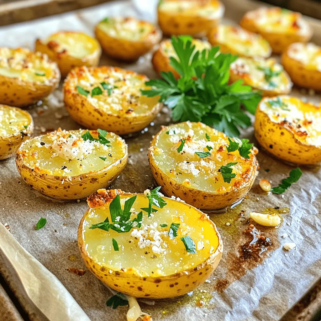 - 2 pounds baby potatoes, halved - 4 tablespoons olive oil - 4 cloves garlic, minced - 1 teaspoon dried oregano - 1 teaspoon paprika - 1 teaspoon sea salt - ½ teaspoon black pepper - ½ cup grated Parmesan cheese - Fresh parsley, chopped (for garnish) To make crispy garlic Parmesan potatoes, you need fresh, quality ingredients. The baby potatoes are perfect because they cook evenly and get crispy. Olive oil adds flavor and helps with crisping. Garlic gives a strong taste that pairs well with Parmesan. Oregano and paprika bring extra depth. Sea salt and black pepper add the right seasoning. Finally, the Parmesan cheese melts and creates a delicious crust. - Calories per serving: About 300 - Macronutrient breakdown: - Carbohydrates: 40g - Protein: 6g - Fats: 14g This dish offers a nice balance of nutrients. The potatoes provide carbs for energy. The Parmesan adds protein and fats, which help keep you full. - Use avocado oil instead of olive oil for a different flavor. - Try nutritional yeast as a cheese alternative for a vegan option. These substitutions can change the dish’s taste while keeping it delicious. Avocado oil has a high smoke point. Nutritional yeast adds a cheesy flavor without dairy. Experiment to find what you like best! 1. First, preheat your oven to 425°F (220°C). This makes sure your potatoes cook well. 2. Line a large baking sheet with parchment paper or lightly grease it. This helps with easy cleanup. 3. In a large mixing bowl, add 2 pounds of halved baby potatoes. 4. Pour in 4 tablespoons of olive oil. 5. Add 4 minced garlic cloves, 1 teaspoon of dried oregano, 1 teaspoon of paprika, 1 teaspoon of sea salt, and ½ teaspoon of black pepper. 6. Toss everything together until the potatoes are well-coated. This step is key for flavor. 1. Spread the seasoned potatoes in a single layer on the baking sheet, cut side down. This promotes a crispy texture. 2. Bake in the preheated oven for 25 minutes. This gives the potatoes a nice start. 3. After 25 minutes, take the baking sheet out of the oven. 4. Sprinkle ½ cup of grated Parmesan cheese evenly over the potatoes. This adds a rich flavor. 5. Put the baking sheet back in the oven and bake for another 10-15 minutes. Look for golden brown and crispy potatoes. - To ensure even cooking, make sure the potatoes are not crowded. This lets the hot air move freely. - Check for doneness by poking a potato with a fork. It should be soft inside but crispy outside. - If you want extra garlic flavor, add more minced garlic before baking. Follow these steps for the best crispy garlic Parmesan potatoes. For the full recipe, check the section above. Enjoy your cooking! To get the best crunch, place the cut side of the potatoes down. This helps them brown well. Make sure they are in a single layer on the baking sheet. Avoid crowding them. Use a hot oven set at 425°F (220°C). This high heat makes them crisp faster. You can add extra herbs like rosemary or thyme for more flavor. Spices can also change the taste. Try adding chili flakes for heat or smoked paprika for a smoky touch. Using flavored oils adds depth too. Garlic-infused olive oil pairs great with this dish. Different ovens can cook differently. If your oven runs hot, check the potatoes a bit earlier. For larger servings, add about 5-10 more minutes to cooking time. For smaller batches, reduce the time slightly. Always check for that golden-brown color for doneness. {{image_2}} You can make crispy garlic Parmesan potatoes even more fun by adding vegetables. Toss in bell peppers for a sweet crunch. Carrots add a nice, earthy flavor. These veggies roast well and add color to your dish. Cheese lovers can change things up too. Instead of Parmesan, try using cheddar or feta. Each cheese brings its own taste, making your dish unique. Mix and match to find your favorite combo! Want to cook these potatoes faster? Try the air fryer! Just toss the seasoned potatoes into the air fryer basket. Cook for about 20 minutes at 400°F (200°C). This method gives you crispy potatoes without needing the oven. You can also grill or cook them on the stovetop. For grilling, place them in a grill basket. Cook on medium heat until they’re tender and crispy. On the stovetop, use a skillet with oil. Cook until golden brown on all sides. For a spicy kick, add chili flakes to your seasoning mix. This adds heat that pairs well with the garlic and cheese. Adjust the amount to your taste! If you prefer fresh flavors, use herbs like rosemary or thyme. Chop them finely and mix them in. Fresh herbs brighten the dish and add a lovely aroma. Experiment until you find the perfect flavor! For the full recipe, check out the Crispy Garlic Parmesan Potatoes recipe above. To keep your crispy garlic parmesan potatoes fresh, place them in an airtight container. Refrigeration works best for leftovers. They stay good for about three to five days. If you want to freeze them, let them cool first. Spread them out on a baking sheet and freeze until solid. Then, transfer them to a freezer bag. They can last up to three months in the freezer. To reheat your potatoes, use the oven for the best results. Preheat it to 375°F (190°C). Spread the potatoes on a baking sheet. Heat them for about 10 to 15 minutes. This keeps them crispy. You can also use an air fryer. Set it to 350°F (175°C) and heat for 5 to 10 minutes. Avoid using the microwave, as it makes them soggy. In the fridge, crispy garlic parmesan potatoes last about three to five days. Check for signs of spoilage before eating. If they smell off or have mold, toss them out. A change in texture can also indicate they are no longer safe to eat. Always trust your senses! You can make crispy garlic parmesan potatoes on the stovetop. Start by boiling the potatoes until they are tender. After boiling, drain them and let them cool. Once cool, cut them in half. Heat olive oil in a large skillet over medium heat. Place the potato halves cut side down in the skillet. Cook them for about 5-7 minutes until they are golden and crispy. Then, add minced garlic, oregano, paprika, salt, and pepper. Stir well and let it cook for another 2-3 minutes. Finally, sprinkle grated Parmesan cheese and cook until melted. This method gives you a deliciously crispy dish without an oven. Yes, you can use regular potatoes. Just cut them into similar sizes as baby potatoes. Aim for 1 to 2-inch chunks. This helps them cook evenly and become crispy. Regular potatoes may take a bit longer to cook, so adjust your time as needed. The flavor will still shine through, creating a tasty dish! Crispy garlic parmesan potatoes pair well with many dishes. They make a great side for roasted meats like chicken or beef. You can also serve them with grilled fish for a lighter option. For a veggie meal, try them with a fresh salad or roasted vegetables. They are versatile and can fit into any meal plan! For the full recipe, check out the [Full Recipe]. This blog post shares a simple and delicious way to make crispy garlic Parmesan potatoes. We covered essential ingredients, cooking steps, and tips for perfecting the dish. Remember, you can switch oils and cheeses for a unique twist. Store leftovers properly to keep them fresh, and don’t hesitate to try other cooking methods. Enjoy experimenting with flavors and serving ideas. Your crispy potatoes will impress everyone at the table. Happy cooking!