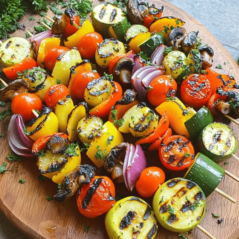- Zucchini - Bell Pepper - Red Onion - Cherry Tomatoes - Mushrooms - Olive Oil - Garlic Powder - Smoked Paprika - Dried Oregano - Salt and Pepper - Fresh Parsley (for garnish) The key to great grilled vegetable skewers is quality ingredients. Start with fresh produce. The vegetables should be firm and colorful. You want them to shine on the grill. Here’s a closer look at each ingredient: - Zucchini: Slice it into thick rounds. This keeps it juicy and tender. - Bell Pepper: Use red or yellow. They add sweetness and color. - Red Onion: Cut it into wedges. This gives a bold flavor when grilled. - Cherry Tomatoes: Use whole for a burst of sweetness. They cook quickly and add color. - Mushrooms: Whole or halved works well. They absorb flavors and add earthiness. Now, let’s talk about the seasoning. The right mix brings out the natural flavors of the vegetables. - Olive Oil: This adds richness and helps the spices stick. - Garlic Powder: A must for depth. It gives a nice kick without overpowering. - Smoked Paprika: This adds a lovely smokiness. It’s like a hint of barbecue. - Dried Oregano: This brings a Mediterranean touch. It pairs well with all the veggies. - Salt and Pepper: Simple but essential. They enhance the overall taste. - Fresh Parsley: Use it as a garnish. It adds a pop of color and freshness. For the Full Recipe, check the details at the start of this article. Each ingredient plays a role in making your skewers delicious and visually appealing. Enjoy the process of selecting and preparing them! Preheating the Grill Start by preheating your grill. Set it to medium-high heat, around 400°F or 200°C. This step is key for cooking the vegetables evenly. Soaking Wooden Skewers If you use wooden skewers, soak them in water for 30 minutes. This helps stop them from burning on the grill. Slicing and Cutting Next, slice the vegetables. Cut the zucchini into thick rounds. Dice the bell pepper into squares. Wedge the red onion. Halve the cherry tomatoes and mushrooms if needed. Mixing Vegetables in a Bowl Put all the sliced vegetables in a large bowl. Mix them well. This helps the flavors blend. Threading on Skewers Grab your soaked skewers. Start threading the vegetables onto the skewers. Alternate types of vegetables for a colorful look. Arranging for Aesthetic Appeal Leave some space between each piece. This ensures they cook evenly and look great on the plate. Cooking Time and Temperature Place the skewers on the hot grill. Cook them for about 10-12 minutes. The heat helps bring out the natural flavors. Turning the Skewers for Even Cooking Turn the skewers occasionally. This action helps all sides get those lovely grill marks. Enjoy the smell as they cook! - Temperature Control: Set your grill to medium-high heat. This gives a nice sear. The right heat helps the veggies cook evenly. If the grill is too hot, they may burn. Use a thermometer to check that it’s around 400°F or 200°C. - Timing When to Turn: Grill the skewers for about 10-12 minutes. Turn them every 3-4 minutes. This helps to get those perfect grill marks. Don’t rush, as turning too soon can stick to the grill. - Avoiding Overcrowding: Don’t pack the skewers too tightly. Each piece should have space. This allows heat to reach all sides, cooking them evenly. - Leaving Space Between Vegetables: Leave gaps between veggies on the skewer. This helps them get nice char marks. Plus, it makes them look pretty and colorful. - Marinade Tips: Soak your vegetables in olive oil and seasonings for at least 30 minutes. This adds flavor deep into the veggies. You can try different marinades, like balsamic vinegar or lemon juice. - Additional Seasonings to Try: Besides garlic powder and smoked paprika, try herbs like thyme or rosemary. A sprinkle of chili flakes can add heat. Experiment with your favorites to create unique flavors. For a full recipe, check out the details in the Full Recipe section. {{image_2}} You can change up your skewers by using seasonal vegetables. In summer, add fresh corn or eggplant. In fall, try squash or Brussels sprouts. Winter brings hearty options like carrots and parsnips. The key is to pick veggies that are fresh and in season. They taste better and add color to your dish. You can also substitute with fruits. Pineapple adds sweetness. Peaches bring a nice twist. Just remember, fruits cook faster than veggies. Keep an eye on them to avoid mushiness. You can grill your skewers in different ways. An outdoor grill gives a smoky flavor. Make sure it's preheated well. This will help achieve those nice grill marks. If you don’t have an outdoor grill, you can use your oven. Just set it to broil. Place the skewers on a baking sheet. This method works well, and you still get a great taste. Using a grill pan is another option. It’s perfect for indoor cooking. Just heat the pan on medium-high. The ridges will create grill marks and help with even cooking. Adding flavor is easy with marinades and sauces. A simple mix of olive oil, lemon juice, and herbs works great. You can let the veggies soak in it for an hour. This will boost the taste of your skewers. You can also try different sauces after grilling. A drizzle of balsamic glaze adds depth. You can use pesto for a fresh touch. Topping your skewers with fresh herbs like basil or cilantro can elevate your dish. For more detailed steps on preparing these delicious skewers, check out the Full Recipe. To store grilled vegetable skewers, let them cool first. Place them in an airtight container. This keeps them fresh and prevents drying out. You can put parchment paper between layers if stacking. For safe refrigeration, keep them in the fridge for up to 3 days. After that, the veggies may lose flavor and texture. Always check for any signs of spoilage before eating. When you want to reheat your skewers, the best method is using the oven. Preheat your oven to 350°F (175°C). Place the skewers on a baking sheet and cover them with foil. This keeps them moist while heating. You can also use a grill or stovetop. Heat a grill pan over medium heat. Turn the skewers every few minutes until warm. This method helps maintain their texture and flavor. Avoid microwaving, as it can make them soggy. For the full recipe, check back at the beginning of the article. To stop veggies from burning, keep them moist. Brush them with olive oil. This helps lock in moisture and adds flavor. Set your grill to medium-high heat. This way, the vegetables cook well without burning. Turn them often for even cooking. Yes, you can prepare skewers ahead of time. Just store them in the fridge. Wrap them tightly with plastic wrap. This keeps them fresh and tasty. Aim to grill within 24 hours for the best flavor. You can also chop veggies a day before. Just store them in a sealed container. I love to serve these skewers with hummus or tzatziki. They add a nice creaminess. Try a balsamic glaze for a sweet touch. For a spicy kick, serve with sriracha or chimichurri. These sauces pair well with the grilled flavors. For the complete recipe steps and ingredients, check out the [Full Recipe] for Grilled Rainbow Vegetable Skewers. Grilled vegetable skewers are easy and fun to make. You learned about choosing the right veggies and perfect seasonings. We also covered grilling tips for great flavor and texture. Remember to add your favorite sauces for extra delight. Whether it's a summer cookout or a cozy dinner, these skewers can fit any meal. Enjoy experimenting with different vegetables and techniques. Your next grilling adventure awaits!