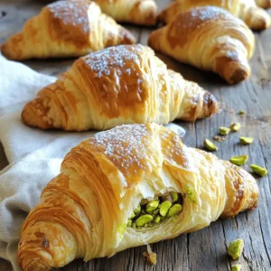 - 2 cups all-purpose flour - 1/2 cup unsalted butter, cold and cubed - 1/4 cup granulated sugar - 1/2 teaspoon salt - 1/2 cup milk, warmed - 1 packet (2 1/4 teaspoons) active dry yeast - 1 large egg, for egg wash When making croissants, the dough needs the right balance of ingredients. The flour gives structure, while cold butter adds flakiness. Sugar adds a touch of sweetness. Salt enhances all the flavors. Warm milk helps activate the yeast, which is vital for rising. Finally, the egg wash gives a lovely golden color when baked. - 1 cup shelled roasted pistachios - 1/4 cup powdered sugar - 1 tablespoon honey - 1/2 teaspoon vanilla extract - 1/4 cup cream cheese, softened The filling is where the magic happens. Pistachios provide a rich, nutty flavor. Powdered sugar adds sweetness, while honey gives it a sticky texture. Vanilla extract enhances the taste, and cream cheese makes it creamy. This filling is smooth and delightful. - Chocolate chips - Almond extract - Orange zest Feel free to get creative! Chocolate chips add richness, while almond extract boosts flavor. A hint of orange zest gives a fresh twist. These options let you customize your croissants to your taste. Remember to check the [Full Recipe] for all the details! - Combine warm milk and yeast in a bowl. - Wait for 5-10 minutes until bubbly. To start, you need to activate the yeast. Warm milk helps wake up the yeast. When it gets bubbly, it means it's ready. This step is vital for fluffy croissants. - Combine flour, sugar, and salt in a mixing bowl. - Cut in butter until coarse crumbs form. - Mix in the activated yeast mixture. Next, mix flour, sugar, and salt in a big bowl. Then, add cold butter. Use your fingers or a pastry cutter to make crumbs. After that, add the bubbly yeast mixture. This forms your dough. Knead it gently on a floured surface for 2-3 minutes. - Blend pistachios, powdered sugar, honey, vanilla extract, and cream cheese. - Pulse until smooth and set aside. Now it’s time for the filling. In a food processor, blend shelled pistachios, powdered sugar, honey, vanilla extract, and cream cheese. Pulse until you get a smooth mix. This will be the tasty surprise inside your croissants. - Roll out dough and cut it into triangles. - Add filling and roll into a crescent shape. After making the dough and filling, roll out the dough into a large rectangle. Cut it into triangles, about 4 inches wide. Place a spoonful of filling at the wide end of each triangle. Roll it tightly to form a crescent shape. - Let croissants rise for 1 hour. - Brush with egg wash and bake. Place the croissants on a baking sheet lined with parchment paper. Cover them with a towel and let them rise in a warm spot for 1 hour. Preheat your oven to 375°F (190°C). Brush the croissants with beaten egg for a golden finish. Bake for 15-20 minutes until puffed and golden brown. Enjoy these delicious pistachio-filled croissants! For more details, refer to the Full Recipe. To make great croissants, start with cold ingredients. Cold butter helps create flaky layers. If the butter warms up, your dough will not rise well. Remember to chill the dough for at least one hour. This step is key to a light and airy croissant. When adding the pistachio filling, control the amount. Too much filling can make your croissants overflow. Just a spoonful at the wide end works best. Always use fresh pistachios for the best taste. The flavor of fresh nuts is bright and rich. An egg wash gives your croissants a nice shine. Beat the egg well and brush it on before baking. This helps create a golden crust. To ensure perfect baking, use an oven thermometer. It helps you know if your oven is at the right temperature. {{image_2}} You can make your pistachio filled croissants even sweeter. Try adding chocolate or fruit fillings. A few chocolate chips can melt inside for a rich taste. Or mix in some fruit preserves for a fruity twist. You can also experiment with spices like cinnamon. A touch of cinnamon adds warmth and depth to the pistachio filling. These simple changes can turn your croissants into a delightful treat. Savory options can surprise your taste buds. Incorporate cheese or herbs into the pistachio mixture. Cream cheese and herbs can give a lovely flavor. You could also try different nut fillings. Almonds or hazelnuts can complement pistachios well. Each nut brings its own unique flavor. This way, you can create a mix of sweet and savory bites. You can adjust this recipe to fit dietary needs. Use gluten-free flour instead of all-purpose flour. This makes it friendly for those with gluten issues. For a vegan option, swap out butter and cream cheese with plant-based alternatives. Look for vegan butters and cream cheeses at your store. These swaps help everyone enjoy pistachio filled croissants. You can store your croissants at room temperature for about 2 days. This keeps them fresh and tasty. If you want them to last longer, place them in the fridge. This will help maintain their quality for a few more days. To freeze croissants, wrap them tightly. Use plastic wrap or foil to ensure they stay fresh. Then, place them in freezer-safe bags. You can keep them in the freezer for up to a month. This way, you can enjoy your pistachio filled croissants later! When you want to eat your croissants, you can reheat them in the oven. This will make them crispy again. Place them in a preheated oven at 350°F (175°C) for about 10 minutes. If you prefer a softer texture, use the microwave instead. Heat them for about 15-20 seconds, but be careful not to overdo it! Enjoy your warm, delicious croissants! Use a warm environment or oven for proofing. A warm spot helps yeast grow. You can turn on your oven to 200°F for a few minutes, then turn it off. Place the dough inside to rise. It works well! Yes, if in a pinch; however, homemade is recommended. Store-bought saves time but lacks fresh flavor. Making your own dough lets you control the taste and texture. Plus, it feels special! Options include almond paste, chocolate, or fruit preserves. Almond paste gives a nutty taste. Chocolate adds sweetness, while fruit preserves bring a fruity flavor. Feel free to mix and match! Check local bakeries or specialty shops. Some grocery stores may also sell them. If you want the freshest taste, try making them at home with the Full Recipe. Yes, with clear instructions and tips provided! I made sure to break down each step. You can follow along easily. Cooking can be fun and rewarding. Serve warm with coffee or tea for the best experience. The warm croissants pair nicely with a hot drink. Enjoy them fresh out of the oven! Making croissants at home is a fun adventure. You learned about the main ingredients and steps to create light, flaky pastry. The pistachio filling adds a delightful twist, while various tips help achieve perfect results. Remember to experiment with different fillings and storage methods. Enjoy this tasty treat fresh, and share your creations with friends. Baking can be simple and rewarding, so go ahead and try it for yourself!