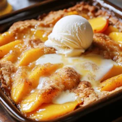 To make this easy peach cobbler, you will need: - 4 cups fresh peaches, sliced (or canned peaches, drained) - 1 cup sugar, divided - 1 tablespoon lemon juice - 1 teaspoon ground cinnamon - 2 cups Bisquick baking mix - 1 cup milk - 1/2 cup unsalted butter, melted - 1 teaspoon vanilla extract These simple ingredients create a warm and tasty dessert that everyone enjoys. You can use fresh or canned peaches for this recipe. Fresh peaches taste great and bring a nice texture. They can be sweet or tart, depending on the type. If fresh peaches are out of season, canned peaches work well too. Just drain them well to avoid extra liquid in your cobbler. Both options give you a delicious treat. To make peach cobbler, gather these tools: - A sharp knife for slicing peaches - A mixing bowl for combining ingredients - A whisk for mixing the batter - A greased baking dish to hold the cobbler - An oven to bake the dish These tools make the cooking process easy and fun. Now you are ready to whip up a peach cobbler with Bisquick! For the complete recipe, check out the Full Recipe section. Start by washing the peaches. If you're using fresh peaches, slice them into thin pieces. For canned peaches, drain them well. Place the peaches in a large bowl and add 1/2 cup of sugar, lemon juice, and cinnamon. Mix gently until the peaches are well coated. This step helps to bring out the sweet flavor of the peaches. Pour the peach mixture into a greased baking dish. In a separate bowl, combine 2 cups of Bisquick baking mix with the remaining 1/2 cup of sugar. Add in the milk, melted butter, and vanilla extract. Whisk until the batter is smooth. This batter will create a nice, fluffy topping for your cobbler. Make sure there are no lumps in the mix. Preheat your oven to 375°F (190°C). Once preheated, pour the Bisquick batter over the peaches in the baking dish. Spread it out evenly, but do not stir. The batter will rise and create a lovely topping while baking. Bake for about 35-40 minutes. The top should turn golden brown, and a toothpick inserted in the center should come out clean. Once it’s done, let it cool for a few minutes before serving. To get that perfect cobbler texture, remember a few key steps. First, use fresh peaches when you can. Fresh fruit gives the best flavor. If you use canned peaches, make sure to drain them well. This prevents excess liquid from making your cobbler soggy. When mixing the Bisquick batter, don’t over-mix it. Stir until just combined. This keeps your topping light and fluffy. Peach cobbler shines when served warm. I love adding a scoop of vanilla ice cream on top. The cold ice cream melts into the warm cobbler, creating a tasty mix. You can also drizzle caramel sauce over it for a sweet twist. For a fun touch, sprinkle some cinnamon on top before serving. It makes each bite even more special! One common mistake is stirring the batter into the peach mixture. Don’t do it! Pour the batter on top and let it rise as it bakes. Another mistake is not preheating the oven. Always preheat your oven to 375°F (190°C) before baking. This step is vital for even cooking. Lastly, keep an eye on baking time. Every oven is different. Check your cobbler around 35 minutes to avoid over-baking. For the complete details on making this delicious dessert, check the Full Recipe. {{image_2}} You can make your peach cobbler even tastier with spices and extracts. Try adding nutmeg for warmth or ginger for a spicy kick. A splash of almond extract can give a nice twist. Just a little goes a long way. Add these flavors to the peach mix before you bake. It will change the taste in a fun way. Peaches are great, but you can mix in other fruits too. Try adding blueberries or raspberries for a burst of color and flavor. Apples can work well too; they add a crunchy texture. You can use fresh or frozen fruits. Just remember to adjust the sugar based on their sweetness. This way, you create your own unique version of peach cobbler. If you want a gluten-free dessert, Bisquick has a gluten-free mix. It works well as a perfect substitute. Just follow the same measurements in the recipe. The taste and texture remain delicious. You can enjoy a warm slice of peach cobbler without worrying about gluten. It’s a simple swap that keeps your treat friendly for everyone. To store leftover peach cobbler, let it cool to room temperature. Cover the dish tightly with plastic wrap or aluminum foil. This keeps the cobbler moist and fresh. You can also transfer it to an airtight container. Store it in the fridge for up to 3 days. If you want to freeze peach cobbler, follow these steps. First, cool the cobbler completely. Cut it into square servings. Wrap each piece tightly in plastic wrap. Place the wrapped pieces in a freezer bag. Label the bag with the date. You can freeze it for up to 3 months. To reheat your peach cobbler, preheat your oven to 350°F (175°C). Remove the cobbler from the fridge or freezer. If frozen, let it thaw in the fridge overnight. Place the cobbler in an oven-safe dish. Cover it with foil to prevent it from drying out. Bake for 20-25 minutes, or until heated through. Enjoy it warm, perhaps with a scoop of vanilla ice cream! Yes, you can use regular flour instead of Bisquick. However, you need to add baking powder and salt to mimic the Bisquick mix. For every cup of flour, add 1.5 teaspoons of baking powder and a pinch of salt. This mix will help your peach cobbler rise and become fluffy. The peach cobbler bakes for about 35 to 40 minutes. You want the top to turn golden brown. To check if it’s done, insert a toothpick in the center. If it comes out clean, your cobbler is ready. Yes, you can use frozen peaches. Just thaw them first and drain any excess water. Frozen peaches work well, but they may make the cobbler a bit juicier. This can add to the flavor, so don’t worry too much! For the full recipe, check out the Peach Cobbler Delight section. This blog post covered how to make peach cobbler with Bisquick. We explored the full ingredient list, tools needed, and step-by-step baking instructions. I shared tips for the perfect texture and common mistakes to avoid. We also looked at flavor variations and proper storage techniques. Peach cobbler is a simple yet delicious treat you can enjoy anytime. With these strategies, you can create a perfect dessert that suits your tastes and needs. Happy baking!