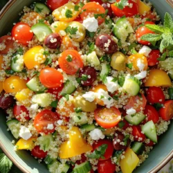 - Quinoa: This tiny seed packs a big punch. It's rich in protein and fiber. Quinoa is gluten-free and works well in salads. - Fresh Vegetables: Use bright cherry tomatoes, crisp cucumbers, and sweet bell peppers. These add color and crunch. Red onion brings a nice bite to the mix. Kalamata olives add a briny flavor, making the salad even tastier. - Herbs: Fresh parsley and mint are key. They add a burst of flavor. These herbs brighten up the dish and give it a fresh taste. - Olive Oil: A must-have for any salad. It adds richness and helps blend the flavors. Use a high-quality extra virgin olive oil for the best taste. - Lemon Juice: This adds acidity and brightness. Fresh lemon juice balances the flavors and makes the salad refreshing. - Seasoning: Don’t forget salt and pepper! They enhance the taste of all the ingredients. Adjust to your liking for the best flavor. For the full recipe, check out the Mediterranean Quinoa Salad 🥗. To start, rinse the quinoa in cold water. This step removes the bitter coating called saponin. Use a fine-mesh sieve to make this easy. Next, add 1 cup of rinsed quinoa and 2 cups of vegetable broth or water to a medium pot. Bring the pot to a boil over high heat. Once it boils, reduce the heat to low. Cover the pot and let it simmer for about 15 minutes. The quinoa will absorb all the liquid. After 15 minutes, take the pot off the heat and let it sit covered for 5 more minutes. Now, fluff the quinoa with a fork. This helps separate the grains. Spread it out on a plate to cool. While the quinoa cools, it’s time to chop your veggies. Use a sharp knife for safety and ease. Start by halving the cherry tomatoes. Then, dice the cucumber and bell pepper into small pieces. Next, finely chop the red onion. Finally, halve the Kalamata olives. In a large mixing bowl, add all the chopped vegetables. This bowl will hold the quinoa later, so make sure it’s big enough. In a small bowl, whisk together the dressing. Combine 2 tablespoons of olive oil, 2 tablespoons of lemon juice, and a pinch of salt and pepper. Whisk until it’s well mixed. Now, add the cooled quinoa to the bowl with the veggies. Toss gently to mix everything. Then, pour the dressing over the top. Toss again to coat all the ingredients evenly. If you want, sprinkle crumbled feta cheese, fresh parsley, and mint into the salad. Toss once more, and it's ready to serve. For the full recipe, check out the instructions above. Enjoy! To make a great quinoa salad, focus on two key parts: texture and flavor. - Achieving the right texture Start by rinsing the quinoa well. This removes the bitter coating called saponin. Use a ratio of 1 cup quinoa to 2 cups broth or water. Cook it until all the liquid absorbs. After cooking, let it rest for 5 minutes. Fluff it with a fork to keep it light and airy, not mushy. - Balancing flavors with herbs and spices Fresh herbs bring life to the salad. I love using parsley and mint. They add bright notes. A splash of lemon juice brightens the dish. Salt and pepper enhance the overall taste. Adjust these to your liking for a personal touch. Presentation matters. A well-presented dish makes the meal more inviting. - Presentation ideas Serve the salad in a big bowl. Top it with extra feta and mint leaves. This adds color and a fresh look. You can also layer it in clear cups for a fun twist. - Pairing with proteins for a complete meal To make the salad a full meal, add protein. Grilled chicken, shrimp, or chickpeas work well. These options complement the flavors and make the dish filling. Pairing it with a protein makes it a perfect main course. For more details on preparing this tasty dish, check the Full Recipe. {{image_2}} You can easily make this salad vegan. To do this, skip the feta cheese. Instead, you can use avocado for a creamy touch. It adds healthy fats and a nice flavor. Another option is to add nutritional yeast for a cheesy taste without dairy. For protein, consider chickpeas or black beans. They boost the protein level and make the dish more filling. Just rinse and drain them before adding. You can also add roasted tofu. It brings a chewy texture that complements the salad well. You can swap in seasonal veggies to keep things fresh. In summer, use zucchini or bell peppers for crunch. In winter, consider roasted sweet potatoes or beets for warmth. They add color and flavor. Try different dressings to keep it interesting. A balsamic vinaigrette can add sweetness. A tahini dressing gives a creamy texture and nutty flavor. You can also use a spicy harissa dressing for a kick. This keeps your Mediterranean quinoa salad exciting and new every time. For the full recipe, check out the [Full Recipe]. To keep your Mediterranean quinoa salad fresh, store it in an airtight container. Make sure it cools to room temperature before sealing. This helps prevent moisture buildup. Place the container in the fridge. Your salad will stay fresh for about three to five days. If you want to keep the flavors bright and tasty, store the dressing separately. Add it just before serving. This keeps the veggies crisp and prevents sogginess. Can you reheat quinoa salad? Yes, but it’s best served cold. If you prefer it warm, gently heat it in a pan. Add a splash of water or olive oil for moisture. Stir until heated through, but don’t cook it too long. For leftovers, enjoy the salad as a quick snack or lunch. You can also add it to wraps or bowls. Mixing it with grilled chicken or shrimp makes a great meal. Try adding a bit more lemon juice to brighten the flavors again. A Mediterranean quinoa salad is a fresh dish that mixes quinoa with veggies and herbs. This salad comes from the Mediterranean region, known for its vibrant flavors and healthy ingredients. It is colorful, tasty, and packed with nutrients. The main ingredients include cherry tomatoes, cucumbers, bell peppers, olives, and feta cheese. This salad is perfect for lunch, dinner, or a side dish. To enhance the flavor of your quinoa salad, start by using vegetable broth instead of water. This small change adds depth to the quinoa. Add fresh herbs like parsley and mint to bring a burst of freshness. Try different spices like cumin or paprika for a unique twist. A splash of red wine vinegar can brighten the salad too. Lastly, don’t forget to taste as you go. Adjust the salt and pepper to your liking. Yes, you can make this salad ahead of time. To prep, cook the quinoa and chop the vegetables. Store them separately in the fridge until ready to serve. You can mix everything together just before serving. This way, the veggies stay crisp, and the flavors stay fresh. The salad will last up to three days in the fridge, but it tastes best within the first two days. This salad pairs well with many dishes. For protein, try grilled chicken, fish, or chickpeas. A side of hummus or tzatziki adds creaminess. If you want more crunch, serve it with pita chips or fresh bread. This salad can also complement a light soup or a roasted vegetable platter. It’s a versatile dish that can fit any meal! In this blog post, we explored the essentials of a Mediterranean quinoa salad. We covered the main ingredients, including quinoa, fresh vegetables, and herbs. You learned how to cook quinoa, prep veggies, and combine everything for a tasty dish. Offering tips for perfecting flavors and presenting your salad enhanced the appeal. Lastly, we discussed storage and variations, ensuring you can customize your salad. Enjoy making this delicious, healthy choice that fits many diets and preferences!